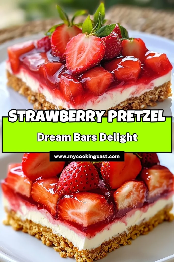 Indulge in these delicious Strawberry Pretzel Bars, the perfect blend of sweet and salty. This easy pretzel dessert recipe features a creamy cream cheese layer topped with fresh strawberries and a delightful strawberry jelly topping. Perfect for any occasion, these No-Bake Strawberry Bars are a crowd-pleaser! Try this Cream Cheese Dessert Bars recipe today and bring joy to your dessert table! Save for later! #StrawberryDesserts #EasyDesserts #NoBakeRecipe #PretzelBars