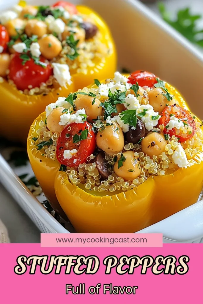 Discover the delicious blend of flavors in these Mediterranean stuffed peppers! This healthy stuffed pepper recipe features quinoa and chickpeas, making it a wholesome vegetarian option. Perfect for meal prep or as a light dinner, these quinoa stuffed peppers are packed with nutrients and taste. Dive into this easy Mediterranean recipe and impress your family and friends! Save this recipe for later! #MediterraneanStuffedPeppers #HealthyRecipes #VegetarianMeals #StuffedPeppers