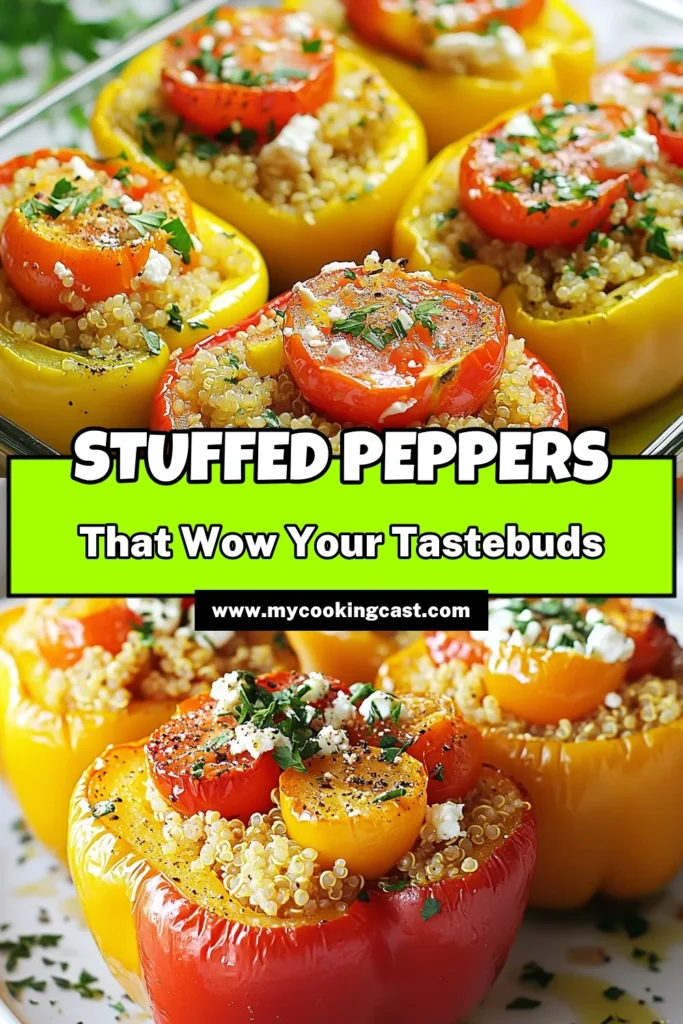 Discover the deliciousness of Mediterranean stuffed peppers with this easy baked stuffed peppers recipe! These quinoa stuffed bell peppers are packed with wholesome ingredients like chickpeas, cherry tomatoes, and feta, making them a fantastic choice for healthy Mediterranean recipes. Perfect as a filling vegetarian meal, this recipe serves four and is bound to become a favorite. Save this for your next cooking adventure! #MediterraneanStuffedPeppers #HealthyRecipes #VegetarianCooking #QuinoaStuffedPeppers