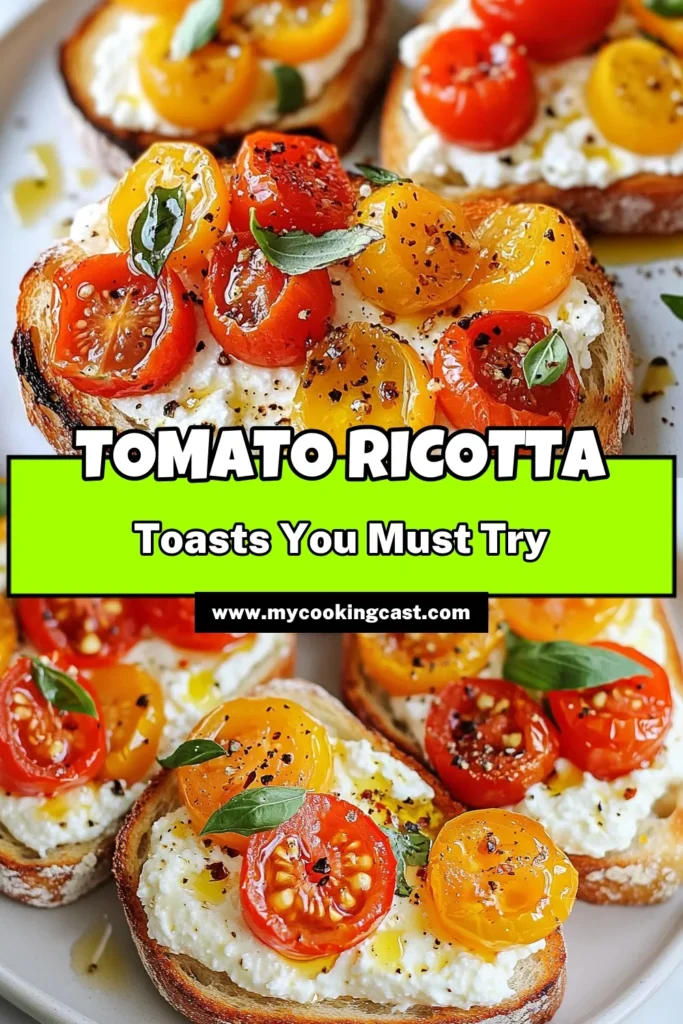 Savor the deliciousness of Ricotta Tomato Toast made with fresh cherry tomatoes! This easy toast recipe is perfect as a healthy snack idea or a stunning cherry tomato appetizer for any gathering. Elevate your sourdough toast toppings with creamy ricotta, flavorful tomatoes, and fragrant basil. Ready in just 30 minutes, it's a must-try! Save this recipe now and impress your guests! #RicottaTomatoToasts #EasyToastRecipe #HealthySnacks #CherryTomatoAppetizer