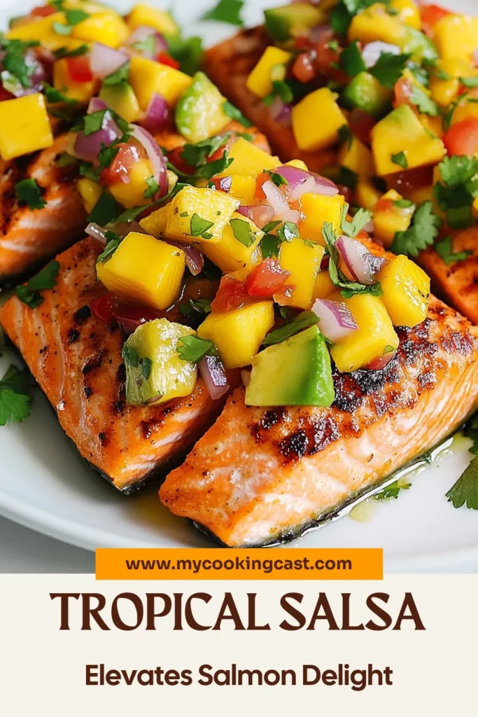 Looking for a delicious and nutritious meal? Try this Mango Avocado Salsa recipe paired with perfectly grilled salmon fillets. This healthy salmon dish is not only easy to prepare but bursting with flavor and freshness. The tropical salsa for fish combines mango, avocado, and spices for a refreshing twist. Perfect for any weeknight dinner or special occasion! Save this recipe for your next meal. #MangoAvocadoSalsa #HealthySalmon #GrilledSalmonWithSalsa #SalmonFilletRecipes
