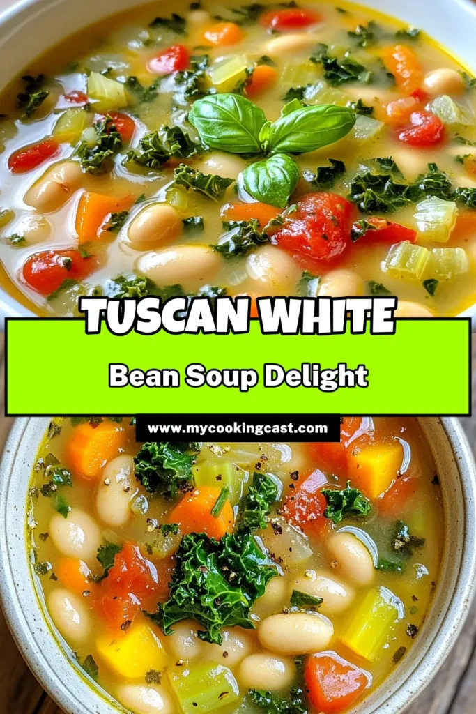 Discover a delicious and healthy Tuscan white bean soup that's perfect for any meal! This easy cannellini bean soup combines kale and fresh vegetables to create a flavorful vegetable soup recipe you'll love. Ideal for busy weeknights, this vegetarian soup with kale is not only nutritious but also comforting. Try this healthy bean soup recipe today and enjoy a bowl of warmth. Save it for later! #TuscanWhiteBeanSoup #HealthySoup #Vegetarian #SoupRecipes