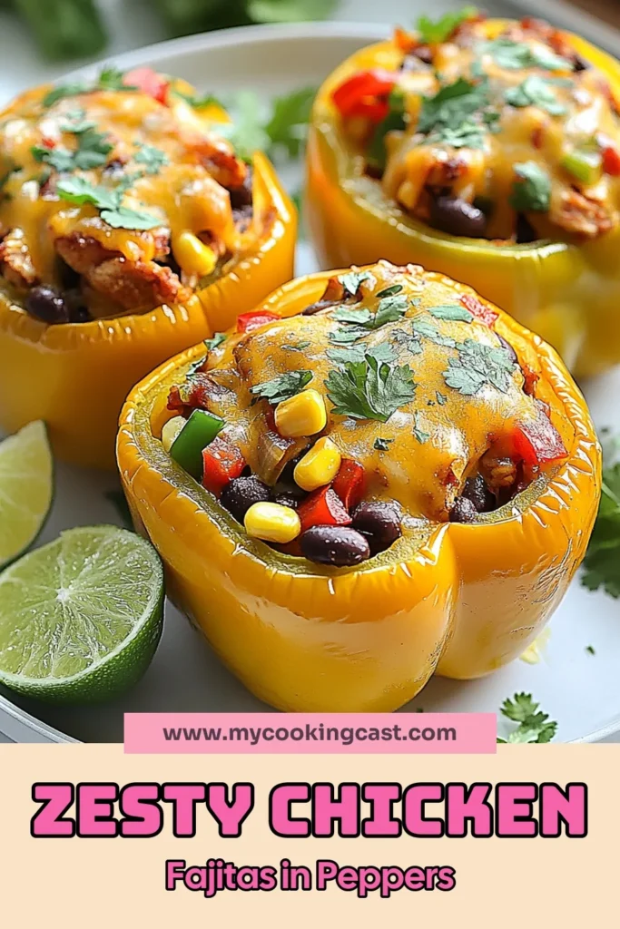 Discover the ultimate flavor with this Zesty Chicken Fajitas dish! These Easy Fajita Peppers are a delightful mix of tender chicken, fresh veggies, and spices, all wrapped in vibrant bell peppers. This Healthy Chicken Dinner is not only delicious but also a fun twist on the classic Stuffed Bell Peppers Recipe. Perfect for any family night, try these Baked Stuffed Peppers today! Save this recipe for your next meal! #ChickenDinner #Fajitas #HealthyRecipes #StuffedPeppers