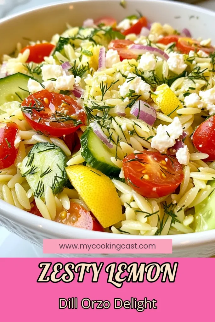 Discover the refreshing taste of Lemon Dill Orzo Salad! This Mediterranean Orzo Salad is the perfect blend of vibrant veggies and creamy feta, making it an ideal Easy Orzo Salad for any occasion. Packed with flavor, this Fresh Vegetable Salad is simple to prepare and can be made in just 45 minutes. Don't miss out on this delicious Orzo Salad Recipe—save it for your next meal! #LemonDillOrzoSalad #OrzoSaladRecipe #MediterraneanSalad #EasySalad