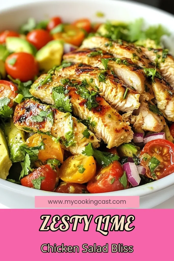 Looking for a refreshing meal? Try this Zesty Lime Chicken Avocado Salad! This Avocado Chicken Salad Recipe is perfect for a healthy lunch or dinner. With tender chicken, creamy avocado, and zesty lime dressing, it’s an Easy Chicken Salad Recipe that’s big on flavor. Enjoy a vibrant Lime Avocado Salad packed with nutrients. Perfectly delicious and simple to make! Save this recipe for a tasty treat! #ZestyLimeChickenSalad #HealthyChickenSalad #AvocadoChickenSaladRecipe #EasyChickenSaladRecipe