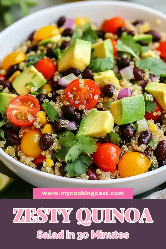 Discover the vibrant and delicious Zesty Quinoa Black Bean Salad, a must-try in healthy quinoa recipes! This easy quinoa salad recipe features quinoa, black beans, fresh veggies, and a zesty dressing, making it perfect for meal prep or a light lunch. Enjoy a nutritious vegan black bean salad that delights the senses. Click to save this recipe and elevate your healthy eating today! #QuinoaBlackBeanSalad #HealthyRecipes #VeganSalad #EasyRecipes