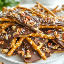 - Pretzel Sticks: You will need 2 cups of pretzel sticks. Choose the regular kind for crunch and saltiness. They add a nice texture to the bark. - Chocolate Chips: Use 1 cup of semi-sweet chocolate chips. They melt well and offer a rich taste. You can try dark chocolate for a more intense flavor. - Caramel Sauce: You can use 1 cup of store-bought caramel sauce for ease. If you like to cook, make your own for a special touch. Homemade caramel can add a unique flavor. - Nuts: Optional nuts include 1/2 cup of chopped pecans or walnuts. They give extra crunch and flavor. If you want a nut-free version, just skip this step. - Sea Salt: A sprinkle of sea salt is key. It enhances the sweet flavors and balances the taste. Just a pinch makes a big difference. {{ingredient_image_1}} - Preheat Oven and Prepare Baking Sheet Start by setting your oven to 350°F (175°C). Line a baking sheet with parchment paper. This keeps your bark from sticking. - Bake Pretzels for Crispness Spread 2 cups of pretzel sticks on your baking sheet in a single layer. Bake them for 5-7 minutes. This will make them crisp and ready for the sweet toppings. - Melt Chocolate Safely In a microwave-safe bowl, add 1 cup of semi-sweet chocolate chips. Heat in the microwave for 30 seconds at a time. Stir after each interval until the chocolate melts and looks smooth. - Layering Chocolate on Pretzels Once the pretzels cool, drizzle half of your melted chocolate over them. Make sure to cover them evenly for the best taste. - Applying Caramel Sauce Evenly Pour 1 cup of caramel sauce over the pretzels and chocolate. Use a spatula to spread it out. This gives each bite a sweet kick. - Final Chocolate Layering Technique Now, pour the rest of the melted chocolate over the caramel. This layer is key for holding everything together. - Chilling Time Importance Place your baking sheet in the refrigerator for 1-2 hours. This helps the chocolate and caramel set properly. - How to Break Bark into Pieces Once set, break the bark into pieces. You can use your hands or a knife. Enjoy your sweet, crunchy treat! - Ensuring Even Coverage: To cover the pretzels well, drizzle the chocolate in a zig-zag pattern. This helps spread the chocolate evenly. Use a spatula to smooth it out if needed. When adding the caramel, make sure to cover all the pretzels. This way, each bite has that sweet, gooey goodness. - Avoiding Chocolate Seizing: Chocolate can seize if it gets too hot or if water gets in it. Always microwave chocolate in short bursts of 30 seconds. Stir between each round until it melts smoothly. If you see any lumps, don’t panic! Just stir a bit longer, and it should come together. - Best Practices for Layering: Start with a layer of chocolate, then add caramel, and finish with more chocolate. This order keeps the caramel from sliding off. If using nuts, sprinkle them on top before the final chocolate layer. This way, they stick well. - Optimal Storage Containers: Keep your bark in an airtight container. This keeps it fresh and prevents moisture. Use a container that fits your bark pieces snugly, but not too tight. You want some air circulation to avoid sogginess. - How Long It Lasts: When stored properly, your chocolate caramel pretzel bark can last up to two weeks. But, let’s be real, it usually disappears much faster! - Signs of Spoilage: Check for any strange smells or changes in texture. If the chocolate looks dull or has white spots, it may have gone bad. If it feels sticky, that’s also a sign. When in doubt, throw it out! Pro Tips Use Quality Chocolate: For the best flavor, opt for high-quality semi-sweet chocolate chips. They melt better and enhance the overall taste of the bark. Let the Caramel Cool: Ensure the caramel sauce is slightly cooled before drizzling it over the pretzels. This helps it set better when combined with the chocolate. Add a Flavor Twist: Experiment with different nuts or add a sprinkle of cinnamon or cayenne pepper for a spicy kick to the bark. Storage Tips: Store the bark in an airtight container in the refrigerator to keep it fresh and crunchy for up to two weeks. {{image_2}} Using Different Types of Nuts You can change the nuts in your bark. Pecans or walnuts add a nice crunch. Try cashews for a softer bite. Almonds bring a rich flavor. Each nut gives a unique twist. You can even skip the nuts if you prefer. The bark will still taste great without them. Incorporating Seasonal Flavors (e.g., peppermint) Add seasonal flavors to your bark for fun. During the holidays, peppermint bits work well. Just crush candy canes and sprinkle them on top. You can also use orange zest for a fresh twist. Seasonal flavors make your treat special and fun. Gluten-Free Options To make your bark gluten-free, use gluten-free pretzel sticks. Many brands offer this option. Just check the label to be sure. This way, everyone can enjoy this snack without worry. Vegan Variants You can also create a vegan version. Use dairy-free chocolate chips and vegan caramel sauce. Many store brands make these options easy to find. This change keeps the treat tasty while meeting dietary needs. Plating for Parties For a fun party treat, use a large platter. Cut the bark into big pieces. Arrange them in a colorful way. You can add some pretzel sticks around the edges. This makes it look inviting. Use small bowls for dipping sauces, like chocolate or caramel. Your guests will love it! Gift Packaging Tips If you want to give this as a gift, consider using clear bags. Fill them with pieces of bark. Tie them with a festive ribbon for flair. You can also use small boxes. Add a note with the recipe. It shows you care and share the love of this treat. Best Drinks to Accompany Chocolate caramel pretzel bark pairs well with milk. You can also try coffee for a rich taste. A sweet hot chocolate makes it extra cozy. For adults, a nice red wine complements the flavors well. Think about a fruity or spicy option. Dessert Table Combinations This bark shines at dessert tables. Pair it with brownies or cookies for variety. Add some fresh fruit, like strawberries or apples. It adds a nice balance to the sweetness. You could even include some ice cream. This creates a fun sundae bar for everyone! Can I use white chocolate? Yes, you can use white chocolate. It gives a sweet taste. The look will be lighter too. Just melt it the same way as dark chocolate. How can I make it less sweet? To cut the sweetness, use dark chocolate instead of semi-sweet. You can also use less caramel sauce. Adding a sprinkle of sea salt helps balance the flavors. Is there a nut-free version? Yes, you can leave out the nuts. The bark will still be tasty. You can add more pretzels for crunch instead of nuts. What to do if it doesn't set? If your bark doesn’t set, chill it longer. It might need more time in the fridge. If it’s still soft, try a colder spot. How to melt chocolate without a microwave? Melt chocolate on the stove using a double boiler. Place a bowl over simmering water. Stir until smooth. This method prevents burning and gives you control. This blog post covered how to make delicious pretzel bark. We discussed the ingredients, from pretzel sticks to sea salt. You learned step-by-step how to bake, melt, and layer your treats. I shared tips for perfecting your bark and storing leftovers. You also explored variations and serving suggestions for every occasion. Enjoy creating this tasty snack. With practice, you’ll master it and impress everyone!