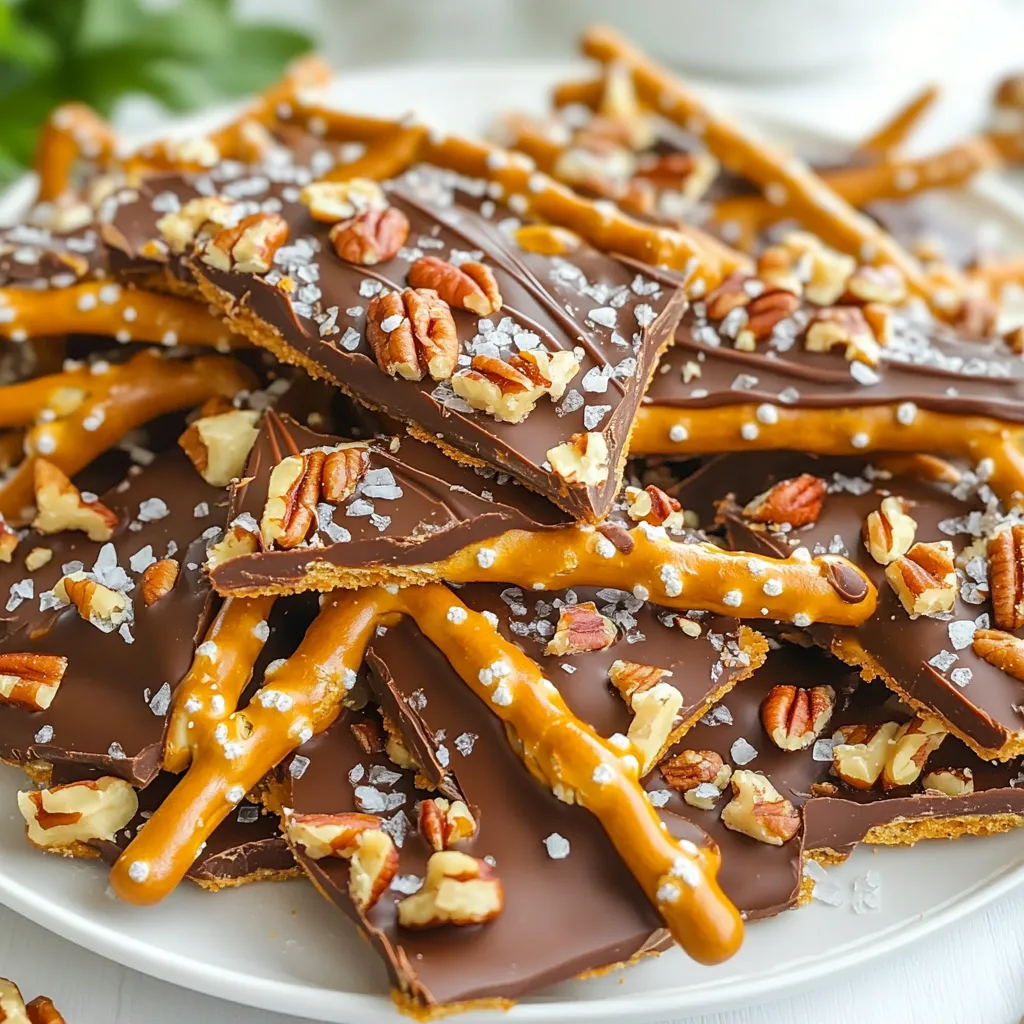 - Pretzel Sticks: You will need 2 cups of pretzel sticks. Choose the regular kind for crunch and saltiness. They add a nice texture to the bark. - Chocolate Chips: Use 1 cup of semi-sweet chocolate chips. They melt well and offer a rich taste. You can try dark chocolate for a more intense flavor. - Caramel Sauce: You can use 1 cup of store-bought caramel sauce for ease. If you like to cook, make your own for a special touch. Homemade caramel can add a unique flavor. - Nuts: Optional nuts include 1/2 cup of chopped pecans or walnuts. They give extra crunch and flavor. If you want a nut-free version, just skip this step. - Sea Salt: A sprinkle of sea salt is key. It enhances the sweet flavors and balances the taste. Just a pinch makes a big difference. {{ingredient_image_1}} - Preheat Oven and Prepare Baking Sheet Start by setting your oven to 350°F (175°C). Line a baking sheet with parchment paper. This keeps your bark from sticking. - Bake Pretzels for Crispness Spread 2 cups of pretzel sticks on your baking sheet in a single layer. Bake them for 5-7 minutes. This will make them crisp and ready for the sweet toppings. - Melt Chocolate Safely In a microwave-safe bowl, add 1 cup of semi-sweet chocolate chips. Heat in the microwave for 30 seconds at a time. Stir after each interval until the chocolate melts and looks smooth. - Layering Chocolate on Pretzels Once the pretzels cool, drizzle half of your melted chocolate over them. Make sure to cover them evenly for the best taste. - Applying Caramel Sauce Evenly Pour 1 cup of caramel sauce over the pretzels and chocolate. Use a spatula to spread it out. This gives each bite a sweet kick. - Final Chocolate Layering Technique Now, pour the rest of the melted chocolate over the caramel. This layer is key for holding everything together. - Chilling Time Importance Place your baking sheet in the refrigerator for 1-2 hours. This helps the chocolate and caramel set properly. - How to Break Bark into Pieces Once set, break the bark into pieces. You can use your hands or a knife. Enjoy your sweet, crunchy treat! - Ensuring Even Coverage: To cover the pretzels well, drizzle the chocolate in a zig-zag pattern. This helps spread the chocolate evenly. Use a spatula to smooth it out if needed. When adding the caramel, make sure to cover all the pretzels. This way, each bite has that sweet, gooey goodness. - Avoiding Chocolate Seizing: Chocolate can seize if it gets too hot or if water gets in it. Always microwave chocolate in short bursts of 30 seconds. Stir between each round until it melts smoothly. If you see any lumps, don’t panic! Just stir a bit longer, and it should come together. - Best Practices for Layering: Start with a layer of chocolate, then add caramel, and finish with more chocolate. This order keeps the caramel from sliding off. If using nuts, sprinkle them on top before the final chocolate layer. This way, they stick well. - Optimal Storage Containers: Keep your bark in an airtight container. This keeps it fresh and prevents moisture. Use a container that fits your bark pieces snugly, but not too tight. You want some air circulation to avoid sogginess. - How Long It Lasts: When stored properly, your chocolate caramel pretzel bark can last up to two weeks. But, let’s be real, it usually disappears much faster! - Signs of Spoilage: Check for any strange smells or changes in texture. If the chocolate looks dull or has white spots, it may have gone bad. If it feels sticky, that’s also a sign. When in doubt, throw it out! Pro Tips Use Quality Chocolate: For the best flavor, opt for high-quality semi-sweet chocolate chips. They melt better and enhance the overall taste of the bark. Let the Caramel Cool: Ensure the caramel sauce is slightly cooled before drizzling it over the pretzels. This helps it set better when combined with the chocolate. Add a Flavor Twist: Experiment with different nuts or add a sprinkle of cinnamon or cayenne pepper for a spicy kick to the bark. Storage Tips: Store the bark in an airtight container in the refrigerator to keep it fresh and crunchy for up to two weeks. {{image_2}} Using Different Types of Nuts You can change the nuts in your bark. Pecans or walnuts add a nice crunch. Try cashews for a softer bite. Almonds bring a rich flavor. Each nut gives a unique twist. You can even skip the nuts if you prefer. The bark will still taste great without them. Incorporating Seasonal Flavors (e.g., peppermint) Add seasonal flavors to your bark for fun. During the holidays, peppermint bits work well. Just crush candy canes and sprinkle them on top. You can also use orange zest for a fresh twist. Seasonal flavors make your treat special and fun. Gluten-Free Options To make your bark gluten-free, use gluten-free pretzel sticks. Many brands offer this option. Just check the label to be sure. This way, everyone can enjoy this snack without worry. Vegan Variants You can also create a vegan version. Use dairy-free chocolate chips and vegan caramel sauce. Many store brands make these options easy to find. This change keeps the treat tasty while meeting dietary needs. Plating for Parties For a fun party treat, use a large platter. Cut the bark into big pieces. Arrange them in a colorful way. You can add some pretzel sticks around the edges. This makes it look inviting. Use small bowls for dipping sauces, like chocolate or caramel. Your guests will love it! Gift Packaging Tips If you want to give this as a gift, consider using clear bags. Fill them with pieces of bark. Tie them with a festive ribbon for flair. You can also use small boxes. Add a note with the recipe. It shows you care and share the love of this treat. Best Drinks to Accompany Chocolate caramel pretzel bark pairs well with milk. You can also try coffee for a rich taste. A sweet hot chocolate makes it extra cozy. For adults, a nice red wine complements the flavors well. Think about a fruity or spicy option. Dessert Table Combinations This bark shines at dessert tables. Pair it with brownies or cookies for variety. Add some fresh fruit, like strawberries or apples. It adds a nice balance to the sweetness. You could even include some ice cream. This creates a fun sundae bar for everyone! Can I use white chocolate? Yes, you can use white chocolate. It gives a sweet taste. The look will be lighter too. Just melt it the same way as dark chocolate. How can I make it less sweet? To cut the sweetness, use dark chocolate instead of semi-sweet. You can also use less caramel sauce. Adding a sprinkle of sea salt helps balance the flavors. Is there a nut-free version? Yes, you can leave out the nuts. The bark will still be tasty. You can add more pretzels for crunch instead of nuts. What to do if it doesn't set? If your bark doesn’t set, chill it longer. It might need more time in the fridge. If it’s still soft, try a colder spot. How to melt chocolate without a microwave? Melt chocolate on the stove using a double boiler. Place a bowl over simmering water. Stir until smooth. This method prevents burning and gives you control. This blog post covered how to make delicious pretzel bark. We discussed the ingredients, from pretzel sticks to sea salt. You learned step-by-step how to bake, melt, and layer your treats. I shared tips for perfecting your bark and storing leftovers. You also explored variations and serving suggestions for every occasion. Enjoy creating this tasty snack. With practice, you’ll master it and impress everyone!