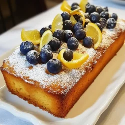 - 1 ½ cups all-purpose flour - 1 tsp baking powder - ½ tsp baking soda - ½ tsp salt - ½ cup unsalted butter, softened - 1 cup granulated sugar - 2 large eggs - 2 tbsp lemon zest (about 1 lemon) - 1 tsp vanilla extract - ½ cup buttermilk - 1 cup fresh blueberries (plus extra for garnish) - 2 tbsp powdered sugar (for dusting) - All-purpose flour: This is the base of our cake. It gives structure and texture. - Baking powder and baking soda: These are our leavening agents. They help the cake rise and become fluffy. - Salt: This enhances the flavors in the cake and balances sweetness. - Unsalted butter: I prefer this to control the salt level. Softened butter mixes well into the batter. - Granulated sugar: This adds sweetness and helps the cake brown nicely. - Eggs: They bind the ingredients and add moisture. - Lemon zest: This gives the cake a bright, fresh flavor. Use a zester to avoid the bitter white part of the skin. - Vanilla extract: This adds a warm flavor that complements the lemon. - Buttermilk: It adds moisture and tang, keeping the cake soft. If you don't have buttermilk, you can make a quick substitute with milk and vinegar. - Fresh blueberries: These burst with juice and flavor when baked. They also add beautiful color. - Powdered sugar: This is for dusting on top, giving a nice finish. - 1 cup = 240 ml - 1 tablespoon = 15 ml - 1 teaspoon = 5 ml - 1 ½ cups = 360 ml - ½ cup = 120 ml - 2 tbsp = 30 ml - 2 large eggs = Approximately 100 grams - 1 tsp = 5 grams - ½ tsp = 2.5 grams These conversions help if you use different measuring tools. Always level off your dry ingredients for accuracy. This ensures your cake turns out perfect every time. {{ingredient_image_1}} Start by preheating your oven to 350°F (175°C). This step is key for baking. While the oven heats, take a 9x5-inch loaf pan. Grease it well with butter. Then, dust it with flour. This helps the cake come out easily after baking. In a medium bowl, mix together the dry ingredients. Use 1 ½ cups of all-purpose flour, 1 tsp of baking powder, ½ tsp of baking soda, and ½ tsp of salt. Set this bowl aside. Now, in a large bowl, cream ½ cup of softened unsalted butter with 1 cup of sugar. Use an electric mixer for about 3-4 minutes. The mixture should look light and fluffy. Next, add 2 large eggs, one at a time. Mix well after each egg. Then, stir in 2 tablespoons of lemon zest and 1 teaspoon of vanilla extract. Now, you will combine the dry mix with ½ cup of buttermilk. Do this in parts, starting and ending with the dry mix. Be careful not to overmix. Finally, gently fold in 1 cup of fresh blueberries. Pour the batter into the prepared loaf pan. Spread it evenly across the pan. Bake the cake for 50-60 minutes. Check if it’s done by inserting a toothpick in the center. If it comes out clean, the cake is ready. Let the cake cool in the pan for about 10 minutes. Then, move it to a wire rack to cool completely. For a sweet touch, dust some powdered sugar on top before serving. Add extra blueberries for a nice look. To get a moist and fluffy cake, use room temperature butter and eggs. This helps the batter mix well. When mixing the butter and sugar, aim for a light, fluffy texture. This takes about 3–4 minutes. Always fold in the blueberries gently. This keeps them whole and prevents color bleeding. Adding lemon zest brightens the flavor. It gives the cake a fresh, zesty kick. One common mistake is overmixing the batter. This can make the cake dense. Mix just until combined for a light texture. Also, remember to measure flour correctly. If you pack it too tightly, you may have too much flour. This can lead to a dry cake. Lastly, don’t skip the cooling step. Letting the cake cool in the pan helps it set properly. Using a good mixer helps with the creaming process. An electric mixer is best for getting that fluffy texture. A 9x5-inch loaf pan is perfect for this recipe. It helps the cake bake evenly. A toothpick is essential for checking doneness. If it comes out clean, your cake is ready. Lastly, a wire rack is great for cooling. It keeps air flowing around the cake, preventing sogginess. Pro Tips Use Room Temperature Ingredients: Allow your butter and eggs to sit at room temperature for about 30 minutes before starting. This helps achieve a more even batter and better rise. Don’t Overmix the Batter: When folding in the blueberries, be gentle. Overmixing can lead to a dense cake, so mix just until combined. Check for Doneness: Since ovens can vary, start checking your cake around the 50-minute mark. A toothpick inserted should come out clean when the cake is done. Cool Completely Before Serving: Let the cake cool completely on a wire rack before dusting with powdered sugar. This prevents the sugar from melting into the cake. {{image_2}} You can make this cake gluten-free. Just swap the all-purpose flour for gluten-free flour blend. This blend works well in most recipes. Be sure to check that your other ingredients are gluten-free too. This way, everyone can enjoy a slice. Feel free to mix in other fruits. Chopped strawberries or raspberries add a fun twist. You may also use peaches or blackberries. Each fruit brings its own flavor and color to the cake. Just keep the amount around one cup, similar to the blueberries. Enhance the lemon flavor by adding more lemon zest. You could also stir in some lemon juice. A dash of almond extract can give a nice touch too. For a sweet kick, try adding a sprinkle of cinnamon. Each of these options can take your cake to a new level. To keep your zesty lemon blueberry pound cake fresh, store it at room temperature. Wrap the cake tightly in plastic wrap or place it in an airtight container. This helps keep it moist. It will last for about 3-4 days. If you want to add a little extra flavor, you can sprinkle a bit of powdered sugar on top before storing. Freezing is a great way to save some of this delicious cake for later. First, let the cake cool completely. Wrap it tightly in plastic wrap, then in aluminum foil to prevent freezer burn. You can freeze it for up to 3 months. When you're ready to eat it, move the cake to the fridge overnight to thaw. To enjoy your cake warm, preheat your oven to 350°F (175°C). Remove the wrapping and place the cake on a baking sheet. Heat it for about 10-15 minutes. If you prefer, you can also microwave a slice for about 20-30 seconds. This will give it a soft and cozy feel again. Just be careful not to overheat it! Yes, you can use frozen blueberries in this recipe. Just remember to add them straight from the freezer. Do not thaw them first. This will help keep the cake from turning purple. Also, frozen blueberries may sink a bit more than fresh ones. This can still create a very tasty cake. To check if your cake is done, use a toothpick. Insert it into the center of the cake. If it comes out clean, your cake is ready. If there is wet batter on the toothpick, bake for a few more minutes. Keep checking every five minutes until it is done. If you don’t have buttermilk, you can make a simple substitute. Just mix one cup of milk with one tablespoon of lemon juice or vinegar. Let it sit for about five minutes. This will give you a good buttermilk alternative. You can also use yogurt or sour cream mixed with water. In this blog post, I shared key steps to make a great cake. You learned about the essential ingredients, how to prepare and bake, and tips for the best flavor. I included variations for unique tastes and storage methods for freshness. Always remember to avoid common mistakes for the best results. With these insights, you can create a delicious cake every time. Enjoy baking and get creative with flavors!