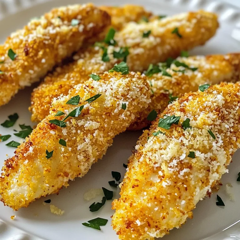 To make Garlic Parmesan Chicken Tenders, you need these items: - 1 pound chicken tenders - 1 cup breadcrumbs (use panko for extra crispiness) - 1/2 cup grated Parmesan cheese - 2 teaspoons garlic powder - 1 teaspoon onion powder - 1 teaspoon dried oregano - 1/2 teaspoon salt - 1/4 teaspoon black pepper - 2 large eggs - 2 tablespoons milk - 2 tablespoons olive oil - Fresh parsley, chopped (for garnish) These ingredients come together to create a tasty dish. The chicken tenders provide the base, while the garlic and Parmesan mix adds rich flavor. Breadcrumbs give a nice crunch. If you need alternatives, here are some ideas: - Use chicken breasts instead of tenders for a leaner option. - Almond flour can replace breadcrumbs for a gluten-free choice. - Try nutritional yeast instead of Parmesan for a dairy-free option. - Use fresh garlic instead of garlic powder for a stronger taste. - Swap out olive oil with melted butter for a richer flavor. These swaps can help you customize the dish to your liking. When buying chicken tenders, look for these signs: - Choose tenders that are pink and firm. - Avoid any with a gray or slimy appearance. - Check the packaging date for freshness. - Look for tenders that are free from added hormones. - If possible, choose organic or free-range chicken for better quality. Selecting fresh chicken will make your dish more flavorful and safe to eat. {{ingredient_image_1}} First, set your oven to 400°F (200°C). This heat is perfect for crisping the chicken. Line a baking sheet with parchment paper. This helps the chicken not stick. It also makes clean-up easy. In a shallow bowl, add two large eggs and two tablespoons of milk. Use a whisk to mix them well. You want the eggs and milk to blend smoothly. This mix helps the breadcrumbs stick to the chicken. In another shallow bowl, combine one cup of breadcrumbs, half a cup of grated Parmesan cheese, and the spices. Add two teaspoons of garlic powder, one teaspoon of onion powder, one teaspoon of dried oregano, half a teaspoon of salt, and a quarter teaspoon of black pepper. Stir until all ingredients mix well. This coating gives the chicken its flavor and crunch. Take each chicken tender and dip it into the egg mixture first. Let any extra egg drip off. Next, coat it in the breadcrumb mixture. Press gently to make sure it sticks. Place the coated tenders on the prepared baking sheet. Repeat this for all the chicken tenders. Drizzle two tablespoons of olive oil over the chicken tenders. This helps them become crispy as they bake. Place the baking sheet in the oven. Bake for 15 to 20 minutes. You want the chicken to turn golden brown and reach an internal temperature of 165°F (74°C). After baking, let them rest for a few minutes. Garnish with chopped fresh parsley for a nice touch. Enjoy your tasty Garlic Parmesan Chicken Tenders! To get that nice crunch, use panko breadcrumbs. They are lighter and crispier. Before coating, make sure your chicken is dry. Pat it with paper towels. This helps the coating stick better. Drizzle olive oil over the tenders before baking. This will help them crisp up in the oven. Mix garlic powder, onion powder, and dried oregano well. This combo gives a strong, tasty kick. Adjust the salt and pepper to your liking. For a richer taste, add more Parmesan cheese to the mix. You can even sprinkle some on top before baking for extra flavor. One big mistake is not preheating the oven. Baking at the right temperature is key for crispiness. Another mistake is overcrowding the baking sheet. Leave space between each tender to ensure even cooking. Finally, don’t skip the resting step after baking. Letting them sit for a few minutes lets the juices settle, making them more tender. Pro Tips Choose Quality Chicken: Opt for organic or free-range chicken tenders for better flavor and texture. Customize Your Breadcrumbs: Experiment with flavored breadcrumbs or add herbs to the mixture for a unique twist. Resting Time: Allow the chicken tenders to rest for a few minutes after baking to help retain their juices. Serve with Dipping Sauce: Pair with your favorite dipping sauce, such as ranch or marinara, for added flavor. {{image_2}} If you love heat, try adding some spice. You can add cayenne pepper or hot sauce to the breadcrumbs. Start with one teaspoon of cayenne, or add more for extra heat. This gives the chicken a bold kick. It pairs well with the garlic and Parmesan flavors. Serve with a cooling dip like ranch or blue cheese. To add more flavor, use fresh herbs. You can mix in chopped thyme, rosemary, or basil into the breadcrumb mix. Fresh herbs add a bright taste. If you want to stick to dried herbs, you can use Italian seasoning instead. It's a great way to change the taste without a lot of extra work. Using an air fryer can make these chicken tenders even crispier. Set your air fryer to 400°F (200°C). Coat the chicken like normal, then place them in the fryer basket. Cook them for about 10-12 minutes. Check for doneness, and they should be golden brown. This method cuts down on oil and makes for a lighter meal. Store your leftover chicken tenders in an airtight container. This keeps them fresh and tasty. You can place a piece of paper towel inside to absorb extra moisture. This helps maintain their crispiness. Keep them in the fridge for up to three days. If they sit longer, they may lose flavor and texture. To reheat chicken tenders, use an oven or air fryer for the best results. Preheat your oven to 375°F (190°C). Place the chicken on a baking sheet. Heat for about 10-15 minutes until they are warm and crispy. If using an air fryer, set it to 375°F (190°C) and heat for 5-7 minutes. This method helps keep them crunchy. If you want to freeze chicken tenders, first let them cool completely. Arrange them in a single layer on a baking sheet. Freeze them for about one hour. This prevents them from sticking together. After that, transfer the tenders to a freezer bag. Remove as much air as possible. They can last for up to three months in the freezer. When ready to eat, thaw them overnight in the fridge before reheating. Yes, you can use chicken breasts. Cut them into strips. This will give you a similar shape. Just make sure to adjust the cooking time. Thicker pieces may need a bit longer to cook. Always check that the internal temperature reaches 165°F. Many sauces taste great with these tenders. Here are some favorites: - Ranch dressing - Honey mustard - BBQ sauce - Marinara sauce - Garlic aioli Each sauce adds a different flavor, so try a few! To make these tenders gluten-free, use gluten-free breadcrumbs. You can find these in most stores. Also, check that your seasonings are gluten-free. This ensures your meal stays safe and tasty. Many sides pair nicely with these tenders. Here are some good options: - Crispy French fries - Fresh coleslaw - Roasted vegetables - Garlic bread - A simple green salad These sides balance the meal and add color to your plate. This blog post shared the best ways to make garlic parmesan chicken tenders. I covered key ingredients, tips for crispiness, and proper baking methods. You learned about alternatives and variations, like spicy or air-fried options. Remember to store leftovers right for great taste later. Experiment with dipping sauces and sides to complete your meal. Cooking should be fun and simple, and now you have the tools to enjoy delicious chicken tenders any time. So get cooking and savor every bite!