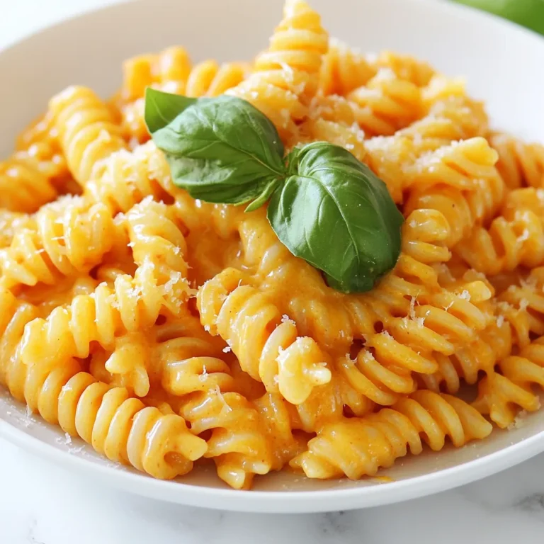 To make creamy roasted red pepper pasta, you'll need a few simple ingredients. Here's what you need: - 12 oz pasta (fusilli or penne recommended) - 2 large red bell peppers - 1 tablespoon olive oil - 3 cloves garlic, minced - 1 cup heavy cream - 1/2 cup grated Parmesan cheese - 1/2 teaspoon red pepper flakes - Salt and pepper to taste - Fresh basil leaves, for garnish Each ingredient plays a key role in making this dish delicious. The red bell peppers give a sweet and smoky flavor. The heavy cream makes the sauce rich and smooth. Parmesan cheese adds a savory touch, while red pepper flakes offer a hint of spice. You can adjust the amount of red pepper flakes based on how spicy you want the dish. Fresh basil leaves add a nice, fresh finish to every plate. {{ingredient_image_1}} - Preheat your oven to 450°F (230°C). - Cut the red bell peppers in half and remove the seeds. - Place the peppers cut-side down on a baking sheet. - Roast in the oven for 20 minutes until the skin is blistered and charred. Roasting the peppers is key. It gives them a deep, rich flavor. The high heat helps to caramelize the sugars. You’ll notice a sweet, smoky taste in the final dish. - In a large pot, bring salted water to a boil. - Add the pasta and cook according to package instructions until al dente. - Drain the pasta and set it aside. Cooking the pasta right is important. Al dente means the pasta is firm, not mushy. This texture helps it hold the sauce well. - After roasting, remove the peppers. Place them in a bowl and cover with plastic wrap for 10 minutes. This steams the peppers and helps loosen the skin. - Peel off the skins from the peppers. Put the flesh in a blender or food processor. - Add minced garlic and olive oil. Blend until smooth. - In a large skillet over medium heat, pour in the roasted red pepper mixture. - Stir in the heavy cream and bring it to a gentle simmer. The creamy sauce will coat the pasta perfectly. It’s a blend of sweet and savory flavors. Adding the garlic enhances the taste even more. To get that perfect creamy texture, heavy cream is key. It adds richness and smoothness. When you heat the cream, do it gently. If you heat it too fast, it may curdle. Mix in the grated Parmesan cheese when the cream is warm. Stir until the cheese melts completely. This helps create a thick and velvety sauce. Roasting red peppers brings out their sweet flavor. To roast them well, cut each pepper in half and remove the seeds. Place them cut-side down on a baking sheet. Roast them in a hot oven at 450°F (230°C) for about 20 minutes. You want the skin to blister and char. After roasting, cover them with plastic wrap for about 10 minutes. This steams the peppers, making the skin easier to peel off. The red pepper flakes add a nice kick. If you want more heat, feel free to add more. Taste the sauce as you go. You can also adjust the salt and pepper to your liking. Remember, seasoning makes or breaks a dish. Don't be afraid to tweak it until it suits your taste! Pro Tips Roasting Peppers for Flavor: Roasting the red peppers until they're blistered enhances their natural sweetness and adds a smoky depth to the sauce. Perfectly Cooked Pasta: For the best texture, cook your pasta until al dente; it will continue to cook slightly when combined with the sauce. Adjusting Heat Levels: If you prefer a spicier dish, increase the amount of red pepper flakes gradually until you reach your desired heat level. Fresh Garnish: Always finish with fresh basil leaves; they add a bright, herbal note that complements the creamy sauce beautifully. {{image_2}} You can boost this dish with tasty additions. For protein, try grilled chicken or shrimp. Both add flavor and heartiness. If you want more veggies, spinach is a great choice. It wilts nicely in the sauce and adds nutrients. You can also use mushrooms or zucchini for a colorful twist. Adding these ingredients makes your creamy roasted red pepper pasta even more satisfying. While fusilli and penne are great choices, you can use other pasta shapes too. Farfalle, or bow-tie pasta, makes the dish fun and appealing. Spaghetti or linguine can also work well. Just remember to cook it until it's al dente for the best texture. Feel free to experiment with shapes you love! If you want a dairy-free version, there are easy swaps. Use coconut cream or cashew cream instead of heavy cream. Both options keep the dish creamy and rich. For cheese, try nutritional yeast or a dairy-free Parmesan. These alternatives still give you that cheesy flavor without the dairy. Enjoy your creamy roasted red pepper pasta without worry! Store any leftovers in an airtight container. Let the pasta cool before sealing it. Place it in the fridge for up to three days. This keeps the flavors fresh and tasty. To reheat, use your stove or microwave. For the stove, warm it in a pan over low heat. Add a splash of cream for extra smoothness. Stir gently until hot. In the microwave, use a safe dish. Heat in short bursts, stirring in between. This helps keep the creaminess. You can freeze this pasta dish too. Use a freezer-safe container. Make sure to leave some space for expansion. It will stay good for up to three months. To defrost, move it to the fridge overnight. Reheat it gently, adding cream if needed. This keeps it creamy and delicious. Yes, you can make this recipe ahead of time. Here’s how: - Roast the peppers and store them in an airtight container. Keep them in the fridge for up to three days. - Cook the pasta and toss it with a bit of olive oil. This helps prevent sticking. - Prepare the sauce and keep it in a separate container. It will stay fresh for about three days in the fridge. When you are ready to eat, just reheat everything. Mix the pasta with the sauce in a skillet. Heat until warm, and enjoy! To add some heat to your sauce, try these tips: - Increase red pepper flakes. Start with an extra 1/4 teaspoon and taste as you go. - Add fresh chili peppers. Chop them finely and mix them into the sauce. - Include hot sauce. A few drops can really amp up the flavor. Adjust these suggestions based on your heat preference. Enjoy a spicy kick! If you want a lighter option, here are some alternatives to heavy cream: - Greek yogurt. It adds creaminess and a slight tang. - Coconut cream. This will give you a rich and dairy-free choice. - Cashew cream. Soak cashews in water, blend them, and use this creamy mix. Each option changes the flavor a bit, so pick what suits your taste! In this blog post, we explored a delicious pasta dish with roasted red peppers and creamy sauce. We discussed the key ingredients, step-by-step cooking methods, and helpful tips. You learned how to store leftovers and reheat them perfectly. Remember that you can customize this dish with different proteins and pasta options to suit your taste. Enjoy creating this flavorful meal that everyone will love, and don't shy away from experimenting. Cooking should always be fun and rewarding!
