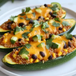 - Zucchini: You need 4 medium zucchinis. Slice them in half lengthwise. Scoop out some pulp to make boats. Leave about 1/4 inch intact. This keeps them sturdy. - Filling Ingredients: - 1 cup cooked quinoa - 1 can (15 oz) black beans, rinsed and drained - 1 cup corn (you can use frozen or canned) - 1 teaspoon cumin - 1 teaspoon chili powder - Salt and pepper to taste These ingredients create a tasty and filling mix. Quinoa adds protein. Black beans give fiber. Corn brings sweetness. The spices add a nice kick. - Topping Ingredients: - 1 cup enchilada sauce (store-bought or homemade) - 1 cup shredded cheddar cheese (plus extra for topping) - Fresh cilantro for garnish - 1 avocado, diced (optional for serving) The enchilada sauce makes everything saucy and flavorful. Cheddar cheese melts beautifully on top. Cilantro and avocado add fresh flavors. This ingredient list helps you make Cheesy Enchilada Stuffed Zucchini a delicious meal. Grab everything before starting, so you are ready to cook! {{ingredient_image_1}} 1. Preheat your oven to 375°F (190°C). This step gets your oven ready for baking. 2. Cut the zucchinis in half lengthwise. Use a spoon to scoop out the middle. You want to leave about 1/4 inch of zucchini on the sides. This makes a perfect boat for the filling. 3. Mix the filling ingredients in a bowl. Combine 1 cup of cooked quinoa, 1 can of black beans (rinsed and drained), 1 cup of corn, half of the enchilada sauce, 1 teaspoon of cumin, 1 teaspoon of chili powder, and salt and pepper to taste. Stir it all together until it’s mixed well. 1. Fill the zucchini boats with the mixture. Pack it in generously to maximize the flavor. 2. Drizzle the remaining enchilada sauce over the top of the stuffed zucchinis. This adds a nice flavor and moisture. 3. Sprinkle shredded cheddar cheese on top of each stuffed zucchini. More cheese means more goodness! 4. Place the zucchini boats on a baking tray lined with parchment paper. Bake for about 25-30 minutes. You're looking for tender zucchinis and melted, bubbly cheese. 5. Remove from the oven and let them cool slightly. Garnish with fresh cilantro for a pop of color and taste. 6. Serve warm, adding diced avocado on top if you like. This adds a creamy texture that pairs well with the flavors. How to choose the right zucchinis When selecting zucchinis, look for firm and shiny ones. They should feel heavy for their size. Choose ones that are medium-sized, about 6 to 8 inches long. Avoid zucchinis with soft spots or wrinkles. Fresh zucchinis taste better and hold their shape when baked. Best practices for cooking quinoa To cook quinoa perfectly, rinse it under cold water first. This removes the bitter coating. Use a ratio of 1 part quinoa to 2 parts water. Bring the water to a boil, then lower the heat. Cover and let it simmer for about 15 minutes until it’s fluffy. Let it cool before adding to your zucchini filling. Pairing ideas with other dishes Cheesy enchilada stuffed zucchini pairs well with a fresh salad. A simple green salad adds crunch and color. You can also serve it with rice or tortilla chips for a heartier meal. Salsa or guacamole on the side boosts flavor and freshness. Creative serving options (e.g., garnishes, sides) Garnish your stuffed zucchinis with fresh cilantro for a pop of color. Diced avocado on top adds creaminess and flavor. A squeeze of lime juice brightens the dish. Serve with a dollop of sour cream or Greek yogurt for extra richness. Pro Tips Choose Firm Zucchini: Select zucchinis that are firm and free from blemishes for the best texture in your dish. Customize Fillings: Feel free to add other ingredients like diced bell peppers or cooked chicken to the filling for extra flavor. Experiment with Cheese: Try using different types of cheese, such as Monterey Jack or Pepper Jack, for a unique taste. Serve with Fresh Toppings: Enhance the dish with toppings like sour cream, salsa, or jalapeños for added freshness and spice. {{image_2}} If you want a gluten-free option, use riced cauliflower instead of quinoa. It adds a nice texture and keeps it light. You can also try lentils for a hearty twist. For beans, black beans work well, but you can swap them for pinto or kidney beans. If you prefer meat, shredded chicken or beef can add flavor. Just remember to adjust the cooking time slightly. To change the spice level, add diced jalapeños or chipotle peppers to the filling. If you like it mild, skip the spicy peppers. Cheese can also change the taste. While I love sharp cheddar, you can use pepper jack for a spicy kick. Creamy mozzarella or crumbled feta can create new flavor profiles too. Just mix and match to find your favorite! To store leftovers, let the stuffed zucchinis cool down first. Place them in an airtight container. This keeps them fresh and tasty. You can store them in the fridge for up to three days. I recommend using glass containers. They are sturdy and won’t absorb smells. To reheat, the oven works best. Preheat it to 350°F (175°C). Place the zucchinis on a baking tray. Cover them with foil to keep moisture in. Heat for about 15-20 minutes. This keeps the cheese creamy and the zucchini tender. You can also use a microwave. Heat on medium for 2-3 minutes. However, this might make the zucchini a bit soggy. If you want to keep the texture, stick with the oven. Yes, you can make Cheesy Enchilada Stuffed Zucchini ahead of time. Prepare the zucchini and fill them with the mixture. Then, cover and refrigerate them. Bake when ready to serve. This saves time and helps with busy weeknights. You can serve this dish with a side salad, rice, or tortilla chips. A dollop of sour cream adds creaminess. Fresh salsa or guacamole also pair well. These sides enhance the meal and add variety. Absolutely! This recipe is fantastic for meal prep. The stuffed zucchinis store well in the fridge. Just pack them in airtight containers. You can reheat them throughout the week for quick, healthy meals. You learned how to make Cheesy Enchilada Stuffed Zucchini, step by step. We covered the key ingredients, like zucchini, quinoa, and black beans, to create a tasty filling. I shared tips on how to choose zucchinis and perfect your quinoa. You can even adjust flavors for spice and try different cheeses. In the end, this dish is not only delicious but also easy to store and reheat. Feel free to experiment with ingredients and make it your own. Enjoy making this meal and sharing it with others!