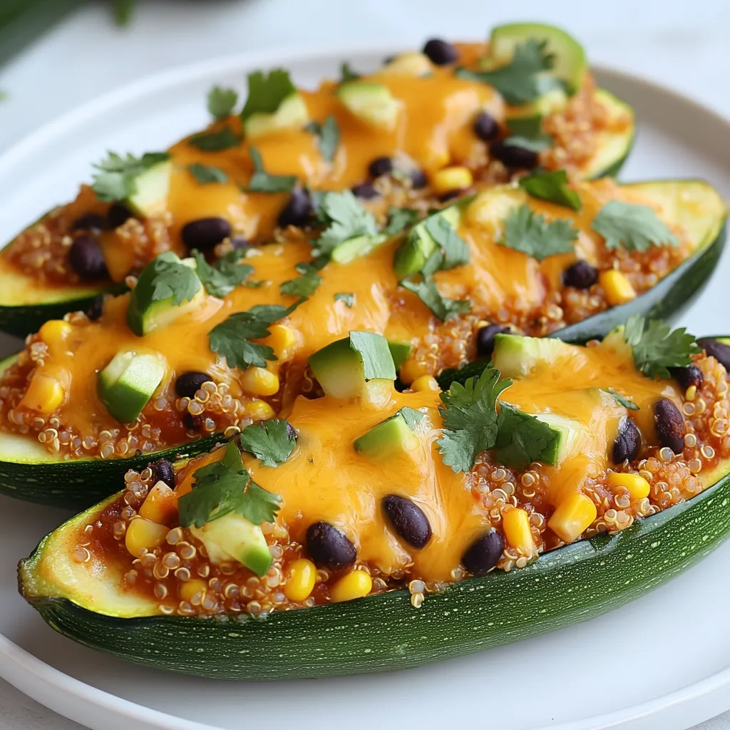 - Zucchini: You need 4 medium zucchinis. Slice them in half lengthwise. Scoop out some pulp to make boats. Leave about 1/4 inch intact. This keeps them sturdy. - Filling Ingredients: - 1 cup cooked quinoa - 1 can (15 oz) black beans, rinsed and drained - 1 cup corn (you can use frozen or canned) - 1 teaspoon cumin - 1 teaspoon chili powder - Salt and pepper to taste These ingredients create a tasty and filling mix. Quinoa adds protein. Black beans give fiber. Corn brings sweetness. The spices add a nice kick. - Topping Ingredients: - 1 cup enchilada sauce (store-bought or homemade) - 1 cup shredded cheddar cheese (plus extra for topping) - Fresh cilantro for garnish - 1 avocado, diced (optional for serving) The enchilada sauce makes everything saucy and flavorful. Cheddar cheese melts beautifully on top. Cilantro and avocado add fresh flavors. This ingredient list helps you make Cheesy Enchilada Stuffed Zucchini a delicious meal. Grab everything before starting, so you are ready to cook! {{ingredient_image_1}} 1. Preheat your oven to 375°F (190°C). This step gets your oven ready for baking. 2. Cut the zucchinis in half lengthwise. Use a spoon to scoop out the middle. You want to leave about 1/4 inch of zucchini on the sides. This makes a perfect boat for the filling. 3. Mix the filling ingredients in a bowl. Combine 1 cup of cooked quinoa, 1 can of black beans (rinsed and drained), 1 cup of corn, half of the enchilada sauce, 1 teaspoon of cumin, 1 teaspoon of chili powder, and salt and pepper to taste. Stir it all together until it’s mixed well. 1. Fill the zucchini boats with the mixture. Pack it in generously to maximize the flavor. 2. Drizzle the remaining enchilada sauce over the top of the stuffed zucchinis. This adds a nice flavor and moisture. 3. Sprinkle shredded cheddar cheese on top of each stuffed zucchini. More cheese means more goodness! 4. Place the zucchini boats on a baking tray lined with parchment paper. Bake for about 25-30 minutes. You're looking for tender zucchinis and melted, bubbly cheese. 5. Remove from the oven and let them cool slightly. Garnish with fresh cilantro for a pop of color and taste. 6. Serve warm, adding diced avocado on top if you like. This adds a creamy texture that pairs well with the flavors. How to choose the right zucchinis When selecting zucchinis, look for firm and shiny ones. They should feel heavy for their size. Choose ones that are medium-sized, about 6 to 8 inches long. Avoid zucchinis with soft spots or wrinkles. Fresh zucchinis taste better and hold their shape when baked. Best practices for cooking quinoa To cook quinoa perfectly, rinse it under cold water first. This removes the bitter coating. Use a ratio of 1 part quinoa to 2 parts water. Bring the water to a boil, then lower the heat. Cover and let it simmer for about 15 minutes until it’s fluffy. Let it cool before adding to your zucchini filling. Pairing ideas with other dishes Cheesy enchilada stuffed zucchini pairs well with a fresh salad. A simple green salad adds crunch and color. You can also serve it with rice or tortilla chips for a heartier meal. Salsa or guacamole on the side boosts flavor and freshness. Creative serving options (e.g., garnishes, sides) Garnish your stuffed zucchinis with fresh cilantro for a pop of color. Diced avocado on top adds creaminess and flavor. A squeeze of lime juice brightens the dish. Serve with a dollop of sour cream or Greek yogurt for extra richness. Pro Tips Choose Firm Zucchini: Select zucchinis that are firm and free from blemishes for the best texture in your dish. Customize Fillings: Feel free to add other ingredients like diced bell peppers or cooked chicken to the filling for extra flavor. Experiment with Cheese: Try using different types of cheese, such as Monterey Jack or Pepper Jack, for a unique taste. Serve with Fresh Toppings: Enhance the dish with toppings like sour cream, salsa, or jalapeños for added freshness and spice. {{image_2}} If you want a gluten-free option, use riced cauliflower instead of quinoa. It adds a nice texture and keeps it light. You can also try lentils for a hearty twist. For beans, black beans work well, but you can swap them for pinto or kidney beans. If you prefer meat, shredded chicken or beef can add flavor. Just remember to adjust the cooking time slightly. To change the spice level, add diced jalapeños or chipotle peppers to the filling. If you like it mild, skip the spicy peppers. Cheese can also change the taste. While I love sharp cheddar, you can use pepper jack for a spicy kick. Creamy mozzarella or crumbled feta can create new flavor profiles too. Just mix and match to find your favorite! To store leftovers, let the stuffed zucchinis cool down first. Place them in an airtight container. This keeps them fresh and tasty. You can store them in the fridge for up to three days. I recommend using glass containers. They are sturdy and won’t absorb smells. To reheat, the oven works best. Preheat it to 350°F (175°C). Place the zucchinis on a baking tray. Cover them with foil to keep moisture in. Heat for about 15-20 minutes. This keeps the cheese creamy and the zucchini tender. You can also use a microwave. Heat on medium for 2-3 minutes. However, this might make the zucchini a bit soggy. If you want to keep the texture, stick with the oven. Yes, you can make Cheesy Enchilada Stuffed Zucchini ahead of time. Prepare the zucchini and fill them with the mixture. Then, cover and refrigerate them. Bake when ready to serve. This saves time and helps with busy weeknights. You can serve this dish with a side salad, rice, or tortilla chips. A dollop of sour cream adds creaminess. Fresh salsa or guacamole also pair well. These sides enhance the meal and add variety. Absolutely! This recipe is fantastic for meal prep. The stuffed zucchinis store well in the fridge. Just pack them in airtight containers. You can reheat them throughout the week for quick, healthy meals. You learned how to make Cheesy Enchilada Stuffed Zucchini, step by step. We covered the key ingredients, like zucchini, quinoa, and black beans, to create a tasty filling. I shared tips on how to choose zucchinis and perfect your quinoa. You can even adjust flavors for spice and try different cheeses. In the end, this dish is not only delicious but also easy to store and reheat. Feel free to experiment with ingredients and make it your own. Enjoy making this meal and sharing it with others!