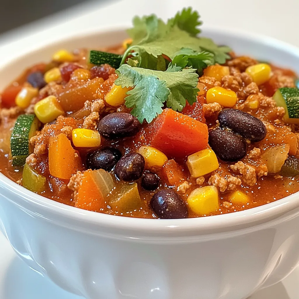 - 1 pound ground turkey - 1 medium onion, diced - 2 cloves garlic, minced - 1 bell pepper, diced - 1 zucchini, diced - 1 carrot, diced - 1 cup corn, frozen or fresh The heart of this turkey chili lies in its fresh veggies and lean protein. Ground turkey gives the chili a light texture while soaking up flavors. You can pick any color bell pepper you like. Zucchini and carrot add nice sweetness. Corn brings a pop of color and taste. - 1 can (15 oz) black beans, drained and rinsed - 1 can (15 oz) kidney beans, drained and rinsed - 1 can (14.5 oz) diced tomatoes, with juice - 2 cups vegetable broth Canned ingredients make this recipe quick and easy. Black and kidney beans boost protein and fiber. Diced tomatoes add a rich base. Vegetable broth ties all the flavors together while keeping it hearty. - 2 tablespoons chili powder - 1 teaspoon cumin - 1 teaspoon smoked paprika - Salt and pepper to taste Spices transform simple ingredients into a flavorful dish. Chili powder gives the chili its signature kick. Cumin adds a warm, earthy note. Smoked paprika gives a gentle smokiness. Salt and pepper enhance all the flavors, making each bite exciting. {{ingredient_image_1}} - Sautéing onion and garlic: Heat 1 tablespoon of olive oil in a large pot over medium heat. Add 1 medium diced onion and 2 minced cloves of garlic. Cook until the onion turns soft and translucent, about 3 to 4 minutes. The aroma will be delightful! - Browning the ground turkey: Add 1 pound of ground turkey to the pot. Break it apart with a spoon. Cook until browned, which takes about 5 to 7 minutes. This step adds flavor and depth to your chili. - Incorporating bell pepper, zucchini, and carrot: Next, stir in 1 diced bell pepper, 1 diced zucchini, and 1 diced carrot. - Sautéing until softened: Cook the mixture for another 5 minutes. The veggies should begin to soften and blend together. This step helps build a rich base for your chili. - Mixing in beans, tomatoes, corn, and spices: Add 1 can of drained black beans, 1 can of drained kidney beans, and 1 can of diced tomatoes with their juice. Stir in 1 cup of corn, 2 tablespoons of chili powder, 1 teaspoon of cumin, and 1 teaspoon of smoked paprika. Season with salt and pepper to taste. - Simmering the chili: Pour in 2 cups of vegetable broth and bring everything to a boil. Reduce the heat to low and let it simmer uncovered for 25 to 30 minutes. Stir occasionally. The longer it simmers, the better the flavors meld together. Adjust seasoning if needed. If you want a thicker chili, let it simmer longer to reduce. To get the best flavor from your chili, seasoning is key. Always taste your chili as it cooks. Add salt and pepper in small amounts, adjusting to your preference. Fresh herbs make a big difference. I love using cilantro or parsley as a garnish. They add color and a burst of freshness. The simmering time affects the chili's thickness. If you want a thicker chili, let it simmer longer. Stir often to prevent sticking. You can use different beans for variety. Black beans and kidney beans add great texture. Try pinto beans for a twist! For sides, tortilla chips are perfect. They add crunch and pair well. Cornbread is another great option. To present your chili, serve it hot in bowls. A sprinkle of fresh herbs on top makes it look fancy. You can also add a dollop of sour cream for creaminess. Enjoy your meal! Pro Tips Use Lean Turkey: Choose lean ground turkey to keep the chili lighter and healthier without sacrificing flavor. Add More Veggies: Feel free to add other vegetables like spinach or mushrooms for extra nutrition and texture. Adjust Spice Level: Customize the heat by adding jalapeños or a dash of hot sauce, depending on your taste preferences. Make Ahead: This chili tastes even better the next day! Prepare it in advance and store it in the fridge for a quick meal. {{image_2}} For a gluten-free option, use gluten-free broth. Most canned beans are already gluten-free, but check labels. You can also add more veggies or legumes. Try adding chopped spinach, kale, or even sweet potatoes. These changes boost nutrients and flavor. If you like spicy chili, add diced jalapeños or crushed red pepper flakes. You can also use spicy chili powder for an extra kick. To make it milder, skip the spicy ingredients. You can add a dollop of sour cream to cool it down. You can transform this chili into chili mac by stirring in cooked pasta. This makes a hearty meal that kids love. If you have leftovers, use them in burritos or on nachos. Chili also works well in omelettes for breakfast! Store your leftover veggie loaded turkey chili in an airtight container. Glass or plastic containers work well. Make sure the chili cools down before you put it in the fridge. This keeps it fresh longer. You can store it for up to four days. Label the container with the date to keep track. To freeze chili, let it cool completely. Then, use freezer-safe bags or containers. Remove as much air as you can. This keeps the chili tasty and avoids freezer burn. You can freeze it for up to three months. To thaw, place it in the fridge overnight. When ready to eat, heat it on the stove or in the microwave until hot. In the fridge, chili lasts about four days. If you see any mold or smell something off, throw it away. These are clear signs of spoilage. Always check before you eat leftovers to stay safe. Yes, you can use ground beef in this chili. Ground beef has a richer flavor and a different texture. It tends to be fattier than turkey, which can make your chili taste a bit different. If you choose beef, drain the fat after cooking. This step helps keep your chili from being too greasy. To make this chili vegetarian, swap the turkey for more beans or lentils. Black beans and kidney beans work great. Use vegetable broth instead of chicken broth. For extra protein, try adding tofu or tempeh. You can also add more veggies for flavor and texture. You can serve chili with many great sides. Tortilla chips add crunch, while cornbread offers a sweet touch. Top your chili with cheese, sour cream, or diced avocado. Fresh herbs like cilantro or parsley brighten the dish. For drinks, pair it with a cold beer or a light soda. This blog post shared how to make a tasty Veggie Loaded Turkey Chili. You learned about the main ingredients, like ground turkey and various veggies. I outlined step-by-step instructions for cooking and tips to boost flavor. We explored diet variations and storage tips too. In the end, this chili recipe offers a warm meal that you can tailor. Enjoy creating your unique version!