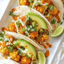 - 1 medium head of cauliflower, cut into florets - 1 cup all-purpose flour - 1 cup unsweetened almond milk (or regular milk) - 1 teaspoon garlic powder - 1 teaspoon onion powder - 1 teaspoon smoked paprika - 1 cup buffalo hot sauce (adjust to taste) - 8 small corn tortillas - 1 avocado, sliced - 1 cup shredded cabbage (purple or green) - Fresh cilantro, for garnish - Lime wedges, for serving You can change some ingredients to fit your taste. If you need gluten-free tacos, use a gluten-free flour mix instead of all-purpose flour. You can also swap almond milk for regular milk if you prefer. For a spicier kick, use extra buffalo sauce. If you want a creamier taco, add a dollop of sour cream or a vegan alternative. Each serving has about: - Calories: 300 - Protein: 8g - Carbohydrates: 40g - Fat: 12g - Fiber: 6g - Sugar: 2g These tacos are not just tasty; they are also packed with fiber and flavor. Enjoy the mix of textures and tastes while keeping your meal healthy. {{ingredient_image_1}} - Preheating the Oven Start by preheating your oven to 450°F (230°C). This heat gives the cauliflower a nice crisp. - Preparing the Batter In a large bowl, mix 1 cup of all-purpose flour with 1 cup of almond milk. Add 1 teaspoon garlic powder, 1 teaspoon onion powder, and 1 teaspoon smoked paprika. Whisk everything together until smooth. - Baking the Cauliflower Cut 1 medium head of cauliflower into florets. Dip each floret into the batter. Make sure it’s fully coated. Place them on a baking sheet lined with parchment paper. Bake for 20 minutes, flipping halfway. They should be golden and crispy. After that, toss the baked cauliflower in 1 cup of buffalo hot sauce. Return them to the oven for another 5-7 minutes to set. Warm your corn tortillas in a skillet for 30 seconds on each side. This makes them soft and easy to fold. Place a good amount of buffalo cauliflower on each tortilla. Top with sliced avocado and shredded cabbage. Finish with fresh cilantro and a squeeze of lime juice. To make your tacos pop, try these tips: - Use fresh lime juice for brightness. - Add a dash of salt to the avocado for more taste. - Try different hot sauces to find your perfect spice level. These small tips can elevate your meal to a whole new level! To get crispy cauliflower, start with dry florets. Rinse them and pat them with a towel. The batter needs to stick well. Use a mix of flour and almond milk. Whisk until smooth. Dip each floret in the batter, coating it fully. Place the florets on a baking sheet. Bake at 450°F (230°C) for 20 minutes. Flip them halfway to ensure even cooking. After the first bake, toss the florets in buffalo hot sauce. This adds flavor and keeps them crispy. Bake for another 5-7 minutes. Warm your corn tortillas before filling them. This makes them soft and easy to fold. Heat a skillet over medium heat. Place each tortilla in the skillet for 30 seconds on each side. Keep the tortillas stacked on a plate. Cover them with a towel to keep them warm. This step prevents them from drying out. You can add extra flavor to your tacos. Try adding sliced jalapeños for heat. Pickled onions offer a tangy crunch. Fresh cilantro is a perfect garnish. It adds freshness to every bite. A squeeze of lime juice brightens the taste. For a creamy touch, add avocado slices. Shredded cabbage adds crunch and color. Mix and match these toppings to suit your taste. Pro Tips Choose the Right Cauliflower: Opt for a medium head of cauliflower that is firm and free of blemishes for the best texture and flavor. Adjust the Spice Level: You can modify the amount of buffalo hot sauce to suit your taste. Start with less and add more if you like it spicier! Ensure Even Coating: When dipping the cauliflower in batter, make sure each piece is thoroughly coated for maximum crunch and flavor. Fresh Ingredients Matter: Use fresh cilantro and lime for garnishing; they enhance the overall taste and presentation of your tacos. {{image_2}} You can switch up the sauce for different flavors. Try using BBQ sauce for a sweet twist. Chipotle sauce adds a smoky kick. If you like it spicy, go for sriracha. Each sauce gives a unique taste to your tacos. Feel free to mix and match! Toppings can elevate your tacos. Consider adding pickled red onions for tang. You can also use diced tomatoes for freshness. Crumbled feta cheese offers a creamy touch. For a crunch, add sliced radishes. Fresh herbs like parsley or mint can add brightness. Let your taste guide you! To make this dish vegan, swap the milk for plant-based options. Almond or oat milk work great. Use gluten-free flour to keep it gluten-free. Make sure your tortillas are corn-based and gluten-free. These changes keep the tacos tasty for everyone. Enjoy your meal without worry! To keep your buffalo cauliflower tacos fresh, store each part separately. Place leftover cauliflower in an airtight container. Wrap the tortillas in plastic wrap or foil. For the avocado, sprinkle lime juice on it to prevent browning. Keep all parts in the fridge to maintain their taste and texture. When you're ready to enjoy leftovers, reheat the cauliflower in the oven. Set it to 350°F (175°C) and bake for about 10 minutes. This keeps the cauliflower crispy. Warm the tortillas in a skillet for about 30 seconds on each side. This will help them regain their softness. Buffalo cauliflower can last in the fridge for about 3 to 4 days. The tortillas stay good for up to a week if stored properly. Avocados are best eaten within a day or two after cutting. Always check for freshness before using your ingredients. Yes, you can make Buffalo Cauliflower Tacos ahead of time. You can prepare the cauliflower and store it in an airtight container. Bake the cauliflower and toss it in buffalo sauce first. Store it in the fridge for up to two days. When ready to eat, just reheat the cauliflower in the oven. This keeps it crispy. Warm the tortillas just before serving. Buffalo Cauliflower Tacos pair well with many sides. Here are some great options: - Mexican rice: This adds a nice base to your meal. - Black beans: They are healthy and fill you up. - Guacamole: This creamy dip adds flavor and texture. - Corn salad: A light salad complements the tacos well. You can also serve them with lime wedges for extra zest. The spiciness of Buffalo Cauliflower Tacos depends on the hot sauce you use. Most buffalo sauces range from mild to hot. If you love spice, use a hotter sauce. If you prefer less heat, choose a milder sauce or use less of it. The creamy avocado and lime help balance the heat. Enjoy the flavor without it being too hot! This blog post covered making delicious Buffalo Cauliflower Tacos. We explored the ingredients and how to prepare them. You learned tips for achieving crispy cauliflower and tasty tortillas. We also shared variations to try and proper storage methods. In conclusion, these tacos are easy, fun, and full of flavor. They are perfect for any meal or event. Try out the tips and variations to make them your own! Enjoy the process and share them with friends and family.