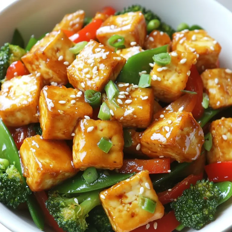 - 1 block (14 oz) firm tofu, drained and pressed - 1 red bell pepper, sliced - 1 cup broccoli florets - 1 cup snap peas - 3 green onions, chopped - 3 cloves garlic, minced - 1 tablespoon fresh ginger, grated - Zest and juice of 1 lemon - 2 tablespoons soy sauce - 1 tablespoon sesame oil - 2 tablespoons cornstarch - 2 tablespoons vegetable oil - Sesame seeds - Salt and pepper to taste This dish shines with fresh, colorful veggies. The firm tofu gives a hearty texture. I love how the garlic and ginger mix for a fragrant base. Lemon adds a bright zing that lifts the dish. The soy sauce brings a savory depth. You can play with the flavors to suit your taste. Add more lemon for a tangy punch or extra soy for saltiness. The sesame oil gives a nutty finish. Keep it simple or dress it up—your choice! {{ingredient_image_1}} Start by cutting the pressed tofu into bite-sized cubes. This makes it easy to cook and eat. Next, toss the tofu cubes in cornstarch. This step helps the tofu get crispy when cooked. It also adds a nice texture to the dish. Heat one tablespoon of vegetable oil in a large non-stick skillet over medium-high heat. Once the oil is hot, add the tofu cubes. Cook until the tofu turns golden and crispy on all sides, which takes about 8 to 10 minutes. After that, remove the tofu from the skillet and set it aside. This will keep it crispy until you mix it with the veggies. In the same skillet, add another tablespoon of vegetable oil. Sauté the minced garlic and grated ginger for about one minute. You want to cook them just enough for their strong flavors to come out. Then, add the sliced red bell pepper, broccoli florets, and snap peas. Stir-fry these veggies for about 4 to 5 minutes. You want them to be tender but still crisp. Now it's time to bring everything together. Stir in the cooked tofu along with the lemon zest, lemon juice, soy sauce, and sesame oil. Mix everything well until it's heated through, which takes about 2 minutes. Finally, season with salt and pepper to taste. This step helps balance the flavors in your dish. Enjoy this fresh and bright meal! To make great tofu, start by pressing it. This removes extra water. Use a clean towel and a heavy object. Leave it for at least 15 minutes. This makes the tofu firmer and helps it soak up flavors. Next, coat the tofu in cornstarch. This step is key. The cornstarch creates a crispy crust. Toss the tofu cubes well until they are fully coated. This simple trick turns bland tofu into a tasty treat. Add more spices to boost flavor. Try red pepper flakes for heat. A pinch of smoked paprika can add depth. Experiment with herbs like basil for a fresh twist. Balance the acidity of the lemon juice and soy sauce. The lemon gives a bright taste, while soy sauce adds umami. Adjust these to match your preference. A little extra lemon can brighten up the dish even more. Keep your veggies crisp by not overcooking them. Stir-fry them quickly over high heat. This helps retain their bright colors and crunch. Add harder vegetables first. Start with bell peppers and broccoli. Then, add snap peas later. This way, everything cooks evenly and stays fresh. Enjoy the vibrant colors and textures in your stir fry! Pro Tips Press Tofu Well: Ensure the tofu is pressed adequately to remove excess moisture, which helps achieve a crispier texture when frying. Use High Heat: Cooking the tofu and vegetables on medium-high heat allows for a nice sear and retains the crispness of the veggies. Customize Veggies: Feel free to substitute or add your favorite vegetables like carrots, bell peppers, or zucchini for added variety and flavor. Serve Immediately: This dish is best enjoyed fresh. Serve it hot right after cooking to savor the flavors at their peak. {{image_2}} You can swap tofu for other proteins. Chicken works well if you eat meat. Just cut it into cubes and cook it the same way. Tempeh is another great choice. It has a nutty flavor and cooks quickly. For a vegan option, chickpeas or lentils can add protein. Both are tasty and easy to use in this stir fry. Feel free to mix in other vegetables. Carrots and bell peppers add color and crunch. You can also use zucchini or mushrooms. They cook well and absorb flavors nicely. Think about using seasonal vegetables too. In summer, fresh corn or cherry tomatoes brighten the dish. You can change the sauce to suit your tastes. Teriyaki sauce adds a sweet touch. Chili sauce brings heat if you want a kick. For a creamy twist, try adding nut butter. Peanut or almond butter makes the dish rich and smooth. Just stir it in at the end for a different flavor. To keep your Lemon Garlic Tofu Stir Fry fresh, store leftovers properly. Place the stir fry in an airtight container. Glass or plastic containers work well. Make sure to let the dish cool before sealing it. This helps prevent steam buildup, which can make the food soggy. Store the container in the fridge. Your stir fry will stay good for about 3 to 4 days. When you're ready to enjoy leftovers, there are great ways to reheat them. You can use the microwave or the stovetop. If using the microwave, heat in short bursts. Stir the dish between each burst. This helps heat evenly. For stovetop reheating, use a non-stick skillet. Add a splash of water or oil to prevent sticking. Heat over low to medium heat, stirring often. This keeps the tofu crispy and the veggies bright. If you want to save some for later, freezing is an option. However, the texture may change slightly. To freeze, place the cooled stir fry in a freezer-safe bag. Remove as much air as you can before sealing. Your stir fry can last for about 2 to 3 months in the freezer. When you’re ready to eat, defrost it in the fridge overnight. Reheat it in the microwave or on the stovetop, just like before. Enjoy your tasty meal anytime! To make crispy tofu, start with firm tofu. Press the tofu to remove excess water. Cut it into small cubes. Coat each cube with cornstarch. This helps create a crunchy outer layer. Heat oil in a skillet over medium-high heat. Cook the tofu until golden brown on all sides. This usually takes about 8-10 minutes. Keep the heat high for the best crispiness. Yes, you can! Feel free to mix in your favorite vegetables. Carrots, zucchini, or bell peppers work well. You could also try mushrooms or bok choy. Just make sure to cut them small. This helps them cook evenly. Be creative and use what's in season! This stir fry pairs well with many sides. Serve it over rice for a hearty meal. Noodles are another great choice, adding chewiness. You can also enjoy it in a fresh salad. The bright flavors of the stir fry will shine through. Yes, this recipe is both vegan and gluten-free! Tofu is a plant-based protein. The soy sauce can be swapped for a gluten-free version. Just check the label to ensure it fits your needs. Enjoy this healthy dish without worry! This blog post covers a delicious Lemon Garlic Tofu Stir Fry. We discussed key ingredients like firm tofu and fresh vegetables, plus essential seasonings for flavor. I shared step-by-step instructions for preparing and cooking tofu, stir-frying vegetables, and combining everything. Useful tips help you achieve perfect texture and flavor. Incorporate variations and storage tips for easy meal prep. Now, you can create a healthy stir fry that suits your taste. Enjoy exploring flavors and make this dish your own!