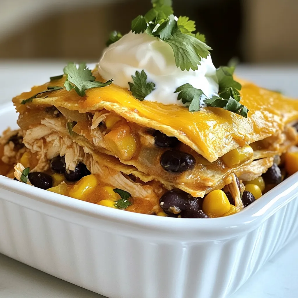 - 2 cups cooked chicken, shredded - 1 can (15 oz) black beans, rinsed and drained - 1 can (15 oz) corn kernels, drained - 1 can (10 oz) diced tomatoes with green chiles - 1 teaspoon chili powder - 1 teaspoon cumin - 1 teaspoon garlic powder - 1 teaspoon onion powder - 8 small corn tortillas, cut into quarters - 2 cups shredded cheddar cheese - 1 cup sour cream - 1/2 cup fresh cilantro, chopped - Salt and pepper to taste For this dish, I like to use precise measurements. Each ingredient plays a key role. The chicken adds protein, while the beans and corn bring fiber and sweetness. The spices, like chili powder and cumin, give it a warm kick. The cheese melts beautifully, making the dish creamy and rich. You can mix it up with a few optional ingredients. Try adding jalapeños for heat or bell peppers for crunch. Black olives also add a salty touch. If you love avocado, serve slices on the side for creaminess. These extras can enhance the flavor and texture. Feel free to get creative! {{ingredient_image_1}} First, gather all your ingredients. You will need cooked chicken, black beans, corn, and diced tomatoes. Don’t forget the spices: chili powder, cumin, garlic powder, and onion powder. Grab your tortillas and cheese too. Preheat your oven to 350°F (175°C). This helps get a nice golden crust on top. In a large bowl, mix the chicken, beans, corn, tomatoes, and spices. Make sure everything is well combined. Taste the mix and add salt and pepper as needed. This step is key for flavor. Now, let’s layer the casserole. Take a greased 9x13 inch dish. Start with half of the tortilla quarters on the bottom. This forms a great base for your dish. Next, spread half of the chicken mixture over the tortillas. Then, add half of the sour cream. Sprinkle one cup of shredded cheddar cheese on top. Repeat this layering. Add the remaining tortilla quarters, then the rest of the chicken mix, sour cream, and finish with the last of the cheese. Each layer adds a new taste and texture. Cover your casserole with aluminum foil. This keeps the heat inside and helps it cook evenly. Place it in the preheated oven for 25 minutes. After that, remove the foil and bake for another 15 to 20 minutes. You want the cheese to be bubbling and golden. Once it's done, take it out of the oven. Let it sit for 5 to 10 minutes before serving. This helps everything set up. Top it with fresh cilantro for a nice touch. Enjoy your easy and tasty Southwest Chicken Tortilla Casserole! To enhance the taste of your Southwest Chicken Tortilla Casserole, use fresh spices. Fresh spices pack a stronger punch than old ones. Toasting your spices in a dry pan for a minute wakes them up. This simple step boosts the flavor. Try adding lime juice for a zesty kick. A squeeze before serving adds freshness that brightens every bite. You can also adjust the chili powder to match your heat preference. The key to a great casserole is layering. Spread the ingredients evenly for a balanced taste. Make sure to layer the chicken mixture and cheese well. This helps every piece have flavor. Cover the dish with foil at first. This keeps moisture in, ensuring the chicken stays juicy. Uncover it near the end to let the cheese get golden and bubbly. Let the casserole sit after baking. This helps it set and makes serving easier. Serve your casserole straight from the dish. This makes it easy and fun for everyone. Top it with chopped cilantro for a fresh look. Add slices of avocado or a simple green salad on the side. These sides add creaminess and crunch. If you have leftover sour cream, place it on the table. Guests can add it as they like. This dish is great for gatherings or family dinners. Pro Tips Layering is Key: Ensure you spread the ingredients evenly across the layers for consistent flavor in every bite. Cheese Choices: Experiment with different cheeses like pepper jack for added spice or Monterey Jack for a milder flavor. Make Ahead: Prepare the casserole in advance and refrigerate it overnight. Just pop it in the oven when you're ready to bake! Serving Suggestions: Pair with a dollop of guacamole or a side of tortilla chips for a delightful crunch. {{image_2}} You can easily swap out some ingredients in this casserole. For instance, if you don’t have cooked chicken, use shredded rotisserie chicken. You can also try ground turkey or beef for a different twist. If you're out of black beans, pinto beans work great too. For a veggie option, use mushrooms or zucchini instead of meat. You can even replace corn with bell peppers for a fresh crunch. This casserole can fit many diets. For a low-carb version, skip the tortillas. Instead, use cauliflower rice or zucchini slices as layers. If you want a dairy-free dish, use vegan cheese and sour cream. You can also use almond milk or coconut yogurt as a substitute. Gluten-free? Just make sure your tortillas are labeled gluten-free. You can change the taste of this casserole by adding different spices. If you like heat, toss in some cayenne pepper or jalapeños. For a smoky flavor, try smoked paprika. You can also add fresh herbs like oregano or thyme. Want a creamy touch? Add a layer of cream cheese in the middle for richness. These simple swaps keep your Southwest Chicken Tortilla Casserole exciting every time you make it! To store your Southwest Chicken Tortilla Casserole, let it cool first. Place it in an airtight container. You can keep it in the fridge for up to three days. Make sure to cover it well. This helps keep the flavors fresh. When you are ready to eat, just grab it from the fridge. If you want to freeze your casserole, it works well too. Cut it into portions before freezing. Use freezer-safe containers or bags. Label them with the date. This way, you’ll know how long it has been in the freezer. It can last for about three months. When you’re ready to eat, thaw it in the fridge overnight. Reheating is easy! For the best taste, use the oven. Preheat your oven to 350°F (175°C). Place the casserole in an oven-safe dish. Cover it with foil so it doesn’t dry out. Heat for about 20-25 minutes. If you’re in a hurry, you can use the microwave. Just heat it in short bursts. Stir it often until it’s hot all the way through. Enjoy your tasty leftovers! Yes, you can make this casserole ahead. Prepare the dish and layer the ingredients. Cover it tightly with foil. Store it in the fridge for up to 24 hours. When ready to bake, remove it from the fridge. Let it sit for 30 minutes before baking. This helps it cook evenly. Many sides go well with this casserole. Here are a few ideas: - Fresh guacamole - A simple green salad - Corn on the cob - Mexican rice - Sliced avocado These sides add color and flavor to your meal. They also help balance the richness of the casserole. Absolutely! You can use different cheeses. Try Monterey Jack for a mild flavor. Pepper Jack adds spice and heat. You can also use a blend of cheeses for a tasty twist. Just keep in mind that the cheese should melt well. This gives you that gooey goodness everyone loves! This blog post covered the key ingredients and steps to make a delicious casserole. I shared tips to perfect the flavor and discussed various storage methods. Remember, you can adjust ingredients and try different cheeses to suit your taste. This allows you to create a dish that fits your needs. With this knowledge, you can enjoy a satisfying meal tailored just for you. Happy cooking!