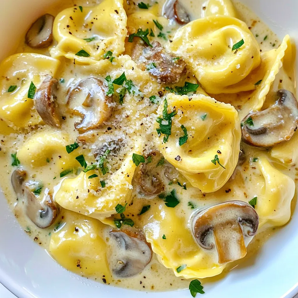 Here’s a list of everything you need for Creamy Garlic Mushroom Tortellini: - 1 package (9 oz) cheese tortellini - 2 tablespoons olive oil - 3 cloves garlic, minced - 8 oz mushrooms, sliced (any variety, e.g., cremini or button) - 1 cup heavy cream - 1/2 cup grated Parmesan cheese - 1 teaspoon dried thyme - Salt and pepper to taste - Fresh parsley, chopped (for garnish) Each ingredient plays a key role in making this dish rich and tasty. The cheese tortellini gives a soft, cheesy bite. Olive oil adds a smooth taste and helps cook the mushrooms. Garlic brings a bold flavor that fills the kitchen with warmth. Mushrooms offer a nice texture and earthy taste. Heavy cream makes the sauce creamy and rich. Parmesan cheese adds a salty kick. Dried thyme gives a hint of herb flavor. Salt and pepper enhance all the tastes. Fresh parsley brightens up the dish with color and freshness. Gather these ingredients for a delightful cooking experience. You’ll love how they come together to create a satisfying meal. {{ingredient_image_1}} - Boiling Water and Salting: Start by bringing a large pot of water to a rolling boil. Add a generous amount of salt to the water. This step is vital as it flavors the tortellini. - Cooking Time: Gently add the cheese tortellini to the boiling water. Cook them according to the package instructions, usually around 3-5 minutes. They should be al dente, tender but still firm. Once done, drain them and set aside. - Heat Level and Timing: Heat a large skillet over medium heat. Pour in the olive oil and let it warm for a minute. This helps the mushrooms cook evenly. - Desired Mushroom Texture: Add the sliced mushrooms to the hot skillet. Sauté them for about 5-7 minutes until they turn golden brown and tender. Stir occasionally to ensure they cook evenly. - Garlic Sautéing Tips: Once the mushrooms are ready, add the minced garlic. Stir it in for about 1-2 minutes. Watch closely to avoid burning the garlic, which can turn bitter. - Thickening the Sauce: Pour in the heavy cream and bring it to a gentle simmer. Stir in the grated Parmesan cheese, dried thyme, salt, and pepper. Allow the sauce to thicken, which takes about 3-4 minutes. Stir often for a smooth texture. - Gentle Mixing Techniques: Add the drained tortellini to the creamy mushroom sauce. Use a spatula to gently fold the pasta into the sauce. This helps coat each piece well without breaking them. - Ensuring Even Coating: Make sure all the tortellini are covered in the sauce. This step ensures every bite is rich and creamy. - Taste Testing: Before serving, taste the dish. Adjust the seasoning with more salt and pepper if needed. This step allows you to perfect the flavor. - Garnishing: Remove the skillet from heat. Serve the dish immediately, garnishing with chopped fresh parsley. This adds color and a fresh taste. Avoiding Overcooking Tortellini To keep your tortellini firm, cook it just until al dente. This means it should still have a slight bite. Boil salted water and follow the package instructions carefully. Drain it right away to stop the cooking. If you leave it in the pot, it can become mushy. Perfecting Garlic Flavor Garlic adds depth to your dish. Sauté it briefly with mushrooms. Keep a close eye on it. If garlic burns, it turns bitter. Aim for a light golden color. This will give your sauce a nice, rich flavor. Dairy-Free Options If you need a dairy-free dish, swap heavy cream with coconut cream. It adds a nice creaminess. Use nutritional yeast instead of Parmesan for a cheesy taste. This way, you keep the flavor while making it dairy-free. Alternative Pasta Suggestions You can use other pasta types too. Try tortelloni or even gluten-free pasta. Just adjust the cooking time based on the type you choose. Each will give a different twist to your dish. Serving Suggestions Serve this dish hot, right out of the pan. A big bowl looks great. Sprinkle fresh parsley on top for color and taste. It makes the dish pop and adds a fresh finish. Dish Pairings Pair your tortellini with a simple salad or garlic bread. These sides complement the creamy flavors well. A light white wine can also enhance your meal, making it feel special. Pro Tips Use Fresh Ingredients: Fresh mushrooms and garlic enhance the flavor of the dish immensely. Opt for high-quality ingredients for the best results. Don’t Overcook the Tortellini: Make sure to cook the tortellini al dente to prevent it from becoming mushy when combined with the sauce. Adjust Creaminess: You can reduce the amount of heavy cream if you prefer a lighter sauce, or add more cheese for extra richness. Experiment with Herbs: While thyme works well, feel free to experiment with other herbs like basil or oregano to customize the flavor to your liking. {{image_2}} Chicken or Shrimp Options You can add chicken or shrimp to this dish for extra protein. For chicken, use cooked, diced pieces. Sauté them in the pan before adding mushrooms. For shrimp, add raw shrimp after the garlic. Cook until they turn pink and opaque. Vegetarian Alternatives If you want a vegetarian option, consider chickpeas or lentils. They add protein and a nice texture. You can also try tofu for a different twist. Just sauté the tofu until golden before adding it to the sauce. Adding Spinach or Kale Spinach or kale can boost nutrition and flavor. Add fresh spinach at the end of cooking. It wilts quickly and adds color. For kale, sauté it with the mushrooms until tender. Both options create a lovely green contrast. Using Different Cheeses You can switch up the cheese for new flavors. Try goat cheese for a tangy taste. Ricotta adds creaminess. Experiment with sharp cheddar for a bolder flavor. Each cheese changes the dish's character. Incorporating Seasonal Vegetables Seasonal vegetables can make this dish more vibrant. In spring, add asparagus or peas. In summer, try zucchini or bell peppers. Fall brings squash or pumpkin, while winter can feature hearty root veggies like carrots or parsnips. Adapting for Holiday Flavors You can create a festive version for holidays. Add nutmeg or sage for warm, cozy notes. A splash of white wine can make it feel special. Top with toasted nuts for crunch and flavor. - Storing Leftovers: After enjoying your creamy garlic mushroom tortellini, let it cool down. Place leftovers in an airtight container. This keeps the flavors fresh. You can store it in the fridge for up to three days. - Best Containers to Use: Use glass or BPA-free plastic containers. They seal tightly and help avoid spills. - How to Freeze for Future Meals: To freeze, first let the tortellini cool completely. Then, transfer it to a freezer-safe container. Leave some space at the top for expansion. You can freeze it for up to two months. - Reheating Tips: When ready to eat, thaw it overnight in the fridge. Reheat in a skillet over low heat. Add a splash of cream or water to keep it creamy. Heat gently to avoid burning. - How Long Will it Last: In the fridge, creamy garlic mushroom tortellini lasts about three days. In the freezer, it can go up to two months. - Signs of Spoilage: Look for any strange smells or changes in color. If the tortellini feels slimy, it's time to toss it. Always trust your nose and eyes! You can make Creamy Garlic Mushroom Tortellini ahead of time. To prepare in advance, cook the tortellini and sauce as usual. Store them separately in the fridge. Keep the tortellini in an airtight container. Also, store the sauce in another container. When you are ready to eat, reheat both. This keeps the pasta from getting mushy. Creamy Garlic Mushroom Tortellini pairs well with many side dishes. Here are some great options: - Garlic bread - Simple green salad - Steamed vegetables - Roasted asparagus - Grilled chicken These sides add flavor and balance to your meal. You can mix and match based on your taste. Yes, this recipe is perfect for a vegetarian diet. It uses cheese tortellini and mushrooms. Both ingredients are plant-based. Just check that your tortellini has no meat. You can enjoy this dish without any meat products. This blog post covered how to make Creamy Garlic Mushroom Tortellini, from ingredients to serving. I shared tips for cooking tortellini and sautéing mushrooms. You can adapt the recipe with various proteins and flavors. Proper storage keeps your leftovers fresh for later. Remember, cooking is fun and creative! Enjoy experimenting with your pasta dish. You’ll impress family and friends with tasty meals you create. Dive in and enjoy every bite!