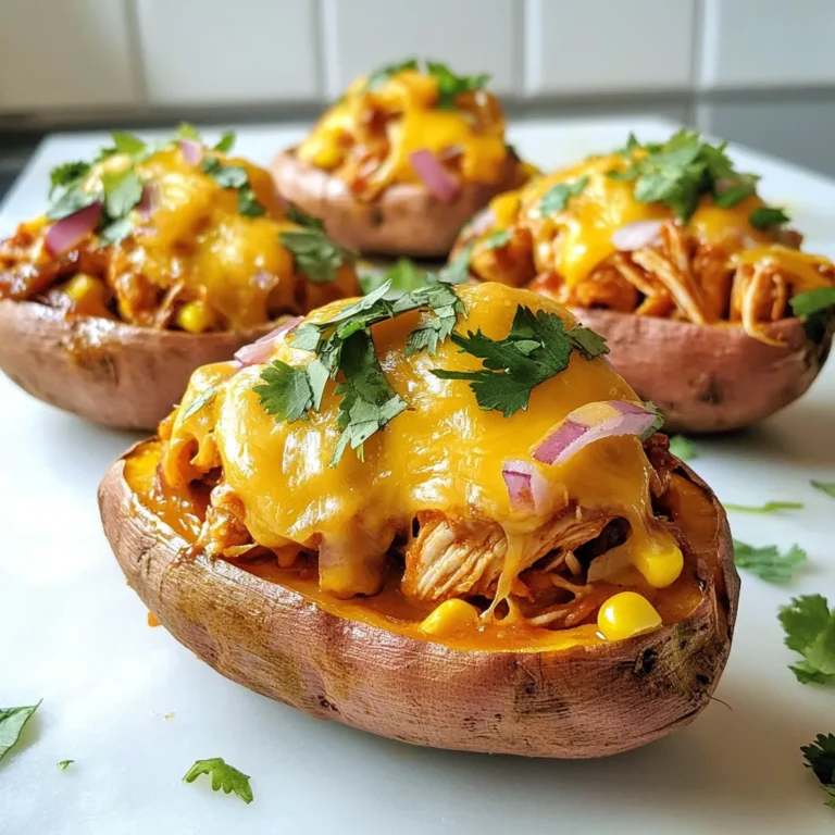 When making BBQ Chicken Stuffed Sweet Potatoes, you need fresh and tasty ingredients. Here’s what you will need: - 4 medium sweet potatoes - 2 cups cooked chicken, shredded - 1 cup BBQ sauce - 1 cup corn kernels - 1/2 cup red onion, finely chopped - 1 cup shredded cheddar cheese - 1/4 cup fresh cilantro (optional) - Salt and black pepper to taste - Olive oil for drizzling Each ingredient plays a big role in the flavor. The sweet potatoes provide a soft base that pairs well with the savory chicken. The BBQ sauce adds a sweet and tangy taste. Corn gives a nice crunch, while the red onion adds a bit of bite. The cheese melts beautifully and makes everything creamy. Adding cilantro at the end brings freshness to the dish. Using quality ingredients makes this recipe shine. Make sure your chicken is cooked well and your BBQ sauce is one you enjoy. This dish is all about balance. Each bite should have the sweetness of the potato, the zest of the BBQ, and the richness of the cheese. Enjoy the process of gathering your ingredients. They will all come together to create a delicious meal. {{ingredient_image_1}} - Step 1: Preheat your oven to 400°F (200°C). This temperature ensures the sweet potatoes cook well. - Step 2: Wash the sweet potatoes thoroughly. Pierce each potato several times with a fork. Drizzle lightly with olive oil and sprinkle with salt. This helps the skin crisp up while baking. - Step 3: In a medium bowl, combine shredded chicken with your favorite BBQ sauce. Mix well to coat the chicken evenly. This will give the chicken a rich flavor. - Step 4: In a skillet, sauté the chopped red onion over medium heat until they become translucent, about 4-5 minutes. Add the corn and heat through for about 2 minutes. This adds a nice crunch to the filling. - Step 5: Once the sweet potatoes are baked, remove them from the oven. Let them cool slightly. Cut them in half lengthwise and scoop out a little flesh to create space for the filling. Leave a small border of potato intact for support. - Step 6: In a large bowl, mix the BBQ chicken, sautéed corn, and onion, and half of the shredded cheese until well combined. Spoon this BBQ chicken mixture generously into each sweet potato half. Top each with the remaining cheese. Return the stuffed sweet potatoes to the oven. Bake for an additional 10-15 minutes, or until the cheese is bubbly and golden. When picking sweet potatoes, choose medium-sized ones. They are easier to handle and cook well. Look for potatoes that feel firm and smooth. Freshness is key; avoid any with soft spots or blemishes. Fresh sweet potatoes have a sweet taste and good texture. To boost flavor, try adding spices like chili powder or garlic powder. You can also mix in black beans for added texture. For cheese, I recommend using sharp cheddar. It melts nicely and adds a rich taste to your dish. You can also experiment with pepper jack for a spicy kick! Baking sweet potatoes takes time but gives the best results. Make sure to bake them for 45-60 minutes. This ensures they become soft and creamy. If you're short on time, you can microwave them. Just pierce them and cook for about 8-10 minutes. However, baking gives that nice flavor and texture you want. Pro Tips Choose the Right Sweet Potatoes: Look for firm, unblemished sweet potatoes for the best flavor and texture. Shred Chicken Easily: Use a stand mixer with a paddle attachment to shred cooked chicken quickly and effortlessly. Add Extra Flavor: Consider mixing in spices like smoked paprika or garlic powder into your BBQ sauce for an extra flavor kick. Customize Your Toppings: Feel free to add other toppings such as jalapeños, avocado, or sour cream to enhance your stuffed sweet potatoes. {{image_2}} You can switch up the BBQ sauce for fun. Try a spicy sauce for a kick. A sweet and smoky sauce works well too. If you want to get creative, make your own sauce. Mix ketchup, honey, and a dash of vinegar for a simple homemade version. You can even add garlic or mustard for extra flavor. Experiment with different sauces to find your favorite taste. You can add more to your stuffed sweet potatoes. Try mixing in black beans or bell peppers for crunch. You can also add jalapeños if you like heat. For protein, use pulled pork or shredded beef instead of chicken. Don’t forget to season well! A sprinkle of chili powder or cumin gives a nice touch. These additions make the meal even more satisfying. If you need a vegetarian option, use plant-based chicken. It tastes great with BBQ sauce. For those who are gluten-free, check your BBQ sauce label. Some brands add gluten. Also, sweet potatoes are naturally gluten-free. This dish fits many diets, so everyone can enjoy it. Make these changes to suit your needs and enjoy! To keep your BBQ chicken stuffed sweet potatoes fresh, start by letting them cool. Place them in an airtight container. Store them in the fridge for up to three days. If you want to keep them longer, you can freeze them. Wrap each stuffed potato in plastic wrap and place them in a freezer bag. They can last up to three months in the freezer. To reheat, take them out of the fridge or freezer. If frozen, thaw in the fridge overnight. Preheat your oven to 350°F (175°C). Place the stuffed potatoes on a baking sheet. Add a splash of water to keep them moist. Cover with foil and bake for 20-25 minutes. If they are in the fridge, just bake for about 15 minutes. Cooked chicken can stay fresh in the fridge for up to four days. Make sure it is sealed well. BBQ sauce can last for about a week, if stored tightly in the fridge. Always check the label for specifics. Sweet potatoes should be firm and free from spots. If they are soft, shriveled, or have dark spots, they may be spoiled. Store them in a cool, dark place. Proper storage can keep them fresh for weeks. It takes about 45 to 60 minutes to cook sweet potatoes at 400°F (200°C). To check if they are tender, pierce them with a fork. If the fork goes in easily, they are ready. If not, give them a bit more time. Yes, you can prepare the BBQ chicken mixture in advance. Cook and shred your chicken ahead of time. Mix it with BBQ sauce, then store it in the fridge. This way, you can save time when you are ready to assemble your sweet potatoes. Some great side dishes include: - Simple green salad - Grilled corn on the cob - Roasted vegetables - Coleslaw for crunch These sides balance the flavors of the stuffed sweet potatoes and complete your meal. In summary, making BBQ Chicken Stuffed Sweet Potatoes is simple and tasty. You need sweet potatoes, chicken, BBQ sauce, and cheese, plus your favorite veggies. Prepping and baking them is straightforward. Remember to store leftovers correctly for best taste. You can also customize the dish with different sauces and ingredients to suit your needs. Enjoy the blend of flavors and textures, and make this dish a go-to for family meals!