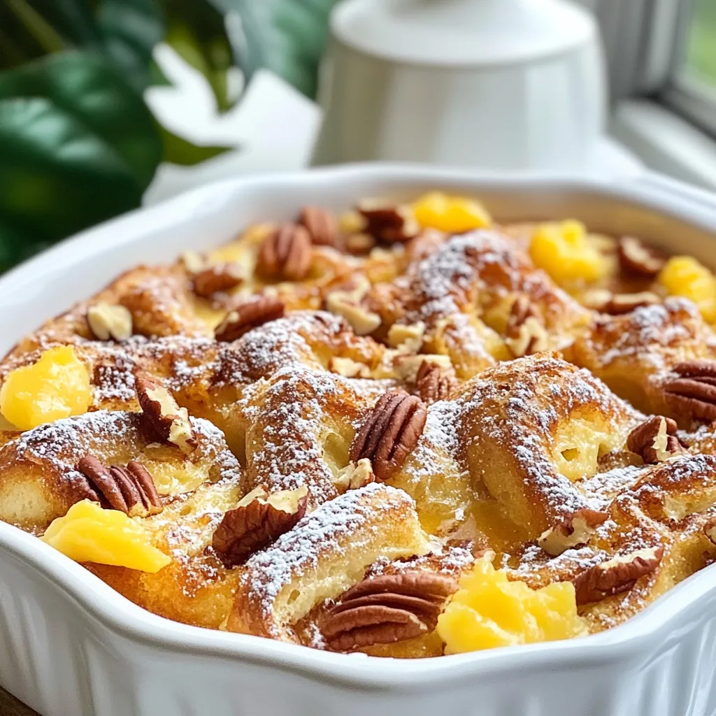 Let’s gather what you need to make this tasty dish. Here is the main ingredients list: - 2 cans of cinnamon roll dough (with icing) - 6 large eggs - 1 cup milk - 1 teaspoon vanilla extract - 1 teaspoon ground cinnamon - 1/4 teaspoon nutmeg - 1/2 cup chopped pecans or walnuts (optional) - 1/4 cup maple syrup (for drizzling) - Powdered sugar (for dusting, optional) Each ingredient plays a key role in making the casserole rich and yummy. The cinnamon roll dough gives the dish its sweet base. Eggs and milk create a creamy custard that binds everything. Vanilla extract adds a lovely aroma, while ground cinnamon and nutmeg bring warmth and spice. If you choose to add nuts, they will offer a nice crunch. Maple syrup adds sweetness, and powdered sugar gives a pretty finish. This combination makes your breakfast a treat for the eyes and taste buds. Enjoy the process of gathering these ingredients. The fun begins once you start cooking! {{ingredient_image_1}} - Preheat your oven to 350°F (175°C). Grease a 9 x 13-inch baking dish with non-stick spray. - Open the cinnamon roll dough. Cut each roll into quarters. Place the pieces evenly in the dish. - In a bowl, whisk together 6 large eggs, 1 cup milk, 1 teaspoon vanilla extract, 1 teaspoon ground cinnamon, and 1/4 teaspoon nutmeg. Mix until smooth. - Pour the egg mixture evenly over the cinnamon roll pieces. Make sure all pieces get coated. - If you like, sprinkle 1/2 cup chopped pecans or walnuts on top for a crunch. - Cover the baking dish with aluminum foil. Bake for the first 25 minutes. - After 25 minutes, remove the foil. Bake for another 15-20 minutes. Look for a golden brown color. - Let the casserole cool for a few minutes after baking. - Drizzle with 1/4 cup maple syrup. Top with the icing from the cinnamon rolls. - If you want, dust with powdered sugar for an extra touch. Serve warm and enjoy! To get a great cinnamon roll casserole, you need even coating. Cut the cinnamon rolls into quarters. Make sure each piece gets soaked in the egg mix. This step is key for flavor and moisture. For fluffiness, add enough milk and eggs. They help the dish rise and stay soft. You can add your own twist to this dish. Spices like nutmeg or ginger can make it special. A pinch of cardamom adds a nice touch too. For toppings, consider nuts or fresh fruit. Chopped apples or berries can brighten each bite. Watch the baking time closely. Overbaking can make it dry. Underbaking leaves it soggy. Use a clean knife to check for doneness. If it comes out clean, it’s ready. Mixing ratios matter too. Too many eggs can make it dense, while too few can make it weak. Pro Tips Use Day-Old Bread: For a more custardy texture, use bread that is a day or two old. This allows it to absorb the egg mixture better. Experiment with Flavors: Feel free to add different spices or extracts such as almond or orange for a unique flavor twist. Let It Sit: Allow the assembled casserole to sit for 30 minutes before baking to enhance the flavors and texture. Make Ahead: This dish can be prepared the night before and stored in the refrigerator. Just add an extra 10-15 minutes to the baking time. {{image_2}} You can mix up the flavors of your cinnamon roll French toast casserole in fun ways. Here are two ideas: - Pumpkin spice cinnamon roll casserole: Use pumpkin spice in place of regular cinnamon. Add pumpkin puree for a rich, warm taste. This version is perfect for fall. - Chocolate chip cinnamon roll casserole: Toss in chocolate chips with the cinnamon rolls. The melting chocolate adds sweetness and richness, making it a favorite among kids. If you or your guests have dietary needs, you can adjust this dish easily: - Gluten-free options for the dough: Look for gluten-free cinnamon roll dough. Many brands offer tasty options that work great in this casserole. - Dairy-free alternatives for the milk: You can use almond milk or oat milk instead of regular milk. These substitutes keep the flavor while meeting dairy-free needs. You can also tailor this dish for special times of the year: - Holiday-themed additions: For Christmas, mix in dried cranberries or a splash of eggnog. They bring festive flavors that make the dish feel special. - Breakfast casserole ideas for special occasions: For birthdays or brunches, add fresh fruit like strawberries or bananas. These bright flavors make the dish even more inviting. After you enjoy your Cinnamon Roll French Toast Casserole, cool it down first. Let it sit for about 30 minutes. Then, store it in an airtight container. This helps keep it fresh. Use containers that seal well to avoid air. You can keep it in the fridge for up to 3 days. You can freeze the casserole if you have leftovers or want to prep ahead. To freeze before baking, wrap the dish tightly in plastic wrap and then foil. This keeps it safe from freezer burn. For freezing after baking, let it cool completely first. Then follow the same wrapping method. When you are ready to eat, thaw it overnight in the fridge. Bake it straight from the fridge for about 30-35 minutes at 350°F. Check that it is heated through. If stored properly, the casserole lasts about 3 days in the fridge. Look for signs of spoilage, like a sour smell or mold. If it looks or smells off, throw it away. Always trust your senses when it comes to food safety! Yes, you can prepare this casserole the night before. Just follow these tips: - Cut the cinnamon rolls and place them in the dish. - Mix the eggs, milk, vanilla, cinnamon, and nutmeg. - Pour the egg mix over the rolls and cover the dish. - Refrigerate overnight. - Bake in the morning, adding 5-10 extra minutes to cook time. To get a crispy top, try these techniques: - Bake without foil during the last 15-20 minutes. - Use a higher oven rack to get more heat on top. - Add a sprinkle of brown sugar before baking for a sweet crunch. Yes, you can use other types of bread. Here are some options: - Use brioche or challah for a richer flavor. - Try croissants for a flaky texture. - Even use regular bread, but cut it into cubes. Each choice will give a different taste and texture, so have fun! This blog post covered an easy and tasty cinnamon roll casserole. I showed you the key ingredients, step-by-step instructions, and creative tips to make it your own. Remember to avoid common mistakes for the best results. You can also explore fun variations for different seasons and diets. Finally, proper storage helps keep leftovers fresh. Enjoy baking this sweet dish, and impress friends and family with your skills!