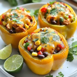 For Chicken Fajita Stuffed Peppers, gather these ingredients: - 4 large bell peppers (any color) - 1 lb boneless, skinless chicken breasts, diced - 1 tablespoon olive oil - 1 medium onion, thinly sliced - 1 red bell pepper, thinly sliced - 1 green bell pepper, thinly sliced - 2 cloves garlic, minced - 1 tablespoon chili powder - 1 teaspoon cumin - 1 teaspoon paprika - Salt and pepper to taste - 1 cup corn (fresh or frozen) - 1 cup black beans, rinsed and drained - 1 cup shredded cheese (cheddar or a Mexican blend) - Fresh cilantro, for garnish - Lime wedges, for serving You can change some ingredients for different flavors: - Use ground turkey instead of chicken for a leaner option. - Swap black beans for pinto beans if you prefer. - Try quinoa instead of corn for added texture. - If you're lactose-free, skip the cheese or use a dairy-free alternative. - Add jalapeños for extra heat or omit spices for a milder dish. This dish is tasty and offers good nutrition. Here’s a breakdown per serving: - Calories: 350 - Protein: 30g - Carbohydrates: 45g - Fat: 10g - Fiber: 8g - Sugar: 3g These values may vary based on specific ingredients used. This dish packs protein and fiber, making it a filling choice. Enjoy your Chicken Fajita Stuffed Peppers while knowing you’re eating well! {{ingredient_image_1}} Start by preheating your oven to 375°F (190°C). Take four large bell peppers and cut off the tops. Remove the seeds and ribs inside. Place the peppers upright in a baking dish. This will hold them steady while they bake. Next, heat one tablespoon of olive oil in a large skillet over medium heat. Add one pound of diced chicken breasts. Season the chicken with salt, pepper, chili powder, cumin, and paprika. Cook for about five to seven minutes. You want the chicken to be cooked through and lightly browned. Now, add one thinly sliced medium onion, one thinly sliced red bell pepper, and one thinly sliced green bell pepper to the skillet. Add two minced garlic cloves as well. Sauté this mix for three to four minutes. The vegetables should become tender. Stir in one cup of corn and one cup of black beans. Cook for another two minutes until everything is heated through. Carefully spoon the chicken and vegetable mix into each prepared bell pepper. Pack the filling tightly for the best flavor. Now, top each pepper with one cup of shredded cheese. Cover the baking dish with aluminum foil. Bake the stuffed peppers in your preheated oven for 30 minutes. After this time, remove the foil. Bake for another 10 to 15 minutes. This helps the cheese become bubbly and golden. Once cooked, let the peppers cool for a few minutes. Garnish with fresh cilantro and serve with lime wedges. Enjoy your tasty meal! To cook chicken just right, start with even-sized pieces. This helps them cook evenly. Season the chicken well with salt, pepper, and spices. I love using chili powder, cumin, and paprika for a kick. Sauté the chicken on medium heat for 5 to 7 minutes. Look for a golden color and no pink inside. This means it's ready! When picking bell peppers, look for firm skin and vibrant color. The best peppers feel heavy for their size. Avoid any with wrinkles or soft spots. Each color has a unique taste. Green peppers are slightly bitter, while red and yellow are sweeter. For a fun mix, use a variety of colors in your dish! Serve your stuffed peppers on a bright platter. Add a drizzle of sour cream or a dollop of guacamole for extra flavor. Fresh cilantro on top adds a lovely touch. Lime wedges on the side enhance the meal with a zesty finish. You can also pair these peppers with a simple salad or rice for a complete dinner. Pro Tips Choose Colorful Peppers: Using a mix of bell pepper colors not only enhances the visual appeal of your dish but also adds a variety of flavors that complement the stuffing. Use Leftover Chicken: To save time, use leftover rotisserie chicken instead of cooking fresh chicken. Just shred it and mix it with the vegetables and spices. Customize the Spices: Feel free to adjust the spice levels by adding jalapeños for heat or extra cumin and paprika for a deeper flavor profile. Make Ahead: Prepare the stuffed peppers a day in advance and store them in the fridge. When ready to serve, just bake them for a delicious and quick meal. {{image_2}} You can easily make Chicken Fajita Stuffed Peppers vegetarian. Replace the chicken with diced zucchini or mushrooms. Both options add a nice texture. You can also use quinoa for extra protein. For flavor, add more spices or a splash of lime juice. If you want more heat, add jalapeños to the filling. You can also use a spicier chili powder. For less heat, skip the chili powder altogether. Taste the filling as you go. This way, you can adjust the spice to your liking. You can get creative with fillings. Try adding cooked rice or farro for a hearty bite. Black olives or diced tomatoes can also enhance the flavor. For a cheesy twist, mix in cream cheese or feta. Each option brings a new taste to the dish. To store leftover Chicken Fajita Stuffed Peppers, let them cool first. Place the peppers in an airtight container. You can keep them in the fridge for up to three days. Make sure they are sealed tight to keep them fresh. If you want to freeze them, wrap each stuffed pepper in plastic wrap. Then, place them in a freezer-friendly bag. They can stay in the freezer for up to three months. When you are ready to eat, thaw them in the fridge overnight before reheating. To reheat, you can use the oven or microwave. For the oven, preheat it to 350°F (175°C). Place the peppers in a baking dish, cover with foil, and heat for about 20 minutes. If using a microwave, place a pepper on a microwave-safe plate and heat for 2-3 minutes. Make sure they are heated all the way through before serving. Yes, you can use other proteins. Ground turkey or beef works well. For a lighter option, try shrimp or tofu. Each protein adds a unique flavor. Adjust cooking times as needed. Ensure all proteins are fully cooked before stuffing. You can prep this dish ahead of time. Cook the chicken and veggies as directed. Fill the peppers but do not bake them yet. Cover the dish and store in the fridge. Bake them when you're ready to serve. This saves time on busy nights. A fresh salad complements the peppers nicely. You can serve rice or quinoa for a filling meal. Guacamole and salsa add flavor and texture. Corn on the cob is a great side too. These options enhance the meal and bring variety to your plate. In this blog post, we discussed how to make Chicken Fajita Stuffed Peppers. We covered ingredients, including alternatives and nutritional info. You learned how to prep the peppers and cook the chicken filling. I shared tips for perfect cooking and choosing great bell peppers. We also explored options for vegetarians and how to store leftovers. As you try this recipe, remember to have fun. Make it your own and enjoy each bite. Happy cooking!