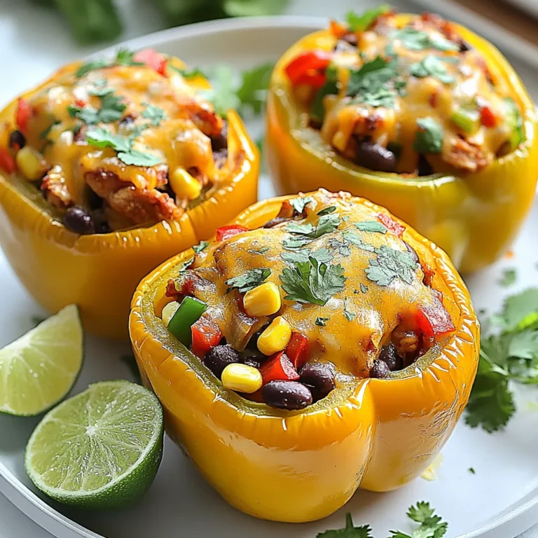 For Chicken Fajita Stuffed Peppers, gather these ingredients: - 4 large bell peppers (any color) - 1 lb boneless, skinless chicken breasts, diced - 1 tablespoon olive oil - 1 medium onion, thinly sliced - 1 red bell pepper, thinly sliced - 1 green bell pepper, thinly sliced - 2 cloves garlic, minced - 1 tablespoon chili powder - 1 teaspoon cumin - 1 teaspoon paprika - Salt and pepper to taste - 1 cup corn (fresh or frozen) - 1 cup black beans, rinsed and drained - 1 cup shredded cheese (cheddar or a Mexican blend) - Fresh cilantro, for garnish - Lime wedges, for serving You can change some ingredients for different flavors: - Use ground turkey instead of chicken for a leaner option. - Swap black beans for pinto beans if you prefer. - Try quinoa instead of corn for added texture. - If you're lactose-free, skip the cheese or use a dairy-free alternative. - Add jalapeños for extra heat or omit spices for a milder dish. This dish is tasty and offers good nutrition. Here’s a breakdown per serving: - Calories: 350 - Protein: 30g - Carbohydrates: 45g - Fat: 10g - Fiber: 8g - Sugar: 3g These values may vary based on specific ingredients used. This dish packs protein and fiber, making it a filling choice. Enjoy your Chicken Fajita Stuffed Peppers while knowing you’re eating well! {{ingredient_image_1}} Start by preheating your oven to 375°F (190°C). Take four large bell peppers and cut off the tops. Remove the seeds and ribs inside. Place the peppers upright in a baking dish. This will hold them steady while they bake. Next, heat one tablespoon of olive oil in a large skillet over medium heat. Add one pound of diced chicken breasts. Season the chicken with salt, pepper, chili powder, cumin, and paprika. Cook for about five to seven minutes. You want the chicken to be cooked through and lightly browned. Now, add one thinly sliced medium onion, one thinly sliced red bell pepper, and one thinly sliced green bell pepper to the skillet. Add two minced garlic cloves as well. Sauté this mix for three to four minutes. The vegetables should become tender. Stir in one cup of corn and one cup of black beans. Cook for another two minutes until everything is heated through. Carefully spoon the chicken and vegetable mix into each prepared bell pepper. Pack the filling tightly for the best flavor. Now, top each pepper with one cup of shredded cheese. Cover the baking dish with aluminum foil. Bake the stuffed peppers in your preheated oven for 30 minutes. After this time, remove the foil. Bake for another 10 to 15 minutes. This helps the cheese become bubbly and golden. Once cooked, let the peppers cool for a few minutes. Garnish with fresh cilantro and serve with lime wedges. Enjoy your tasty meal! To cook chicken just right, start with even-sized pieces. This helps them cook evenly. Season the chicken well with salt, pepper, and spices. I love using chili powder, cumin, and paprika for a kick. Sauté the chicken on medium heat for 5 to 7 minutes. Look for a golden color and no pink inside. This means it's ready! When picking bell peppers, look for firm skin and vibrant color. The best peppers feel heavy for their size. Avoid any with wrinkles or soft spots. Each color has a unique taste. Green peppers are slightly bitter, while red and yellow are sweeter. For a fun mix, use a variety of colors in your dish! Serve your stuffed peppers on a bright platter. Add a drizzle of sour cream or a dollop of guacamole for extra flavor. Fresh cilantro on top adds a lovely touch. Lime wedges on the side enhance the meal with a zesty finish. You can also pair these peppers with a simple salad or rice for a complete dinner. Pro Tips Choose Colorful Peppers: Using a mix of bell pepper colors not only enhances the visual appeal of your dish but also adds a variety of flavors that complement the stuffing. Use Leftover Chicken: To save time, use leftover rotisserie chicken instead of cooking fresh chicken. Just shred it and mix it with the vegetables and spices. Customize the Spices: Feel free to adjust the spice levels by adding jalapeños for heat or extra cumin and paprika for a deeper flavor profile. Make Ahead: Prepare the stuffed peppers a day in advance and store them in the fridge. When ready to serve, just bake them for a delicious and quick meal. {{image_2}} You can easily make Chicken Fajita Stuffed Peppers vegetarian. Replace the chicken with diced zucchini or mushrooms. Both options add a nice texture. You can also use quinoa for extra protein. For flavor, add more spices or a splash of lime juice. If you want more heat, add jalapeños to the filling. You can also use a spicier chili powder. For less heat, skip the chili powder altogether. Taste the filling as you go. This way, you can adjust the spice to your liking. You can get creative with fillings. Try adding cooked rice or farro for a hearty bite. Black olives or diced tomatoes can also enhance the flavor. For a cheesy twist, mix in cream cheese or feta. Each option brings a new taste to the dish. To store leftover Chicken Fajita Stuffed Peppers, let them cool first. Place the peppers in an airtight container. You can keep them in the fridge for up to three days. Make sure they are sealed tight to keep them fresh. If you want to freeze them, wrap each stuffed pepper in plastic wrap. Then, place them in a freezer-friendly bag. They can stay in the freezer for up to three months. When you are ready to eat, thaw them in the fridge overnight before reheating. To reheat, you can use the oven or microwave. For the oven, preheat it to 350°F (175°C). Place the peppers in a baking dish, cover with foil, and heat for about 20 minutes. If using a microwave, place a pepper on a microwave-safe plate and heat for 2-3 minutes. Make sure they are heated all the way through before serving. Yes, you can use other proteins. Ground turkey or beef works well. For a lighter option, try shrimp or tofu. Each protein adds a unique flavor. Adjust cooking times as needed. Ensure all proteins are fully cooked before stuffing. You can prep this dish ahead of time. Cook the chicken and veggies as directed. Fill the peppers but do not bake them yet. Cover the dish and store in the fridge. Bake them when you're ready to serve. This saves time on busy nights. A fresh salad complements the peppers nicely. You can serve rice or quinoa for a filling meal. Guacamole and salsa add flavor and texture. Corn on the cob is a great side too. These options enhance the meal and bring variety to your plate. In this blog post, we discussed how to make Chicken Fajita Stuffed Peppers. We covered ingredients, including alternatives and nutritional info. You learned how to prep the peppers and cook the chicken filling. I shared tips for perfect cooking and choosing great bell peppers. We also explored options for vegetarians and how to store leftovers. As you try this recipe, remember to have fun. Make it your own and enjoy each bite. Happy cooking!