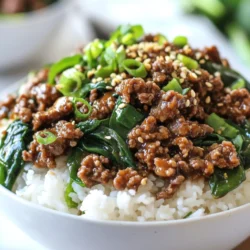 - 1 lb ground beef (or ground sirloin) - 3 tablespoons soy sauce - 1 tablespoon sesame oil - 2 tablespoons brown sugar - 1 tablespoon gochujang (Korean red chili paste) - 2 cloves garlic, minced - 1-inch piece ginger, grated - 2 green onions, finely chopped (plus extra for garnish) - 1 cup cooked jasmine rice (or cauliflower rice) - 1 cup fresh spinach (or bok choy) - 2 teaspoons sesame seeds (for garnish) - Salt and pepper to taste These ingredients make Korean Beef Bowls a delight. Ground beef gives a savory base. You can use ground sirloin for a leaner dish. Soy sauce adds salt and umami. Sesame oil brings rich flavor and a nutty kick. Brown sugar balances the sauce with sweetness. Gochujang is the star. It adds heat and depth. Garlic and ginger give warmth and aroma. Green onions add freshness and crunch. Jasmine rice serves as the perfect bed for the beef. Spinach or bok choy adds color and nutrients. Finally, sesame seeds make a lovely garnish. Gather these ingredients before you start. They make the meal easy and tasty. You can find most at local stores. Make sure they are fresh for the best results. {{ingredient_image_1}} First, take a large skillet and place it on medium heat. Add one pound of ground beef to the skillet. Cook it for about 5 to 7 minutes. As it cooks, break it apart with a spatula. This helps it brown evenly. If you see extra fat, drain it off carefully. In a small bowl, combine the following ingredients: - 3 tablespoons soy sauce - 1 tablespoon sesame oil - 2 tablespoons brown sugar - 1 tablespoon gochujang (Korean red chili paste) - 2 cloves garlic, minced - 1-inch piece ginger, grated Whisk these together until smooth. This sauce adds a lot of flavor to your beef. Now, take the sauce you made and pour it over the browned beef. Mix it well. Let it simmer for 2 to 3 minutes. This step allows all the flavors to come together. Next, stir in two finely chopped green onions. Season with salt and pepper to taste. In another pot or food steamer, add one cup of fresh spinach. Steam it for about 2 minutes until it becomes wilted. If you prefer, you can sauté the spinach in a bit of oil instead. To put your bowls together, start with a scoop of cooked rice. You can use jasmine rice or cauliflower rice. Next, top it with the beef mixture. Add a handful of the wilted spinach on top. Finally, garnish with 2 teaspoons of sesame seeds and some extra green onions for a nice touch. Enjoy your Korean Beef Bowls! - Adjust gochujang to match your spice level. If you like it hot, add more. - Use fresh ingredients for the best taste. Fresh garlic and ginger make a big difference. - Cook the ground beef until it's fully done. Aim for an internal temperature of 160°F. - Simmer the sauce long enough. Let it meld the flavors for about 2-3 minutes. - Add sides like kimchi or pickled veggies for extra crunch. These add great flavor. - Top your bowls with a fried egg or some extra jalapeños if you want more heat. Pro Tips Use Lean Meat: For a healthier option, opt for lean ground sirloin instead of regular ground beef to reduce fat content. Adjust Spice Level: If you prefer less heat, reduce the amount of gochujang or substitute it with a milder chili paste. Fresh Ingredients: Use fresh ginger and garlic for a more vibrant flavor; they make a significant difference in taste. Meal Prep Friendly: Prepare the beef mixture in advance and store it in the fridge for up to 3 days for quick and easy meals. {{image_2}} You can easily make this dish lower in carbs. Just swap jasmine rice for cauliflower rice. Cauliflower rice is light and fluffy. It adds a nice texture without the carbs. Plus, it absorbs the flavors well. This swap keeps the meal tasty and healthy. Want a lighter meat choice? Try ground turkey or chicken instead of beef. Both options keep the dish lean. They also soak up the flavors of the sauce. If you prefer a vegetarian option, use tofu. Tofu is a great protein source. It adds a nice texture and takes on the sauce's taste. To make your bowls even better, add more veggies. Bell peppers and carrots work great. They bring crunch and color to the dish. Mushrooms are another fantastic addition. They give a rich umami flavor that enhances the taste of the beef. Mixing in these ingredients can boost nutrition and flavor. To keep your Korean Beef Bowls fresh, allow the servings to cool first. This step helps avoid condensation in your container. Once cooled, place the beef, rice, and greens into an airtight container. You can store it in the fridge for up to 3-4 days. This makes it easy to enjoy a quick meal later. If you want to save some for later, freeze individual portions. You can keep them in the freezer for up to 3 months. Be sure to use freezer-safe containers to avoid freezer burn. When you're ready to eat, remember to reheat the beef mixture thoroughly before serving. To reheat, you can use the microwave or warm it on the stove. If you choose the stove, add a splash of water to keep the beef moist. This simple tip helps revive the flavors and texture, ensuring your meal tastes just as good as when you first made it. Gochujang is a Korean red chili paste. It adds heat and depth to dishes. In this recipe, I use one tablespoon of gochujang. This gives the beef a sweet and spicy flavor. You can find gochujang in Asian markets or online. It’s a must-have for authentic Korean cooking. Yes, you can prepare the beef and rice in advance. Cook the beef and sauce, then cool it. Store it in the fridge for up to three days. You can also cook the rice ahead. Just keep it in an airtight container. When ready to eat, reheat the beef and rice together for a quick meal. To make it milder, use less gochujang. You can start with one teaspoon. For a spicier kick, add more gochujang or some red pepper flakes. Taste the mixture as you go. This way, you can find the right heat level for your family. Yes, but you need to use gluten-free soy sauce. Regular soy sauce contains wheat. Look for tamari or a gluten-free brand. This way, everyone can enjoy the dish without worry. Always check labels to ensure safe eating options. Korean beef bowls are easy to make and packed with flavor. You start with ground beef and mix it with a tasty sauce. Adding fresh greens and fragrant rice makes it perfect. You can even adjust the spice level to fit your taste. Whether you stick to tradition or try new twists, these bowls will impress. Enjoy cooking and sharing this delightful meal with family and friends!