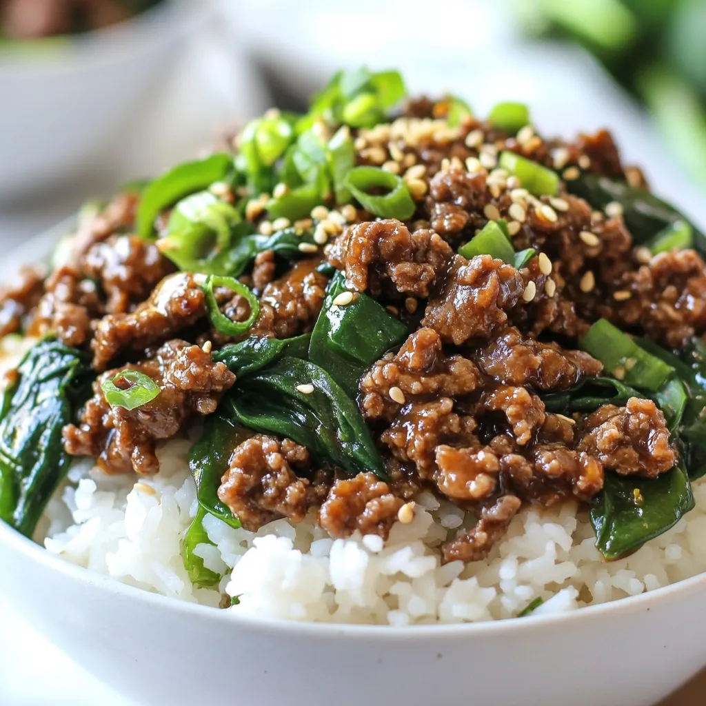 - 1 lb ground beef (or ground sirloin) - 3 tablespoons soy sauce - 1 tablespoon sesame oil - 2 tablespoons brown sugar - 1 tablespoon gochujang (Korean red chili paste) - 2 cloves garlic, minced - 1-inch piece ginger, grated - 2 green onions, finely chopped (plus extra for garnish) - 1 cup cooked jasmine rice (or cauliflower rice) - 1 cup fresh spinach (or bok choy) - 2 teaspoons sesame seeds (for garnish) - Salt and pepper to taste These ingredients make Korean Beef Bowls a delight. Ground beef gives a savory base. You can use ground sirloin for a leaner dish. Soy sauce adds salt and umami. Sesame oil brings rich flavor and a nutty kick. Brown sugar balances the sauce with sweetness. Gochujang is the star. It adds heat and depth. Garlic and ginger give warmth and aroma. Green onions add freshness and crunch. Jasmine rice serves as the perfect bed for the beef. Spinach or bok choy adds color and nutrients. Finally, sesame seeds make a lovely garnish. Gather these ingredients before you start. They make the meal easy and tasty. You can find most at local stores. Make sure they are fresh for the best results. {{ingredient_image_1}} First, take a large skillet and place it on medium heat. Add one pound of ground beef to the skillet. Cook it for about 5 to 7 minutes. As it cooks, break it apart with a spatula. This helps it brown evenly. If you see extra fat, drain it off carefully. In a small bowl, combine the following ingredients: - 3 tablespoons soy sauce - 1 tablespoon sesame oil - 2 tablespoons brown sugar - 1 tablespoon gochujang (Korean red chili paste) - 2 cloves garlic, minced - 1-inch piece ginger, grated Whisk these together until smooth. This sauce adds a lot of flavor to your beef. Now, take the sauce you made and pour it over the browned beef. Mix it well. Let it simmer for 2 to 3 minutes. This step allows all the flavors to come together. Next, stir in two finely chopped green onions. Season with salt and pepper to taste. In another pot or food steamer, add one cup of fresh spinach. Steam it for about 2 minutes until it becomes wilted. If you prefer, you can sauté the spinach in a bit of oil instead. To put your bowls together, start with a scoop of cooked rice. You can use jasmine rice or cauliflower rice. Next, top it with the beef mixture. Add a handful of the wilted spinach on top. Finally, garnish with 2 teaspoons of sesame seeds and some extra green onions for a nice touch. Enjoy your Korean Beef Bowls! - Adjust gochujang to match your spice level. If you like it hot, add more. - Use fresh ingredients for the best taste. Fresh garlic and ginger make a big difference. - Cook the ground beef until it's fully done. Aim for an internal temperature of 160°F. - Simmer the sauce long enough. Let it meld the flavors for about 2-3 minutes. - Add sides like kimchi or pickled veggies for extra crunch. These add great flavor. - Top your bowls with a fried egg or some extra jalapeños if you want more heat. Pro Tips Use Lean Meat: For a healthier option, opt for lean ground sirloin instead of regular ground beef to reduce fat content. Adjust Spice Level: If you prefer less heat, reduce the amount of gochujang or substitute it with a milder chili paste. Fresh Ingredients: Use fresh ginger and garlic for a more vibrant flavor; they make a significant difference in taste. Meal Prep Friendly: Prepare the beef mixture in advance and store it in the fridge for up to 3 days for quick and easy meals. {{image_2}} You can easily make this dish lower in carbs. Just swap jasmine rice for cauliflower rice. Cauliflower rice is light and fluffy. It adds a nice texture without the carbs. Plus, it absorbs the flavors well. This swap keeps the meal tasty and healthy. Want a lighter meat choice? Try ground turkey or chicken instead of beef. Both options keep the dish lean. They also soak up the flavors of the sauce. If you prefer a vegetarian option, use tofu. Tofu is a great protein source. It adds a nice texture and takes on the sauce's taste. To make your bowls even better, add more veggies. Bell peppers and carrots work great. They bring crunch and color to the dish. Mushrooms are another fantastic addition. They give a rich umami flavor that enhances the taste of the beef. Mixing in these ingredients can boost nutrition and flavor. To keep your Korean Beef Bowls fresh, allow the servings to cool first. This step helps avoid condensation in your container. Once cooled, place the beef, rice, and greens into an airtight container. You can store it in the fridge for up to 3-4 days. This makes it easy to enjoy a quick meal later. If you want to save some for later, freeze individual portions. You can keep them in the freezer for up to 3 months. Be sure to use freezer-safe containers to avoid freezer burn. When you're ready to eat, remember to reheat the beef mixture thoroughly before serving. To reheat, you can use the microwave or warm it on the stove. If you choose the stove, add a splash of water to keep the beef moist. This simple tip helps revive the flavors and texture, ensuring your meal tastes just as good as when you first made it. Gochujang is a Korean red chili paste. It adds heat and depth to dishes. In this recipe, I use one tablespoon of gochujang. This gives the beef a sweet and spicy flavor. You can find gochujang in Asian markets or online. It’s a must-have for authentic Korean cooking. Yes, you can prepare the beef and rice in advance. Cook the beef and sauce, then cool it. Store it in the fridge for up to three days. You can also cook the rice ahead. Just keep it in an airtight container. When ready to eat, reheat the beef and rice together for a quick meal. To make it milder, use less gochujang. You can start with one teaspoon. For a spicier kick, add more gochujang or some red pepper flakes. Taste the mixture as you go. This way, you can find the right heat level for your family. Yes, but you need to use gluten-free soy sauce. Regular soy sauce contains wheat. Look for tamari or a gluten-free brand. This way, everyone can enjoy the dish without worry. Always check labels to ensure safe eating options. Korean beef bowls are easy to make and packed with flavor. You start with ground beef and mix it with a tasty sauce. Adding fresh greens and fragrant rice makes it perfect. You can even adjust the spice level to fit your taste. Whether you stick to tradition or try new twists, these bowls will impress. Enjoy cooking and sharing this delightful meal with family and friends!