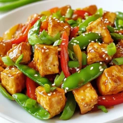 - 14 oz firm tofu, drained and pressed - 2 tablespoons cornstarch - 2 tablespoons vegetable oil - 1 red bell pepper, sliced - 1 green bell pepper, sliced - 1 cup snap peas, trimmed - 1 carrot, julienned - 3 green onions, chopped (whites and greens separated) - 2 cloves garlic, minced - 1 tablespoon fresh ginger, minced - 1/4 cup low-sodium soy sauce - 2 tablespoons mirin or apple cider vinegar - 1 tablespoon brown sugar - 1 tablespoon sesame oil - Sesame seeds for garnish This recipe uses simple ingredients. I start with firm tofu, which gives a great texture. The cornstarch helps create a crispy outside when frying. I love using fresh vegetables like bell peppers and snap peas for color and crunch. The ginger and garlic add a nice depth of flavor. The soy sauce and mirin create a sweet and salty balance. When I cook, I prioritize freshness. Using seasonal veggies can enhance the dish. If you can, choose organic options. It's better for you and the planet. Each ingredient plays a role, making this stir-fry both tasty and nutritious. {{ingredient_image_1}} To start, cut the pressed tofu into bite-sized cubes. Make sure they are uniform in size. This helps them cook evenly. Next, toss the tofu cubes in cornstarch until they are fully coated. This coating gives the tofu a nice crunch when fried. Now, heat one tablespoon of vegetable oil in a non-stick skillet over medium-high heat. Add the tofu cubes and fry them for about 8 to 10 minutes. Keep turning the cubes until they turn golden brown on all sides. Once they are crispy, remove them from the skillet and set them aside. In the same skillet, add another tablespoon of oil. Sauté the sliced red and green bell peppers, snap peas, and julienned carrot. Cook them for about 5 minutes, stirring often. It is important to keep the vegetables crisp. You want them tender but still vibrant and crunchy. After the vegetables soften, add minced garlic, ginger, and the white parts of the green onions. Cook this mixture for 1 to 2 minutes. The garlic and ginger will add a wonderful aroma to your dish. In a small bowl, mix the low-sodium soy sauce, mirin, brown sugar, and sesame oil. Pour this sauce over the sautéed vegetables. Stir well to combine. Now, add the fried tofu back into the skillet. Toss everything together so the tofu is coated in the sauce. Cook for another 2 to 3 minutes until everything is heated through. This step brings all the flavors together beautifully. - Pressing Tofu: Start by draining the tofu. Wrap it in a clean towel and place something heavy on top. Let it sit for at least 15 minutes. This step removes extra water. Less water means crispier tofu. - Frying Techniques: Cut the pressed tofu into bite-sized cubes. Toss them in cornstarch for a nice coating. Heat vegetable oil in a non-stick skillet over medium-high heat. Fry the tofu until it’s golden brown on all sides, about 8 to 10 minutes. This creates a crunchy outside with a soft inside. - Additional Seasonings: Try adding a dash of red pepper flakes for heat. You can also use a splash of lime juice for a fresh twist. Fresh herbs like cilantro can brighten the dish too. - Sauce Application: Mix the soy sauce, mirin, brown sugar, and sesame oil in a bowl. Pour the sauce over the veggies and tofu in the skillet. Toss everything well to coat. This ensures every bite is packed with flavor. - Pairing Ideas: Serve your Teriyaki Tofu Stir-Fry over fluffy white rice or with noodles. Both options soak up the sauce well and make a filling meal. - Presentation Tips: Garnish with sesame seeds and the green parts of the green onions. This adds color and makes the dish look appealing. A bright plate makes all the difference! Pro Tips Press Tofu Well: Ensure the tofu is thoroughly pressed to remove excess moisture, allowing it to absorb the flavors of the sauce and achieve a better texture when fried. Use High Heat: Cooking the tofu and vegetables over medium-high heat helps to achieve a nice sear on the tofu and retain the crispness of the vegetables, enhancing the overall flavor and texture. Mix Sauce Beforehand: Combine the sauce ingredients in advance to allow the flavors to meld together. This ensures a more balanced and flavorful finish when added to the stir-fry. Garnish for Flavor: Don’t skip the sesame seeds and green onions as a garnish; they add a fresh crunch and visual appeal, elevating the dish’s presentation and taste. {{image_2}} You can swap tofu for chicken or tempeh. Both options add flavor and protein. - Chicken: Use boneless, skinless chicken breasts. Cut them into bite-sized pieces. Cook them until golden, like the tofu. - Tempeh: This is a great plant-based option. Slice it thin and fry it until it's crispy. Tempeh absorbs flavors well and has a nutty taste. Not a fan of snap peas and bell peppers? No problem! Try different veggies based on what you like. - Broccoli: This is a crunchy option. It cooks quickly and adds great color. - Zucchini: Slice it thin. It cooks fast and brings a fresh taste. - Seasonal Options: In spring, use asparagus. In summer, add corn. In fall, try butternut squash. Each season offers unique flavors. You can change the sauce for different tastes. Here are some ideas. - Spicy: Add red pepper flakes or sriracha for heat. Start with a small amount to find your perfect spice level. - Sweet: For a sweeter sauce, add more brown sugar or a bit of honey. This balances the salty soy sauce. - Gluten-Free: Use tamari instead of soy sauce. It's a great choice for those avoiding gluten. Check labels to ensure all ingredients fit your needs. Experiment with these variations to make the dish your own! To keep your leftover stir-fry fresh, store it in an airtight container. Let it cool before sealing. This helps prevent moisture build-up. Place it in the fridge. It should last for about 3 to 5 days. When ready to eat, reheat it on the stove for best texture. You can freeze Teriyaki Tofu Stir-Fry if you want to save it for later. First, let it cool completely. Then, place it in a freezer-safe container. Seal it tightly to avoid freezer burn. It can last for up to 3 months in the freezer. When you're ready to eat it, defrost it overnight in the fridge. Reheat in a pan over medium heat. Add a splash of water or oil to keep it moist. Fresh Teriyaki Tofu Stir-Fry will taste best within a few days. In the fridge, it stays good for 3 to 5 days. If you freeze it, aim to eat it within 3 months for optimal flavor. After that, the taste and texture may change. The best tofu for stir-fry is firm or extra-firm tofu. These types hold their shape well during cooking. Soft tofu breaks apart easily, which is not ideal for stir-frying. Firm tofu absorbs flavors better, making your dish more tasty. It also gives a nice texture. When choosing tofu, look for a product that is well-pressed and free of excess water. This ensures it fries nicely and gets crispy. Yes, this Teriyaki Tofu Stir-Fry is fully vegan. All ingredients are plant-based, so you can enjoy this dish without any animal products. The tofu provides protein and is a great meat substitute. The sauce includes low-sodium soy sauce, mirin, and brown sugar, which are all vegan-friendly. You can serve this dish with rice or noodles for a complete meal. It’s a tasty option for everyone, whether you’re vegan or not. You can serve Teriyaki Tofu Stir-Fry with many sides. Here are some great ideas: - Steamed jasmine or brown rice - Noodles, like soba or udon - A fresh salad with sesame dressing - Stir-fried vegetables for extra crunch These sides balance the flavors of the stir-fry and make your meal more filling. Enjoy! This blog post shared a simple tofu stir-fry recipe with helpful tips. You learned how to prepare tofu and cook fresh vegetables for the best flavor. We talked about storage methods for leftovers and answered common questions about tofu options and vegan dishes. Use these ideas to create a tasty, easy meal. Don't be afraid to try different flavors and ingredients. Enjoy making your stir-fry unique to you!