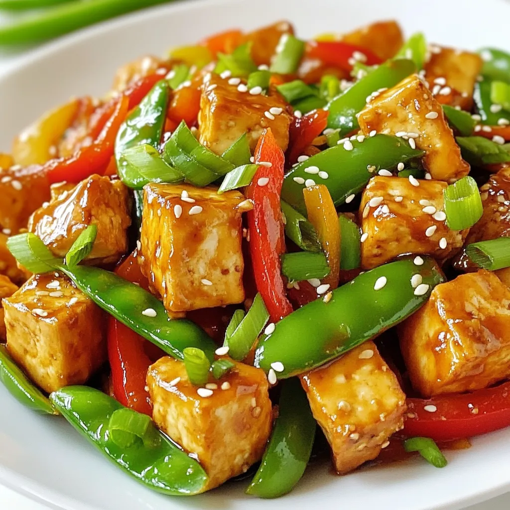 - 14 oz firm tofu, drained and pressed - 2 tablespoons cornstarch - 2 tablespoons vegetable oil - 1 red bell pepper, sliced - 1 green bell pepper, sliced - 1 cup snap peas, trimmed - 1 carrot, julienned - 3 green onions, chopped (whites and greens separated) - 2 cloves garlic, minced - 1 tablespoon fresh ginger, minced - 1/4 cup low-sodium soy sauce - 2 tablespoons mirin or apple cider vinegar - 1 tablespoon brown sugar - 1 tablespoon sesame oil - Sesame seeds for garnish This recipe uses simple ingredients. I start with firm tofu, which gives a great texture. The cornstarch helps create a crispy outside when frying. I love using fresh vegetables like bell peppers and snap peas for color and crunch. The ginger and garlic add a nice depth of flavor. The soy sauce and mirin create a sweet and salty balance. When I cook, I prioritize freshness. Using seasonal veggies can enhance the dish. If you can, choose organic options. It's better for you and the planet. Each ingredient plays a role, making this stir-fry both tasty and nutritious. {{ingredient_image_1}} To start, cut the pressed tofu into bite-sized cubes. Make sure they are uniform in size. This helps them cook evenly. Next, toss the tofu cubes in cornstarch until they are fully coated. This coating gives the tofu a nice crunch when fried. Now, heat one tablespoon of vegetable oil in a non-stick skillet over medium-high heat. Add the tofu cubes and fry them for about 8 to 10 minutes. Keep turning the cubes until they turn golden brown on all sides. Once they are crispy, remove them from the skillet and set them aside. In the same skillet, add another tablespoon of oil. Sauté the sliced red and green bell peppers, snap peas, and julienned carrot. Cook them for about 5 minutes, stirring often. It is important to keep the vegetables crisp. You want them tender but still vibrant and crunchy. After the vegetables soften, add minced garlic, ginger, and the white parts of the green onions. Cook this mixture for 1 to 2 minutes. The garlic and ginger will add a wonderful aroma to your dish. In a small bowl, mix the low-sodium soy sauce, mirin, brown sugar, and sesame oil. Pour this sauce over the sautéed vegetables. Stir well to combine. Now, add the fried tofu back into the skillet. Toss everything together so the tofu is coated in the sauce. Cook for another 2 to 3 minutes until everything is heated through. This step brings all the flavors together beautifully. - Pressing Tofu: Start by draining the tofu. Wrap it in a clean towel and place something heavy on top. Let it sit for at least 15 minutes. This step removes extra water. Less water means crispier tofu. - Frying Techniques: Cut the pressed tofu into bite-sized cubes. Toss them in cornstarch for a nice coating. Heat vegetable oil in a non-stick skillet over medium-high heat. Fry the tofu until it’s golden brown on all sides, about 8 to 10 minutes. This creates a crunchy outside with a soft inside. - Additional Seasonings: Try adding a dash of red pepper flakes for heat. You can also use a splash of lime juice for a fresh twist. Fresh herbs like cilantro can brighten the dish too. - Sauce Application: Mix the soy sauce, mirin, brown sugar, and sesame oil in a bowl. Pour the sauce over the veggies and tofu in the skillet. Toss everything well to coat. This ensures every bite is packed with flavor. - Pairing Ideas: Serve your Teriyaki Tofu Stir-Fry over fluffy white rice or with noodles. Both options soak up the sauce well and make a filling meal. - Presentation Tips: Garnish with sesame seeds and the green parts of the green onions. This adds color and makes the dish look appealing. A bright plate makes all the difference! Pro Tips Press Tofu Well: Ensure the tofu is thoroughly pressed to remove excess moisture, allowing it to absorb the flavors of the sauce and achieve a better texture when fried. Use High Heat: Cooking the tofu and vegetables over medium-high heat helps to achieve a nice sear on the tofu and retain the crispness of the vegetables, enhancing the overall flavor and texture. Mix Sauce Beforehand: Combine the sauce ingredients in advance to allow the flavors to meld together. This ensures a more balanced and flavorful finish when added to the stir-fry. Garnish for Flavor: Don’t skip the sesame seeds and green onions as a garnish; they add a fresh crunch and visual appeal, elevating the dish’s presentation and taste. {{image_2}} You can swap tofu for chicken or tempeh. Both options add flavor and protein. - Chicken: Use boneless, skinless chicken breasts. Cut them into bite-sized pieces. Cook them until golden, like the tofu. - Tempeh: This is a great plant-based option. Slice it thin and fry it until it's crispy. Tempeh absorbs flavors well and has a nutty taste. Not a fan of snap peas and bell peppers? No problem! Try different veggies based on what you like. - Broccoli: This is a crunchy option. It cooks quickly and adds great color. - Zucchini: Slice it thin. It cooks fast and brings a fresh taste. - Seasonal Options: In spring, use asparagus. In summer, add corn. In fall, try butternut squash. Each season offers unique flavors. You can change the sauce for different tastes. Here are some ideas. - Spicy: Add red pepper flakes or sriracha for heat. Start with a small amount to find your perfect spice level. - Sweet: For a sweeter sauce, add more brown sugar or a bit of honey. This balances the salty soy sauce. - Gluten-Free: Use tamari instead of soy sauce. It's a great choice for those avoiding gluten. Check labels to ensure all ingredients fit your needs. Experiment with these variations to make the dish your own! To keep your leftover stir-fry fresh, store it in an airtight container. Let it cool before sealing. This helps prevent moisture build-up. Place it in the fridge. It should last for about 3 to 5 days. When ready to eat, reheat it on the stove for best texture. You can freeze Teriyaki Tofu Stir-Fry if you want to save it for later. First, let it cool completely. Then, place it in a freezer-safe container. Seal it tightly to avoid freezer burn. It can last for up to 3 months in the freezer. When you're ready to eat it, defrost it overnight in the fridge. Reheat in a pan over medium heat. Add a splash of water or oil to keep it moist. Fresh Teriyaki Tofu Stir-Fry will taste best within a few days. In the fridge, it stays good for 3 to 5 days. If you freeze it, aim to eat it within 3 months for optimal flavor. After that, the taste and texture may change. The best tofu for stir-fry is firm or extra-firm tofu. These types hold their shape well during cooking. Soft tofu breaks apart easily, which is not ideal for stir-frying. Firm tofu absorbs flavors better, making your dish more tasty. It also gives a nice texture. When choosing tofu, look for a product that is well-pressed and free of excess water. This ensures it fries nicely and gets crispy. Yes, this Teriyaki Tofu Stir-Fry is fully vegan. All ingredients are plant-based, so you can enjoy this dish without any animal products. The tofu provides protein and is a great meat substitute. The sauce includes low-sodium soy sauce, mirin, and brown sugar, which are all vegan-friendly. You can serve this dish with rice or noodles for a complete meal. It’s a tasty option for everyone, whether you’re vegan or not. You can serve Teriyaki Tofu Stir-Fry with many sides. Here are some great ideas: - Steamed jasmine or brown rice - Noodles, like soba or udon - A fresh salad with sesame dressing - Stir-fried vegetables for extra crunch These sides balance the flavors of the stir-fry and make your meal more filling. Enjoy! This blog post shared a simple tofu stir-fry recipe with helpful tips. You learned how to prepare tofu and cook fresh vegetables for the best flavor. We talked about storage methods for leftovers and answered common questions about tofu options and vegan dishes. Use these ideas to create a tasty, easy meal. Don't be afraid to try different flavors and ingredients. Enjoy making your stir-fry unique to you!