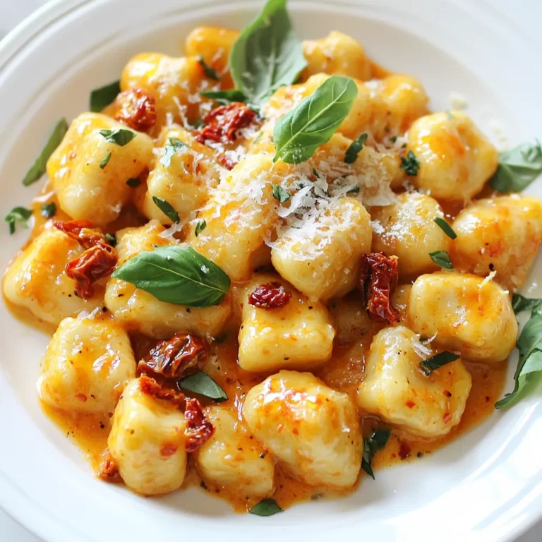 To make creamy sun-dried tomato gnocchi, you need a few key ingredients. Here’s what you’ll need: - 1 package (16 oz) potato gnocchi - 1 cup sun-dried tomatoes, packed in oil, chopped - 1 cup heavy cream - 2 tablespoons olive oil - 2 cloves garlic, minced - 1 teaspoon dried basil - 1 teaspoon dried oregano - Salt and pepper to taste - ½ cup grated Parmesan cheese - Fresh basil leaves for garnish Each ingredient plays a vital role in building flavor. I always choose high-quality ingredients for the best taste. For gnocchi, look for fresh potato gnocchi. Check the pasta aisle for brands that use real potatoes. When it comes to sun-dried tomatoes, choose those packed in oil. They add rich flavor and moisture. For cream, use heavy cream for a luscious sauce. Fresh garlic gives a bold taste, while real Parmesan cheese adds depth. If you want to swap some ingredients, there are great options. You can use fresh gnocchi instead of the packaged kind. For a lighter sauce, try using half-and-half instead of heavy cream. You can replace sun-dried tomatoes with fresh cherry tomatoes. Just sauté them until they burst. For a dairy-free version, use coconut cream instead of heavy cream. Each option brings its own twist to the dish! {{ingredient_image_1}} First, grab a pot and fill it with water. Bring it to a boil over high heat. Add a pinch of salt to the water, which helps flavor the gnocchi. Next, toss in your package of potato gnocchi. Cook it according to the package instructions. You’ll know the gnocchi is ready when it floats to the surface. This usually takes about 2-3 minutes. Use a slotted spoon to remove the gnocchi, and set it aside on a plate. Now, let’s make the creamy sauce. Heat 2 tablespoons of olive oil in a large skillet over medium heat. Once hot, add 2 cloves of minced garlic. Sauté it for about 1 minute until it smells amazing. Then, mix in 1 cup of chopped sun-dried tomatoes. Cook these for 2-3 minutes. This helps blend the flavors together. Next, pour in 1 cup of heavy cream. Stir it well and bring the mix to a gentle simmer. Add 1 teaspoon of dried basil, 1 teaspoon of dried oregano, and some salt and pepper to taste. Let it cook for about 5 minutes until the sauce thickens slightly. Finally, stir in ½ cup of grated Parmesan cheese until it melts into the sauce. It's time to bring it all together! Gently fold the cooked gnocchi into the creamy sauce. Toss it carefully until every piece is coated with that rich sauce. This step is important for flavor. Serve the dish hot. You can garnish with fresh basil leaves and a sprinkle of Parmesan if you want. Enjoy your creamy sun-dried tomato gnocchi! To get a rich, creamy sauce, start with heavy cream. This gives your dish a nice thickness. Don't rush the simmering step. Let your sauce bubble gently for about five minutes. This time helps it thicken naturally. Stir in the Parmesan cheese slowly. This way, it melts well and mixes nicely. If your sauce seems too thick, add a splash of pasta water. This adds creaminess without losing flavor. Always use sun-dried tomatoes packed in oil. This oil adds extra flavor to your dish. Before adding them, chop the tomatoes into small pieces. This helps them blend into the sauce better. Sauté them with garlic for about two to three minutes. This brings out their sweetness and deepens the taste. Keep the heat at medium to avoid burning. Watch closely and stir often. One big mistake is overcooking the gnocchi. Remove them from water once they float. If you leave them too long, they can get mushy. Another common error is skipping the seasoning. Always taste your sauce before serving. Adjust with salt and pepper to enhance the flavors. Lastly, don’t rush the sauce. Let it simmer so all the flavors can come together. These simple tips make a big difference! Pro Tips Fresh Ingredients: Use fresh basil and high-quality sun-dried tomatoes for the best flavor in your sauce. Cheese Variation: Swap out Parmesan for Pecorino Romano for a sharper taste that complements the creaminess. Texture Tip: For added texture, consider tossing in some sautéed spinach or mushrooms before serving. Serve Immediately: This dish is best served fresh, as the gnocchi can become gummy if left in the sauce too long. {{image_2}} You can easily make this dish vegetarian. Simply skip the meat and add more veggies. Spinach or mushrooms work great. They add texture and flavor. You can also use zucchini or bell peppers. Just sauté them with garlic before adding the sun-dried tomatoes. This keeps the dish fresh and colorful. Adding protein is a great way to make this dish heartier. Cooked chicken or shrimp pairs well with the creamy sauce. For shrimp, sauté them in the olive oil until pink before adding the garlic. If you prefer sausage, slice it and cook it in the pan first. Let the flavors blend before adding the other ingredients. This makes the dish filling and balanced. Spices and herbs can elevate the taste of your gnocchi. Try adding red pepper flakes for a little heat. Fresh herbs like parsley or thyme can brighten the dish. Just sprinkle them in during the final mix. A squeeze of lemon juice can add a nice zing, too. Experiment with these to find your perfect flavor. After enjoying your creamy sun-dried tomato gnocchi, store any leftovers in an airtight container. This keeps the flavors fresh longer. Make sure to let the gnocchi cool completely before sealing the container. You can keep it in the fridge for up to three days. To avoid soggy gnocchi, separate the sauce if you can. When you’re ready to enjoy leftovers, reheating is key. Place the gnocchi in a skillet over medium heat. Add a splash of water or cream to help revive the sauce. Stir gently to warm everything through. Heat for about five to seven minutes, or until hot. You can also microwave it in a bowl, covered with a damp paper towel. This helps keep moisture in. If you want to save some creamy gnocchi for later, freezing is a great option. First, let the dish cool completely. Then, portion it into freezer-safe bags or containers. Be sure to remove as much air as possible before sealing. You can freeze it for up to three months. To thaw, move it to the fridge overnight. Reheat as directed above when you’re ready to eat. Yes, you can use fresh gnocchi. Fresh gnocchi cooks faster than packaged. Follow the same steps for cooking. Just keep an eye on them. They float when ready. Using fresh gnocchi adds a soft texture to the dish. It also enhances the flavor. You can use half-and-half for a lighter sauce. It has less fat and still tastes great. Another option is to use Greek yogurt. Mix it with a little milk to thin it out. This gives a creamy feel without too many calories. To boost the sauce flavor, add more herbs. Fresh basil or parsley works well. You can also add a splash of white wine. Let it cook down for extra depth. Red pepper flakes can add heat if you like spice. Lastly, try adding a squeeze of lemon juice for brightness. This blog post covered how to make creamy sun-dried tomato gnocchi. We discussed key ingredients, step-by-step cooking directions, and tips for the perfect dish. You learned about tasty variations and how to store leftovers. Remember, using fresh ingredients and following the steps will boost flavor. Experiment with proteins and herbs to find your favorite twist. With these techniques, you can impress at any meal. Enjoy your cooking journey and savor every bite of your gnocchi!