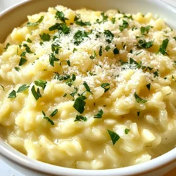 To make creamy garlic Parmesan risotto, you need the following ingredients: - 1 cup Arborio rice - 4 cups vegetable broth - 1/2 cup grated Parmesan cheese - 1 cup heavy cream - 1 small onion, finely chopped - 4 cloves garlic, minced - 2 tablespoons olive oil - 2 tablespoons unsalted butter - Salt and pepper to taste - Fresh parsley, chopped for garnish Using high-quality ingredients makes a big difference in flavor. Choose fresh garlic and good Parmesan cheese. The Arborio rice gives risotto its creamy texture. You want rice that feels firm and slightly sticky. For broth, use low-sodium vegetable broth if you can. This lets you control the salt level in your dish. Fresh parsley adds a vibrant touch at the end. You can make some easy substitutions to fit your needs: - For a vegan version, replace heavy cream with coconut cream or cashew cream. Use nutritional yeast instead of Parmesan for a cheesy flavor. - If lactose is a concern, try lactose-free cream and cheese. - For gluten-free options, ensure your broth is certified gluten-free. - If you prefer more veggies, add mushrooms, peas, or spinach during cooking. These changes can help you enjoy this dish no matter your dietary needs. {{ingredient_image_1}} First, heat your vegetable broth in a saucepan. Keep it warm but not boiling. This will help the rice cook evenly. Next, grab a large skillet. Heat olive oil and one tablespoon of butter over medium heat. Add the finely chopped onion. Sauté it for about 3-4 minutes until it turns translucent. This step builds the base flavor. Now, add the minced garlic. Sauté it for another 1-2 minutes. Watch closely, so it doesn't burn. The smell will be amazing! Stir in your Arborio rice and toast it for 2-3 minutes. This helps the rice absorb flavors. You want the edges to look slightly translucent. Start adding the warm broth, one ladle at a time. Stir constantly. Wait until the rice absorbs most of the liquid before adding more. Repeat this for 18-20 minutes. You want the rice creamy and al dente. Once the rice is cooked, lower the heat. Stir in the remaining butter, heavy cream, and grated Parmesan cheese. Mix until everything is creamy and combined. Season with salt and pepper to taste. Finally, remove from heat. Let it sit for 2-3 minutes to thicken. It’s now ready to serve! The key to perfect risotto is patience. Stirring often helps release starch from the rice. This makes the dish creamy. Use Arborio rice for the best texture. It has the right amount of starch. Always add warm broth slowly. This allows the rice to absorb flavors better. Another tip is to toast the rice. It adds depth to the flavor. Don't skip the sautéing step for the onions and garlic. They create a great base. Keep the broth warm for even cooking. If it’s cold, the rice can cool down, making it harder to cook. Stirring should be a constant action. This helps the rice cook evenly. Timing is crucial. You want the rice to be creamy yet firm. Check the texture around the 18-minute mark. If it’s still too hard, add more broth and keep stirring. Enjoy the process; it's part of the fun! To make risotto creamy, always use Arborio rice. This rice has more starch, which helps create that smooth texture. Stir often while adding the broth. This constant movement helps release starch from the rice. Keep the broth warm but not boiling. This helps the rice cook evenly and absorb the liquid well. Add more flavor by using fresh garlic and onion. Sauté them until soft and fragrant before adding the rice. For a richer taste, mix in white wine after toasting the rice. Let the wine cook down before adding the broth. You can also try adding herbs like thyme or rosemary for extra flavor. One mistake is adding all the broth at once. This can lead to uneven cooking. Always add it gradually. Another mistake is not stirring enough. Stirring helps the rice release starch and become creamy. Lastly, don’t forget to season. Taste your risotto before serving and adjust with salt and pepper. Pro Tips Use Fresh Ingredients: For the best flavor, use fresh garlic and high-quality Parmesan cheese. Fresh ingredients can significantly elevate the dish's taste. Stir Constantly: Frequent stirring helps release the starches in the Arborio rice, creating that creamy texture risotto is known for. Don't skip this step! Adjust Consistency: If the risotto gets too thick, add a little more warm vegetable broth or water to reach your desired creaminess before serving. Experiment with Add-ins: Feel free to customize your risotto by adding cooked vegetables, proteins, or herbs. This recipe serves as a great base for your culinary creativity! {{image_2}} You can make your risotto even better with fun add-ins. For a meaty touch, add cooked chicken or shrimp. They bring protein and flavor. If you want a veggie boost, toss in peas or asparagus. Mushrooms also work well; they add earthiness. Stir in fresh herbs like basil or thyme for a burst of freshness. You can even mix in sun-dried tomatoes for a tangy twist. Just remember to adjust the salt and pepper as needed. If you want a vegetarian risotto, just skip the broth made from meat. Use vegetable broth, and you’re good to go! For a vegan version, swap the heavy cream and cheese. Use coconut cream or a nut-based cream instead. Nutritional yeast can add a cheesy taste without dairy. This way, everyone can enjoy creamy risotto! Seasonal ingredients can make your risotto shine. In spring, add fresh asparagus or peas. In summer, use ripe tomatoes or zucchini. Fall calls for pumpkin or butternut squash, which adds a lovely sweetness. In winter, root vegetables like carrots or turnips work well. Pair your risotto with a simple salad or grilled vegetables to create a complete meal. This way, your dish stays fresh and exciting all year long! To store your creamy garlic Parmesan risotto, first let it cool down. Place it in an airtight container. Make sure to get as much air out as possible. Store it in the fridge for up to 3 days. If you want to keep it longer, freezing is a good option. When you're ready to enjoy your risotto again, take it out of the fridge. Place it in a saucepan over low heat. Add a splash of vegetable broth or water. This helps bring back the creaminess. Stir often until it's hot. You can also use the microwave. Heat it in short bursts, stirring in between. Risotto can be frozen, but its texture may change. To freeze, let it cool completely. Scoop it into freezer-safe bags or containers. Label them with the date. Use within 2 months for best taste. When ready to eat, thaw it in the fridge overnight before reheating. The best rice for risotto is Arborio rice. This rice has a high starch content. This starch gives risotto its creamy texture. Arborio rice absorbs liquid well while remaining slightly firm. You can also use Carnaroli or Vialone Nano rice. Both provide a nice creamy finish. Yes, you can use stock instead of broth. Stock has a richer flavor, enhancing the risotto. Use vegetable stock for a vegetarian option. Chicken or beef stock also works well if you prefer meat flavors. Just make sure it’s warm when you add it. To make risotto ahead, cook it until it's just al dente. Then cool it quickly. Store it in an airtight container in the fridge for up to three days. When ready to serve, reheat it slowly with a bit of broth. Stir often to regain creaminess. We covered the key ingredients and steps for making perfect risotto. Quality matters, and substitutions can help meet dietary needs. Remember these tips to get that creamy texture and avoid mistakes. Explore variations to keep your dish fresh and exciting. Lastly, proper storage and reheating ensure your leftovers stay tasty. With these insights, you can create delicious risotto every time. Enjoy perfecting your cooking!