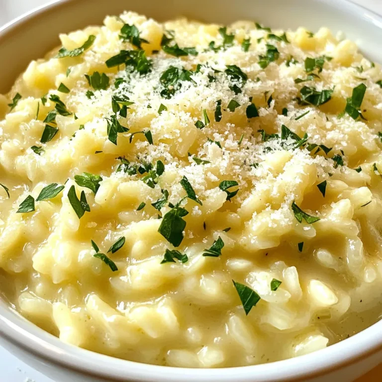 To make creamy garlic Parmesan risotto, you need the following ingredients: - 1 cup Arborio rice - 4 cups vegetable broth - 1/2 cup grated Parmesan cheese - 1 cup heavy cream - 1 small onion, finely chopped - 4 cloves garlic, minced - 2 tablespoons olive oil - 2 tablespoons unsalted butter - Salt and pepper to taste - Fresh parsley, chopped for garnish Using high-quality ingredients makes a big difference in flavor. Choose fresh garlic and good Parmesan cheese. The Arborio rice gives risotto its creamy texture. You want rice that feels firm and slightly sticky. For broth, use low-sodium vegetable broth if you can. This lets you control the salt level in your dish. Fresh parsley adds a vibrant touch at the end. You can make some easy substitutions to fit your needs: - For a vegan version, replace heavy cream with coconut cream or cashew cream. Use nutritional yeast instead of Parmesan for a cheesy flavor. - If lactose is a concern, try lactose-free cream and cheese. - For gluten-free options, ensure your broth is certified gluten-free. - If you prefer more veggies, add mushrooms, peas, or spinach during cooking. These changes can help you enjoy this dish no matter your dietary needs. {{ingredient_image_1}} First, heat your vegetable broth in a saucepan. Keep it warm but not boiling. This will help the rice cook evenly. Next, grab a large skillet. Heat olive oil and one tablespoon of butter over medium heat. Add the finely chopped onion. Sauté it for about 3-4 minutes until it turns translucent. This step builds the base flavor. Now, add the minced garlic. Sauté it for another 1-2 minutes. Watch closely, so it doesn't burn. The smell will be amazing! Stir in your Arborio rice and toast it for 2-3 minutes. This helps the rice absorb flavors. You want the edges to look slightly translucent. Start adding the warm broth, one ladle at a time. Stir constantly. Wait until the rice absorbs most of the liquid before adding more. Repeat this for 18-20 minutes. You want the rice creamy and al dente. Once the rice is cooked, lower the heat. Stir in the remaining butter, heavy cream, and grated Parmesan cheese. Mix until everything is creamy and combined. Season with salt and pepper to taste. Finally, remove from heat. Let it sit for 2-3 minutes to thicken. It’s now ready to serve! The key to perfect risotto is patience. Stirring often helps release starch from the rice. This makes the dish creamy. Use Arborio rice for the best texture. It has the right amount of starch. Always add warm broth slowly. This allows the rice to absorb flavors better. Another tip is to toast the rice. It adds depth to the flavor. Don't skip the sautéing step for the onions and garlic. They create a great base. Keep the broth warm for even cooking. If it’s cold, the rice can cool down, making it harder to cook. Stirring should be a constant action. This helps the rice cook evenly. Timing is crucial. You want the rice to be creamy yet firm. Check the texture around the 18-minute mark. If it’s still too hard, add more broth and keep stirring. Enjoy the process; it's part of the fun! To make risotto creamy, always use Arborio rice. This rice has more starch, which helps create that smooth texture. Stir often while adding the broth. This constant movement helps release starch from the rice. Keep the broth warm but not boiling. This helps the rice cook evenly and absorb the liquid well. Add more flavor by using fresh garlic and onion. Sauté them until soft and fragrant before adding the rice. For a richer taste, mix in white wine after toasting the rice. Let the wine cook down before adding the broth. You can also try adding herbs like thyme or rosemary for extra flavor. One mistake is adding all the broth at once. This can lead to uneven cooking. Always add it gradually. Another mistake is not stirring enough. Stirring helps the rice release starch and become creamy. Lastly, don’t forget to season. Taste your risotto before serving and adjust with salt and pepper. Pro Tips Use Fresh Ingredients: For the best flavor, use fresh garlic and high-quality Parmesan cheese. Fresh ingredients can significantly elevate the dish's taste. Stir Constantly: Frequent stirring helps release the starches in the Arborio rice, creating that creamy texture risotto is known for. Don't skip this step! Adjust Consistency: If the risotto gets too thick, add a little more warm vegetable broth or water to reach your desired creaminess before serving. Experiment with Add-ins: Feel free to customize your risotto by adding cooked vegetables, proteins, or herbs. This recipe serves as a great base for your culinary creativity! {{image_2}} You can make your risotto even better with fun add-ins. For a meaty touch, add cooked chicken or shrimp. They bring protein and flavor. If you want a veggie boost, toss in peas or asparagus. Mushrooms also work well; they add earthiness. Stir in fresh herbs like basil or thyme for a burst of freshness. You can even mix in sun-dried tomatoes for a tangy twist. Just remember to adjust the salt and pepper as needed. If you want a vegetarian risotto, just skip the broth made from meat. Use vegetable broth, and you’re good to go! For a vegan version, swap the heavy cream and cheese. Use coconut cream or a nut-based cream instead. Nutritional yeast can add a cheesy taste without dairy. This way, everyone can enjoy creamy risotto! Seasonal ingredients can make your risotto shine. In spring, add fresh asparagus or peas. In summer, use ripe tomatoes or zucchini. Fall calls for pumpkin or butternut squash, which adds a lovely sweetness. In winter, root vegetables like carrots or turnips work well. Pair your risotto with a simple salad or grilled vegetables to create a complete meal. This way, your dish stays fresh and exciting all year long! To store your creamy garlic Parmesan risotto, first let it cool down. Place it in an airtight container. Make sure to get as much air out as possible. Store it in the fridge for up to 3 days. If you want to keep it longer, freezing is a good option. When you're ready to enjoy your risotto again, take it out of the fridge. Place it in a saucepan over low heat. Add a splash of vegetable broth or water. This helps bring back the creaminess. Stir often until it's hot. You can also use the microwave. Heat it in short bursts, stirring in between. Risotto can be frozen, but its texture may change. To freeze, let it cool completely. Scoop it into freezer-safe bags or containers. Label them with the date. Use within 2 months for best taste. When ready to eat, thaw it in the fridge overnight before reheating. The best rice for risotto is Arborio rice. This rice has a high starch content. This starch gives risotto its creamy texture. Arborio rice absorbs liquid well while remaining slightly firm. You can also use Carnaroli or Vialone Nano rice. Both provide a nice creamy finish. Yes, you can use stock instead of broth. Stock has a richer flavor, enhancing the risotto. Use vegetable stock for a vegetarian option. Chicken or beef stock also works well if you prefer meat flavors. Just make sure it’s warm when you add it. To make risotto ahead, cook it until it's just al dente. Then cool it quickly. Store it in an airtight container in the fridge for up to three days. When ready to serve, reheat it slowly with a bit of broth. Stir often to regain creaminess. We covered the key ingredients and steps for making perfect risotto. Quality matters, and substitutions can help meet dietary needs. Remember these tips to get that creamy texture and avoid mistakes. Explore variations to keep your dish fresh and exciting. Lastly, proper storage and reheating ensure your leftovers stay tasty. With these insights, you can create delicious risotto every time. Enjoy perfecting your cooking!