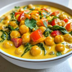 - 2 cans (15 oz each) chickpeas, drained and rinsed - 1 can (13.5 oz) coconut milk - 1 tablespoon coconut oil Chickpeas are the star of this dish. They add protein and texture. The coconut milk brings a creamy richness, making each bite feel indulgent. Coconut oil gives a lovely flavor and helps cook the onions. - 1 medium onion, finely chopped - 3 garlic cloves, minced - 1 inch ginger, grated Onion, garlic, and ginger form the flavor base. They create a warm and inviting aroma. Sautéing them together unlocks their natural sweetness. This mix adds depth to the curry and makes it truly flavorful. - 1 tablespoon curry powder - 1 teaspoon turmeric powder - 1 teaspoon cumin - 1 teaspoon coriander Spices are key to any curry. The curry powder adds heat and earthiness. Turmeric gives a beautiful golden color and has health benefits. Cumin and coriander add warmth and a hint of citrus. - 1 bell pepper, diced (red or yellow for color) - 1 cup spinach, fresh or frozen - Juice of 1 lime - Fresh cilantro for garnish (optional) Bell pepper adds crunch and color to the dish. Spinach is a great way to sneak in greens. The lime juice brightens the flavors, making it fresh. A sprinkle of cilantro at the end adds an extra pop. {{ingredient_image_1}} 1. Sautéing the onion: Start by heating coconut oil in a large pan over medium heat. Add the finely chopped onion. Sauté it for about 5 to 6 minutes. You want it to become translucent. 2. Adding garlic and ginger: Next, stir in the minced garlic and grated ginger. Continue to sauté for 1 to 2 minutes. You will smell a wonderful aroma as they cook. 1. Mixing in spices: Now, add the curry powder, turmeric, cumin, and coriander to the pan. Stir well to coat the onions. Cook this mixture for 1 minute to bring out the spices' flavors. 2. Incorporating coconut milk and chickpeas: Pour in the can of coconut milk. Then, add the drained chickpeas and diced bell pepper. Stir everything to combine well. 1. Simmering and blending flavors: Bring your mixture to a gentle simmer. Reduce the heat and let it cook for about 10 to 15 minutes. This will help the flavors meld together nicely. Remember to stir occasionally to prevent sticking. 2. Adding spinach at the right time: If you are using frozen spinach, add it in the last 5 minutes of cooking. If you have fresh spinach, stir it in just before serving. It will wilt quickly and add a lovely green color. 1. Seasoning adjustments: Taste the curry and season with salt and pepper. Add lime juice to brighten the dish. You can adjust the spices based on your preference. 2. Plating and garnishing: Serve your Coconut Curry Chickpeas hot. Lay it over steamed rice or quinoa. If you like, add fresh cilantro on top for a nice touch. Enjoy your meal! To make your Coconut Curry Chickpeas even tastier, you can adjust the spice levels. Start with one tablespoon of curry powder. If you like heat, add a pinch of cayenne pepper. For a milder taste, reduce the curry powder or leave it out. The type of coconut milk you use matters too. Full-fat coconut milk gives a rich, creamy texture. Light coconut milk will work, but it may lack flavor. Look for brands that use minimal additives for the best taste. When cooking, sautéing the onion first helps build flavor. This method brings out the sweetness. Boiling can make your dish soggy and bland. Aim for a nice, gentle simmer after adding the coconut milk and chickpeas. To achieve the right consistency, watch the cooking time. You want a thick, stew-like texture. If it's too runny, let it simmer longer. If it’s too thick, add a splash of water or more coconut milk. Coconut Curry Chickpeas pair well with rice or quinoa. Both options soak up the sauce nicely. Serve the dish hot, piled on a plate of fluffy rice. For garnishes, fresh cilantro adds color and flavor. You can also squeeze extra lime juice over the top. This adds brightness and balances the spices. Enjoy your meal! Pro Tips Use Fresh Spices: Freshly ground spices provide a more vibrant flavor compared to pre-ground ones. Consider grinding your spices just before use for maximum aroma. Balance the Flavors: Adjust the lime juice to your personal taste; a little extra acidity can brighten up the dish and balance the richness of the coconut milk. Add Protein: For a heartier meal, consider adding diced chicken or tofu. Just cook them before adding the coconut milk to ensure they are properly cooked through. Experiment with Veggies: Feel free to add other vegetables like zucchini or sweet potatoes. They will add different textures and flavors to your curry. {{image_2}} You can easily make this dish vegan and gluten-free. The base is naturally plant-based, so you're already on the right track. Just ensure any seasoning or broth used is gluten-free. For protein substitutes, try adding tofu or tempeh. These options soak up flavors well and give you a nice texture. Experiment with spices to change the dish's punch. Consider adding garam masala for warmth or smoked paprika for a subtle kick. You can also try fresh herbs like basil or mint to add freshness. For veggies, swap bell peppers for zucchini or carrots. Each choice brings a new twist to the dish and keeps things fun! Incorporating traditional ingredients can elevate your curry. For an Indian twist, add some peas or potatoes. If you want to blend cultures, try using miso paste for a Japanese flair. It gives a rich depth. Mixing in elements from different cuisines can create exciting fusion dishes. Use your creativity and explore various flavors! After you cook Coconut Curry Chickpeas, let them cool down. Store leftovers in an airtight container. This keeps the dish fresh. You can keep it in the fridge for about 3 to 4 days. Make sure to check for any off smells before eating. If it smells fine, it's good to go! To freeze this tasty dish, let it cool completely first. Then, transfer the curry to freezer-safe bags or containers. Remove as much air as you can to avoid freezer burn. You can freeze it for up to 3 months. When you’re ready to eat, take it out of the freezer and place it in the fridge overnight to thaw. When it's time to eat again, you can use different methods to reheat your curry. The microwave is quick and easy. Just heat it in short bursts, stirring in between. You can also use a pot on the stove. Heat it over low to medium heat, stirring often. If the curry seems thick, add a splash of water or coconut milk. After storage, taste and adjust the flavors if needed. You might want to add a bit more lime juice or spices. Enjoy your meal! What to serve with Coconut Curry Chickpeas? I love serving Coconut Curry Chickpeas over steamed rice or fluffy quinoa. These options soak up the curry sauce well. You can also add a side of naan bread for a fun twist. Fresh cilantro on top adds color and flavor. Can I use dried chickpeas instead of canned? Yes, you can use dried chickpeas! Just soak them overnight and cook until tender. This may take longer, but it gives a great texture. Make sure to adjust the cooking time in your recipe. How to make Coconut Curry Chickpeas spicier? To spice things up, add fresh chili or red pepper flakes. You can also use spicy curry powder. Start with a little, then taste as you go. This lets you control the heat level. Can I add protein to the dish? Absolutely! You can add chicken, shrimp, or tofu. If using chicken, cook it first before adding the other ingredients. For tofu, add it toward the end to let it soak up the flavors. Caloric content and nutritional breakdown One serving of Coconut Curry Chickpeas contains about 300 calories. It has 12 grams of protein and 15 grams of fat. The dish is rich in fiber, thanks to chickpeas. Health benefits of chickpeas and coconut milk Chickpeas provide protein and fiber, supporting digestion. Coconut milk adds healthy fats and vitamins. Together, they make this dish both tasty and nutritious. Enjoying this meal can help keep you full and satisfied. In this blog post, we explored how to make Coconut Curry Chickpeas. We covered ingredients like chickpeas, coconut milk, and spices. I shared step-by-step instructions to build rich flavors and tips for enhancing your dish. You can also adjust this recipe for dietary needs or regional tastes. Coconut Curry Chickpeas is easy and tasty. You'll create a dish that is healthy and satisfying. Remember, cooking is about trying new things and having fun. Enjoy your meal!