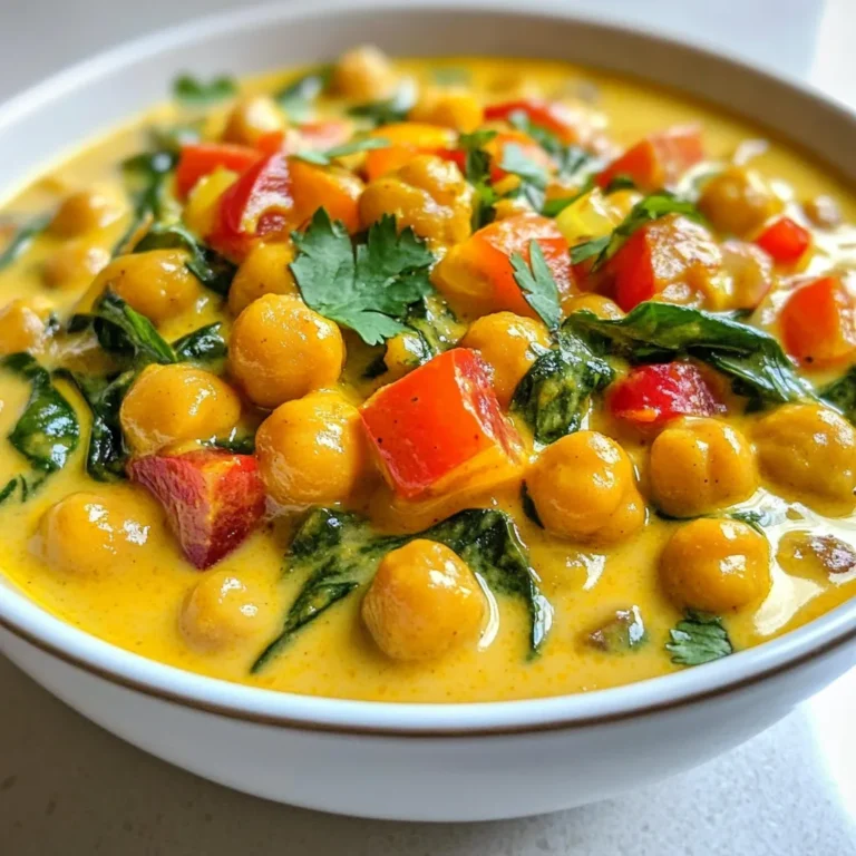 - 2 cans (15 oz each) chickpeas, drained and rinsed - 1 can (13.5 oz) coconut milk - 1 tablespoon coconut oil Chickpeas are the star of this dish. They add protein and texture. The coconut milk brings a creamy richness, making each bite feel indulgent. Coconut oil gives a lovely flavor and helps cook the onions. - 1 medium onion, finely chopped - 3 garlic cloves, minced - 1 inch ginger, grated Onion, garlic, and ginger form the flavor base. They create a warm and inviting aroma. Sautéing them together unlocks their natural sweetness. This mix adds depth to the curry and makes it truly flavorful. - 1 tablespoon curry powder - 1 teaspoon turmeric powder - 1 teaspoon cumin - 1 teaspoon coriander Spices are key to any curry. The curry powder adds heat and earthiness. Turmeric gives a beautiful golden color and has health benefits. Cumin and coriander add warmth and a hint of citrus. - 1 bell pepper, diced (red or yellow for color) - 1 cup spinach, fresh or frozen - Juice of 1 lime - Fresh cilantro for garnish (optional) Bell pepper adds crunch and color to the dish. Spinach is a great way to sneak in greens. The lime juice brightens the flavors, making it fresh. A sprinkle of cilantro at the end adds an extra pop. {{ingredient_image_1}} 1. Sautéing the onion: Start by heating coconut oil in a large pan over medium heat. Add the finely chopped onion. Sauté it for about 5 to 6 minutes. You want it to become translucent. 2. Adding garlic and ginger: Next, stir in the minced garlic and grated ginger. Continue to sauté for 1 to 2 minutes. You will smell a wonderful aroma as they cook. 1. Mixing in spices: Now, add the curry powder, turmeric, cumin, and coriander to the pan. Stir well to coat the onions. Cook this mixture for 1 minute to bring out the spices' flavors. 2. Incorporating coconut milk and chickpeas: Pour in the can of coconut milk. Then, add the drained chickpeas and diced bell pepper. Stir everything to combine well. 1. Simmering and blending flavors: Bring your mixture to a gentle simmer. Reduce the heat and let it cook for about 10 to 15 minutes. This will help the flavors meld together nicely. Remember to stir occasionally to prevent sticking. 2. Adding spinach at the right time: If you are using frozen spinach, add it in the last 5 minutes of cooking. If you have fresh spinach, stir it in just before serving. It will wilt quickly and add a lovely green color. 1. Seasoning adjustments: Taste the curry and season with salt and pepper. Add lime juice to brighten the dish. You can adjust the spices based on your preference. 2. Plating and garnishing: Serve your Coconut Curry Chickpeas hot. Lay it over steamed rice or quinoa. If you like, add fresh cilantro on top for a nice touch. Enjoy your meal! To make your Coconut Curry Chickpeas even tastier, you can adjust the spice levels. Start with one tablespoon of curry powder. If you like heat, add a pinch of cayenne pepper. For a milder taste, reduce the curry powder or leave it out. The type of coconut milk you use matters too. Full-fat coconut milk gives a rich, creamy texture. Light coconut milk will work, but it may lack flavor. Look for brands that use minimal additives for the best taste. When cooking, sautéing the onion first helps build flavor. This method brings out the sweetness. Boiling can make your dish soggy and bland. Aim for a nice, gentle simmer after adding the coconut milk and chickpeas. To achieve the right consistency, watch the cooking time. You want a thick, stew-like texture. If it's too runny, let it simmer longer. If it’s too thick, add a splash of water or more coconut milk. Coconut Curry Chickpeas pair well with rice or quinoa. Both options soak up the sauce nicely. Serve the dish hot, piled on a plate of fluffy rice. For garnishes, fresh cilantro adds color and flavor. You can also squeeze extra lime juice over the top. This adds brightness and balances the spices. Enjoy your meal! Pro Tips Use Fresh Spices: Freshly ground spices provide a more vibrant flavor compared to pre-ground ones. Consider grinding your spices just before use for maximum aroma. Balance the Flavors: Adjust the lime juice to your personal taste; a little extra acidity can brighten up the dish and balance the richness of the coconut milk. Add Protein: For a heartier meal, consider adding diced chicken or tofu. Just cook them before adding the coconut milk to ensure they are properly cooked through. Experiment with Veggies: Feel free to add other vegetables like zucchini or sweet potatoes. They will add different textures and flavors to your curry. {{image_2}} You can easily make this dish vegan and gluten-free. The base is naturally plant-based, so you're already on the right track. Just ensure any seasoning or broth used is gluten-free. For protein substitutes, try adding tofu or tempeh. These options soak up flavors well and give you a nice texture. Experiment with spices to change the dish's punch. Consider adding garam masala for warmth or smoked paprika for a subtle kick. You can also try fresh herbs like basil or mint to add freshness. For veggies, swap bell peppers for zucchini or carrots. Each choice brings a new twist to the dish and keeps things fun! Incorporating traditional ingredients can elevate your curry. For an Indian twist, add some peas or potatoes. If you want to blend cultures, try using miso paste for a Japanese flair. It gives a rich depth. Mixing in elements from different cuisines can create exciting fusion dishes. Use your creativity and explore various flavors! After you cook Coconut Curry Chickpeas, let them cool down. Store leftovers in an airtight container. This keeps the dish fresh. You can keep it in the fridge for about 3 to 4 days. Make sure to check for any off smells before eating. If it smells fine, it's good to go! To freeze this tasty dish, let it cool completely first. Then, transfer the curry to freezer-safe bags or containers. Remove as much air as you can to avoid freezer burn. You can freeze it for up to 3 months. When you’re ready to eat, take it out of the freezer and place it in the fridge overnight to thaw. When it's time to eat again, you can use different methods to reheat your curry. The microwave is quick and easy. Just heat it in short bursts, stirring in between. You can also use a pot on the stove. Heat it over low to medium heat, stirring often. If the curry seems thick, add a splash of water or coconut milk. After storage, taste and adjust the flavors if needed. You might want to add a bit more lime juice or spices. Enjoy your meal! What to serve with Coconut Curry Chickpeas? I love serving Coconut Curry Chickpeas over steamed rice or fluffy quinoa. These options soak up the curry sauce well. You can also add a side of naan bread for a fun twist. Fresh cilantro on top adds color and flavor. Can I use dried chickpeas instead of canned? Yes, you can use dried chickpeas! Just soak them overnight and cook until tender. This may take longer, but it gives a great texture. Make sure to adjust the cooking time in your recipe. How to make Coconut Curry Chickpeas spicier? To spice things up, add fresh chili or red pepper flakes. You can also use spicy curry powder. Start with a little, then taste as you go. This lets you control the heat level. Can I add protein to the dish? Absolutely! You can add chicken, shrimp, or tofu. If using chicken, cook it first before adding the other ingredients. For tofu, add it toward the end to let it soak up the flavors. Caloric content and nutritional breakdown One serving of Coconut Curry Chickpeas contains about 300 calories. It has 12 grams of protein and 15 grams of fat. The dish is rich in fiber, thanks to chickpeas. Health benefits of chickpeas and coconut milk Chickpeas provide protein and fiber, supporting digestion. Coconut milk adds healthy fats and vitamins. Together, they make this dish both tasty and nutritious. Enjoying this meal can help keep you full and satisfied. In this blog post, we explored how to make Coconut Curry Chickpeas. We covered ingredients like chickpeas, coconut milk, and spices. I shared step-by-step instructions to build rich flavors and tips for enhancing your dish. You can also adjust this recipe for dietary needs or regional tastes. Coconut Curry Chickpeas is easy and tasty. You'll create a dish that is healthy and satisfying. Remember, cooking is about trying new things and having fun. Enjoy your meal!