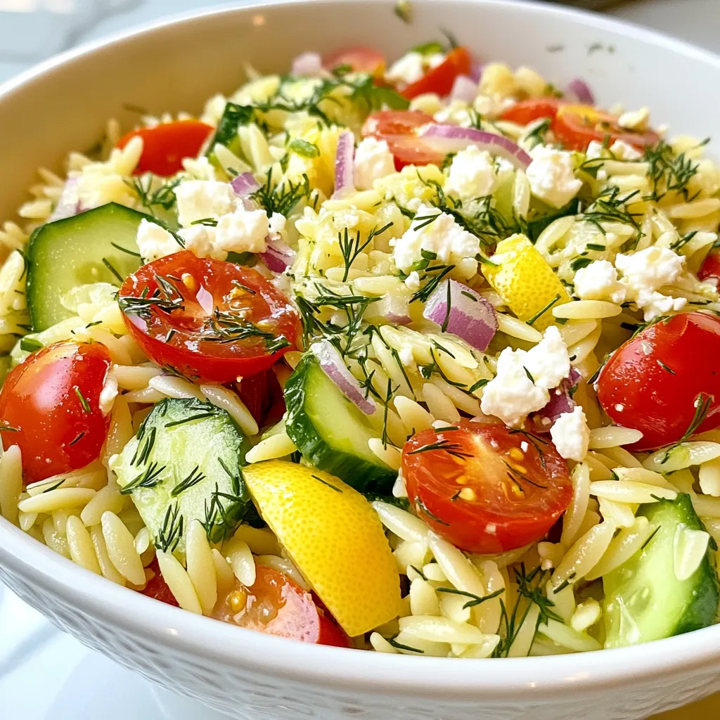 - 1 cup orzo pasta - 1/2 cup cherry tomatoes, halved - 1/2 cucumber, diced - 1/4 red onion, finely chopped - 1/4 cup fresh dill, chopped - 1/4 cup feta cheese, crumbled - 3 tablespoons olive oil - 2 tablespoons lemon juice (freshly squeezed) - Zest of 1 lemon - Salt and pepper to taste For this Lemon Dill Orzo Salad, I use one cup of orzo pasta. This amount serves about four people. I like to add half a cup of halved cherry tomatoes for a burst of color and taste. A half cucumber, diced, adds a nice crunch. The red onion should be finely chopped to keep the flavor mild. I recommend using a quarter cup of fresh dill. It gives the salad a lovely herbal note. When it comes to cheese, a quarter cup of crumbled feta adds creaminess. For the dressing, I use three tablespoons of olive oil and two tablespoons of fresh lemon juice. Zest from one lemon brightens the flavors. Lastly, don't forget to add salt and pepper to taste. If you can't find orzo, try using quinoa or couscous. Both are great alternatives. If you prefer, you can swap feta cheese for goat cheese or omit it for a vegan version. Fresh dill is best, but you can use dried dill in a pinch. Just use less, as dried herbs are stronger. For a zesty kick, consider adding a pinch of red pepper flakes. You can also add other veggies, like bell peppers or spinach, to customize your salad. {{ingredient_image_1}} Start by boiling a large pot of salted water. Once it boils, add 1 cup of orzo pasta. Cook it for about 8 to 10 minutes. You want it to be al dente, which means it's firm yet cooked. After cooking, drain the orzo in a colander. Rinse it under cold water to stop the cooking. This step is key to keeping it from getting mushy. Make sure to drain it well so that no water remains. While the orzo cooks, grab your chopping board. Dice half a cucumber into small pieces. Cut half a cup of cherry tomatoes in half. Finely chop a quarter of a red onion. Place all these veggies in a large mixing bowl. Their colors will brighten your salad and add fresh flavors. When the orzo cools down, add it to the bowl with the veggies. Gently mix in a quarter cup of chopped dill and a quarter cup of crumbled feta cheese. This adds a creamy texture and a salty kick. In a small bowl, whisk together 3 tablespoons of olive oil, 2 tablespoons of freshly squeezed lemon juice, and the zest of one lemon. Add salt and pepper to taste. Pour this dressing over the salad and toss everything to coat evenly. Cover the salad with plastic wrap or a lid. Refrigerate it for at least 30 minutes. This chill time lets the flavors blend. When ready to serve, give it another gentle toss to mix everything. Enjoy this bright and zesty Lemon Dill Orzo Salad! You can make this lemon dill orzo salad a day before. Just follow the recipe and chill it. This helps the flavors blend well. Keep the salad in an airtight container in the fridge. If you wish, add fresh dill just before serving. It keeps the flavor bright and fresh. Want to boost the taste? Try adding a pinch of garlic powder. You can also mix in some olives for a briny kick. If you like a bit of heat, add red pepper flakes. Fresh herbs, like parsley or basil, can brighten the dish too. Always taste and adjust the seasoning to your liking. Make your salad look stunning! Use a large, clear bowl to show off the colors. You can layer the ingredients for a pretty effect. Garnish with extra dill on top. Placing lemon wedges around the bowl adds flair. Serve with a beautiful serving spoon to complete the look. Pro Tips Cooking Orzo Perfectly: Make sure to cook the orzo in well-salted water and don’t overcook it. It should be al dente, as it will continue to absorb moisture while cooling. Fresh Ingredients Matter: Use fresh dill and freshly squeezed lemon juice for the best flavor. Dried herbs and bottled lemon juice won’t deliver the same bright taste. Chill for Flavor: Letting the salad chill in the refrigerator for at least 30 minutes allows the flavors to meld together, making each bite more delicious. Variations: Feel free to add other vegetables like bell peppers or olives, or swap feta for goat cheese to customize the salad to your taste. {{image_2}} You can make this salad heartier by adding protein. Grilled chicken works well. Simply chop it into bite-sized pieces. Shrimp is another great choice. Cook the shrimp until pink, then toss it in. You can also try canned chickpeas for a vegetarian option. This adds protein and fiber, making the salad more filling. If you need a gluten-free option, swap the orzo for gluten-free pasta. Many brands make rice or corn-based pasta. They cook similarly and taste great with the salad. Quinoa is another good choice. It adds a nice texture and extra protein. Just remember to rinse it to remove the bitter taste. Feel free to get creative with seasonal veggies. In summer, add sweet corn or bell peppers for crunch. In fall, try roasted butternut squash or Brussels sprouts. These veggies enhance flavor and keep the salad fresh and colorful. You can also add fresh herbs like basil or parsley for a pop of flavor. After you enjoy your Lemon Dill Orzo Salad, store any leftovers in an airtight container. This keeps the salad fresh and tasty. Make sure to cool the salad completely before sealing it. If you leave it warm, moisture builds up and can cause sogginess. When stored correctly, this salad lasts up to three days in the fridge. You may notice some texture changes after a day or two. The fresh veggies can lose their crunch. Still, the flavors will meld together, making it even tastier! I do not recommend freezing this salad. The orzo and fresh vegetables will not hold their texture well. If you freeze it, the salad may become mushy after thawing. Enjoy it fresh for the best experience! Yes, you can use dried dill. Use about one tablespoon of dried dill for every quarter cup of fresh dill. Dried herbs are more potent, so start with less. If you love the flavor, you can add more. Fresh dill gives a bright taste, but dried works well too. If you want a different cheese, try goat cheese or ricotta. These cheeses add creaminess and flavor. You can also use a dairy-free cheese if you need a vegan option. Just pick a cheese you enjoy. Each will change the taste a bit, so choose what you like. The salad lasts about 3 to 5 days in the fridge. Keep it in an airtight container. The flavors will get better over time, but the veggies may soften. If you want crunch, eat it sooner. Enjoy your salad fresh for the best taste! We've covered the key ingredients needed for a delicious orzo salad. I provided step-by-step instructions to guide you through cooking and preparing the dish. I shared tips to enhance flavor and ensure great presentation. You learned about variations, like adding protein or making it gluten-free. Finally, the storage info helps you keep leftovers fresh. Now you're ready to create a tasty orzo salad at home. Enjoy your cooking!