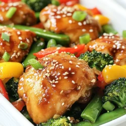 - 1 lb boneless, skinless chicken thighs, thinly sliced - 2 tablespoons sesame oil - 1 tablespoon fresh ginger, minced - 2 cloves garlic, minced - 1 bell pepper (red or yellow), sliced - 1 cup broccoli florets - 1 cup sugar snap peas - 3 tablespoons soy sauce (or tamari for gluten-free) - 1 tablespoon honey - 1 tablespoon rice vinegar - 2 green onions, sliced - 1 tablespoon sesame seeds - Salt and pepper to taste - You can add more vegetables like carrots or snap peas for extra crunch. - For a gluten-free meal, use tamari instead of soy sauce. - A large skillet or wok works best for stir-frying. - Use a sharp knife and cutting board for quick prep. - Have mixing bowls ready for sauces and marinating. {{ingredient_image_1}} To start, I take one pound of boneless, skinless chicken thighs and slice them thin. This helps the chicken cook quickly and evenly. I then place the sliced chicken in a large bowl. I add salt and pepper for flavor. Marinate the chicken for about 15 minutes. This step makes a big difference in taste. The longer the chicken sits, the better it tastes. Tips for optimal flavor: - Use fresh chicken for the best taste. - Don’t skip the marinating step. It really enhances the flavor. Next, I make the sauce. In a small bowl, I whisk together three tablespoons of soy sauce, one tablespoon of honey, and one tablespoon of rice vinegar. I also add half of the sesame seeds. This mix gives the dish a sweet and tangy kick. I set this sauce aside for later. Storage tips for leftovers: - Store any leftover sauce in a sealed container in the fridge. - Use the sauce within a week for the best flavor. Now, I heat one tablespoon of sesame oil in a large skillet or wok over medium-high heat. Once the oil is hot, I add the marinated chicken. I stir-fry the chicken until it turns golden brown and is fully cooked, about 5 to 7 minutes. After that, I remove the chicken from the skillet and set it aside. Then, I add another tablespoon of sesame oil to the same skillet. I sauté two cloves of minced garlic and one tablespoon of minced ginger for about 30 seconds. The smell is amazing! After that, I toss in the sliced bell pepper, one cup of broccoli florets, and one cup of sugar snap peas. I stir-fry the veggies for 3 to 4 minutes until they are tender but still crisp. Now it’s time to bring it all together. I return the cooked chicken to the skillet with the veggies. I pour the prepared sauce over everything. I make sure to toss everything together well. This ensures an even coating of sauce on the chicken and vegetables. I heat everything through for another 2 to 3 minutes. To finish, I sprinkle the remaining sesame seeds and sliced green onions over the stir fry. This adds a nice crunch and color. I love serving this dish with steamed rice or noodles. It makes for a complete meal that everyone will enjoy. - Stir-frying cooks food quickly. Use high heat and work fast. - Cut chicken and veggies into small, even pieces for even cooking. - Preheat your skillet or wok before adding oil. This prevents sticking. - Always stir while cooking to avoid burning. - Add a splash of lime juice for brightness. - Try a pinch of red pepper flakes for heat. - Balance flavors with sweet ingredients like honey and salty soy sauce. - Fresh herbs like cilantro can add a pop of flavor at the end. - Chop all veggies ahead of time. Store them in the fridge for quick access. - Marinate chicken the night before for deeper flavor. - You can use frozen vegetables to save time. Just add them directly to the pan. - Pre-mix your sauce and keep it in the fridge for quick meals. Pro Tips Marinate for Maximum Flavor: Allow the chicken to marinate for at least 15 minutes; this enhances the flavor and tenderness of the meat. Prep Your Ingredients Ahead: To ensure a smooth cooking process, chop all vegetables and measure out sauces before cooking begins. Use High Heat: Stir-frying requires high heat for quick cooking. This helps retain the crispness of the vegetables and the juiciness of the chicken. Customize Your Veggies: Feel free to substitute or add your favorite vegetables like carrots, snap peas, or mushrooms for a personal touch! {{image_2}} You can swap the chicken for tofu or shrimp. Tofu works great for a plant-based meal. It absorbs flavors well. Just press it first to remove extra water. Cut it into cubes and sauté until golden. Shrimp cooks quickly and adds a sweet taste. Use about one pound of shrimp for a nice protein boost. Other meat options include beef or pork. Thinly slice them and marinate like chicken. This adds depth to the dish. Get creative with your veggies! You can mix in carrots, snow peas, or zucchini. They add color and crunch. Seasonal veggies like asparagus in spring or squash in fall work well too. Just remember to cut them into similar sizes to cook evenly. Try adding leafy greens like bok choy or spinach. They wilt nicely and add nutrition. Adjust the sauce to fit your taste. If you prefer more sweetness, add extra honey. For a saltier flavor, increase the soy sauce. You can also add extra flavors. A splash of lime juice gives a fresh twist. Try adding sriracha for some heat. A sprinkle of toasted sesame oil boosts the nutty taste. Store your leftover Sesame Ginger Chicken Stir Fry in an airtight container. This keeps it fresh. You can enjoy it for up to three days in the fridge. If you want the best taste, eat it within two days. To freeze, place the cooled stir fry in a freezer-safe bag. Remove as much air as possible. This prevents freezer burn. The stir fry can last up to three months in the freezer. When you're ready to eat, thaw it overnight in the fridge. Reheat it in a skillet over medium heat until hot. For meal prep, divide the stir fry into portions. Use small containers for easy grab-and-go meals. Each portion is perfect for lunch or dinner. You can pair it with rice or noodles for a quick meal. This way, you save time on busy days while enjoying tasty food! Sesame Ginger Chicken Stir Fry lasts about 3 to 4 days in the fridge. To store it, let it cool down first. Place it in an airtight container. This keeps the flavors fresh and the chicken moist. When you're ready to eat, just reheat it on the stove or microwave until hot. Yes, you can make this dish gluten-free. Use tamari instead of soy sauce. Tamari is a great substitute that keeps the same flavor. Make sure all other sauces, like rice vinegar, are also gluten-free. Always check labels for hidden gluten ingredients. You can serve this stir fry with: - Steamed rice - Quinoa - Cauliflower rice - Noodles These options add a nice base to your meal. You can also serve it with a side salad for extra crunch and freshness. To add some heat, try these tips: - Add red pepper flakes while cooking. - Mix in a splash of sriracha to the sauce. - Use fresh sliced chili peppers in the stir fry. Start with a little, then taste before adding more. You can always add more spice, but it’s hard to take it out! Yes, you can use frozen vegetables. They make cooking quick and easy. Just add them to the pan straight from the freezer. You might need to cook them a bit longer. Make sure they are heated through. They can still taste great and keep their crunch! This article covered the essential ingredients and steps for making a tasty Sesame Ginger Chicken Stir Fry. You learned about main and optional ingredients, key equipment, and how to prepare the dish from start to finish. Consider trying different vegetables and proteins to keep meals exciting. Remember, meal prep and proper storage help you enjoy this dish longer. Use this guide to create a flavor-packed meal that fits your taste and needs. Enjoy cooking!
