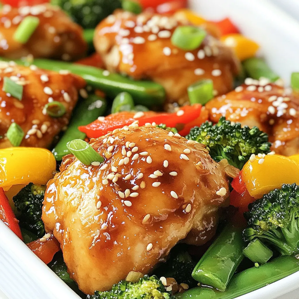 - 1 lb boneless, skinless chicken thighs, thinly sliced - 2 tablespoons sesame oil - 1 tablespoon fresh ginger, minced - 2 cloves garlic, minced - 1 bell pepper (red or yellow), sliced - 1 cup broccoli florets - 1 cup sugar snap peas - 3 tablespoons soy sauce (or tamari for gluten-free) - 1 tablespoon honey - 1 tablespoon rice vinegar - 2 green onions, sliced - 1 tablespoon sesame seeds - Salt and pepper to taste - You can add more vegetables like carrots or snap peas for extra crunch. - For a gluten-free meal, use tamari instead of soy sauce. - A large skillet or wok works best for stir-frying. - Use a sharp knife and cutting board for quick prep. - Have mixing bowls ready for sauces and marinating. {{ingredient_image_1}} To start, I take one pound of boneless, skinless chicken thighs and slice them thin. This helps the chicken cook quickly and evenly. I then place the sliced chicken in a large bowl. I add salt and pepper for flavor. Marinate the chicken for about 15 minutes. This step makes a big difference in taste. The longer the chicken sits, the better it tastes. Tips for optimal flavor: - Use fresh chicken for the best taste. - Don’t skip the marinating step. It really enhances the flavor. Next, I make the sauce. In a small bowl, I whisk together three tablespoons of soy sauce, one tablespoon of honey, and one tablespoon of rice vinegar. I also add half of the sesame seeds. This mix gives the dish a sweet and tangy kick. I set this sauce aside for later. Storage tips for leftovers: - Store any leftover sauce in a sealed container in the fridge. - Use the sauce within a week for the best flavor. Now, I heat one tablespoon of sesame oil in a large skillet or wok over medium-high heat. Once the oil is hot, I add the marinated chicken. I stir-fry the chicken until it turns golden brown and is fully cooked, about 5 to 7 minutes. After that, I remove the chicken from the skillet and set it aside. Then, I add another tablespoon of sesame oil to the same skillet. I sauté two cloves of minced garlic and one tablespoon of minced ginger for about 30 seconds. The smell is amazing! After that, I toss in the sliced bell pepper, one cup of broccoli florets, and one cup of sugar snap peas. I stir-fry the veggies for 3 to 4 minutes until they are tender but still crisp. Now it’s time to bring it all together. I return the cooked chicken to the skillet with the veggies. I pour the prepared sauce over everything. I make sure to toss everything together well. This ensures an even coating of sauce on the chicken and vegetables. I heat everything through for another 2 to 3 minutes. To finish, I sprinkle the remaining sesame seeds and sliced green onions over the stir fry. This adds a nice crunch and color. I love serving this dish with steamed rice or noodles. It makes for a complete meal that everyone will enjoy. - Stir-frying cooks food quickly. Use high heat and work fast. - Cut chicken and veggies into small, even pieces for even cooking. - Preheat your skillet or wok before adding oil. This prevents sticking. - Always stir while cooking to avoid burning. - Add a splash of lime juice for brightness. - Try a pinch of red pepper flakes for heat. - Balance flavors with sweet ingredients like honey and salty soy sauce. - Fresh herbs like cilantro can add a pop of flavor at the end. - Chop all veggies ahead of time. Store them in the fridge for quick access. - Marinate chicken the night before for deeper flavor. - You can use frozen vegetables to save time. Just add them directly to the pan. - Pre-mix your sauce and keep it in the fridge for quick meals. Pro Tips Marinate for Maximum Flavor: Allow the chicken to marinate for at least 15 minutes; this enhances the flavor and tenderness of the meat. Prep Your Ingredients Ahead: To ensure a smooth cooking process, chop all vegetables and measure out sauces before cooking begins. Use High Heat: Stir-frying requires high heat for quick cooking. This helps retain the crispness of the vegetables and the juiciness of the chicken. Customize Your Veggies: Feel free to substitute or add your favorite vegetables like carrots, snap peas, or mushrooms for a personal touch! {{image_2}} You can swap the chicken for tofu or shrimp. Tofu works great for a plant-based meal. It absorbs flavors well. Just press it first to remove extra water. Cut it into cubes and sauté until golden. Shrimp cooks quickly and adds a sweet taste. Use about one pound of shrimp for a nice protein boost. Other meat options include beef or pork. Thinly slice them and marinate like chicken. This adds depth to the dish. Get creative with your veggies! You can mix in carrots, snow peas, or zucchini. They add color and crunch. Seasonal veggies like asparagus in spring or squash in fall work well too. Just remember to cut them into similar sizes to cook evenly. Try adding leafy greens like bok choy or spinach. They wilt nicely and add nutrition. Adjust the sauce to fit your taste. If you prefer more sweetness, add extra honey. For a saltier flavor, increase the soy sauce. You can also add extra flavors. A splash of lime juice gives a fresh twist. Try adding sriracha for some heat. A sprinkle of toasted sesame oil boosts the nutty taste. Store your leftover Sesame Ginger Chicken Stir Fry in an airtight container. This keeps it fresh. You can enjoy it for up to three days in the fridge. If you want the best taste, eat it within two days. To freeze, place the cooled stir fry in a freezer-safe bag. Remove as much air as possible. This prevents freezer burn. The stir fry can last up to three months in the freezer. When you're ready to eat, thaw it overnight in the fridge. Reheat it in a skillet over medium heat until hot. For meal prep, divide the stir fry into portions. Use small containers for easy grab-and-go meals. Each portion is perfect for lunch or dinner. You can pair it with rice or noodles for a quick meal. This way, you save time on busy days while enjoying tasty food! Sesame Ginger Chicken Stir Fry lasts about 3 to 4 days in the fridge. To store it, let it cool down first. Place it in an airtight container. This keeps the flavors fresh and the chicken moist. When you're ready to eat, just reheat it on the stove or microwave until hot. Yes, you can make this dish gluten-free. Use tamari instead of soy sauce. Tamari is a great substitute that keeps the same flavor. Make sure all other sauces, like rice vinegar, are also gluten-free. Always check labels for hidden gluten ingredients. You can serve this stir fry with: - Steamed rice - Quinoa - Cauliflower rice - Noodles These options add a nice base to your meal. You can also serve it with a side salad for extra crunch and freshness. To add some heat, try these tips: - Add red pepper flakes while cooking. - Mix in a splash of sriracha to the sauce. - Use fresh sliced chili peppers in the stir fry. Start with a little, then taste before adding more. You can always add more spice, but it’s hard to take it out! Yes, you can use frozen vegetables. They make cooking quick and easy. Just add them to the pan straight from the freezer. You might need to cook them a bit longer. Make sure they are heated through. They can still taste great and keep their crunch! This article covered the essential ingredients and steps for making a tasty Sesame Ginger Chicken Stir Fry. You learned about main and optional ingredients, key equipment, and how to prepare the dish from start to finish. Consider trying different vegetables and proteins to keep meals exciting. Remember, meal prep and proper storage help you enjoy this dish longer. Use this guide to create a flavor-packed meal that fits your taste and needs. Enjoy cooking!