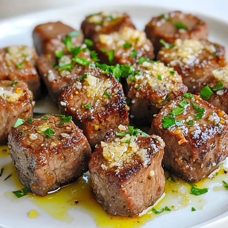 - Sirloin steak details: Use 1 lb of sirloin steak. Cut it into bite-sized cubes. Sirloin gives a nice flavor and texture. - Olive oil and garlic: You need 3 tablespoons of olive oil and 4 cloves of minced garlic. These add richness and depth. - Seasonings and cheese: Use 1 teaspoon of Italian seasoning, 1/2 teaspoon of paprika, salt, and pepper to taste. Also, have 1/2 cup of grated Parmesan cheese. This creates a savory crust. - Optional garnish: Fresh parsley, chopped, adds color and freshness. It's great for a final touch. These ingredients come together to make a delicious meal. They work well in an air fryer, keeping the steak bites juicy and flavorful. {{ingredient_image_1}} To start, I prepare the marinade. In a bowl, I mix three tablespoons of olive oil with four minced garlic cloves, one teaspoon of Italian seasoning, and half a teaspoon of paprika. I add salt and pepper to taste. This blend brings out rich flavors. Next, I toss the steak cubes into the marinade. I make sure each piece is well-coated. This helps the steak absorb those tasty flavors. I let the steak marinate for at least 30 minutes at room temperature. For even better results, I sometimes marinate it in the fridge for up to two hours. The longer it sits, the more flavor it gains. Now, I preheat my air fryer to 400°F (200°C). This step is key for cooking the steak evenly and getting that great texture. Once it’s hot, I place the marinated steak bites in a single layer in the air fryer basket. I leave some space between them to allow hot air to circulate. I air fry the steak bites for 8 to 10 minutes. Halfway through, I shake the basket to ensure even cooking. For a medium-rare finish, I aim for an internal temperature of about 135°F. When the steak bites are done, I take them out and immediately sprinkle half a cup of grated Parmesan cheese over them. The heat from the steak helps melt the cheese, creating a delicious layer on top. Finally, I garnish the steak bites with chopped fresh parsley. This adds a pop of color and freshness to the dish. Now, they are ready to serve! To really boost the flavor of your steak bites, marinate them for at least 30 minutes. For deeper flavor, let them sit in the fridge for up to 2 hours. The olive oil and garlic work wonders. When it comes to cooking, aim for your preferred doneness. For medium-rare, check for about 135°F. Use a meat thermometer for best results. To ensure even cooking in your air fryer, arrange the steak bites in a single layer. Leave some space between them. This helps hot air reach all sides. If you use different cuts of steak, adjust the cooking time. Thicker cuts will need more time, while thinner cuts cook faster. Keep an eye on them to avoid overcooking. Pair these steak bites with a fresh salad or roasted veggies. They also go well with mashed potatoes or rice. For a fun touch, serve with dipping sauces like garlic aioli or spicy ketchup. Add fresh parsley on top for a pop of color and flavor. Pro Tips Marinate for Flavor: Allowing the steak to marinate for at least 30 minutes enhances the flavor significantly; for best results, marinate it for up to 2 hours. Preheat the Air Fryer: Always preheat your air fryer to ensure that the steak bites cook evenly and develop a nice sear on the outside. Doneness Check: Use a meat thermometer to check the internal temperature; 135°F is ideal for medium-rare, but adjust according to your preference. Cheese Melting Tip: Sprinkle the Parmesan cheese immediately after cooking to allow the residual heat to melt it perfectly over the steak bites. {{image_2}} You can switch up the herbs and spices in this recipe. Instead of Italian seasoning, try a mix of rosemary and thyme for a fresh taste. You can also use cumin or chili powder for a spicy kick. Adding lemon zest gives a bright flavor. You can even use a dash of hot sauce in the marinade for some heat. While sirloin works great, you can use other cuts like ribeye or flank steak. Ribeye adds more fat and flavor but may need less cooking time. Flank steak is leaner and should be cut thin against the grain for tenderness. Adjust cooking times to keep the steak juicy and avoid overcooking. You can cook these steak bites in the oven if you don't have an air fryer. Preheat your oven to 400°F (200°C) and spread the steak bites on a baking sheet. Bake them for about 10-12 minutes. If you enjoy grilling, you can place them on skewers for easy handling. Grill over medium heat for a few minutes on each side. This adds a nice char and smoky flavor. To store your garlic Parmesan air fryer steak bites, first, let them cool. Place them in an airtight container. This method keeps them fresh and tasty. You can store them in the fridge for up to three days. If you have more, you can freeze them. Use a freezer-safe bag for the best results. Remove as much air as possible to avoid freezer burn. To reheat steak bites, the best method is using the air fryer. Set it to 350°F (175°C) and heat for about 5 minutes. This method keeps them crispy and delicious. You can also use a skillet. Heat on medium-low and stir gently until warm. Avoid using the microwave, as it makes the steak chewy. Always check the steak to ensure it’s heated through but not overcooked. Enjoy your tasty bites! Yes, you can use other cuts. Here are some good options: - Ribeye: This cut is rich and flavorful. - Flank steak: It has a nice texture and cooks quickly. - Tenderloin: This cut is very tender and lean. Check the steak with a meat thermometer. Here are the target temperatures: - Rare: 125°F - Medium-rare: 135°F - Medium: 145°F - Medium-well: 150°F - Well done: 160°F Yes, you can freeze them. Here’s how to do it: - Let the cooked steak bites cool down. - Place them in an airtight container. - They can last up to three months in the freezer. When you're ready to eat, thaw them in the fridge overnight and reheat in the air fryer. This keeps them juicy. You now know how to make delicious garlic Parmesan steak bites. We covered ingredients, marination, and air frying steps. I shared tips for the best flavor and variations to try. You can store leftovers and reheat them well without drying out. Follow the cooking guide to ensure your steak is just right. Remember, the key is in the marinade and cooking method. Enjoy your tasty creations!