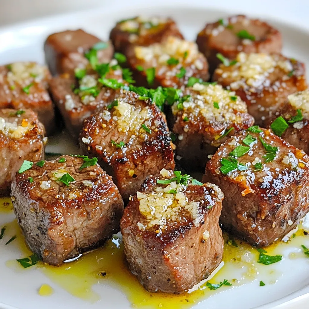 - Sirloin steak details: Use 1 lb of sirloin steak. Cut it into bite-sized cubes. Sirloin gives a nice flavor and texture. - Olive oil and garlic: You need 3 tablespoons of olive oil and 4 cloves of minced garlic. These add richness and depth. - Seasonings and cheese: Use 1 teaspoon of Italian seasoning, 1/2 teaspoon of paprika, salt, and pepper to taste. Also, have 1/2 cup of grated Parmesan cheese. This creates a savory crust. - Optional garnish: Fresh parsley, chopped, adds color and freshness. It's great for a final touch. These ingredients come together to make a delicious meal. They work well in an air fryer, keeping the steak bites juicy and flavorful. {{ingredient_image_1}} To start, I prepare the marinade. In a bowl, I mix three tablespoons of olive oil with four minced garlic cloves, one teaspoon of Italian seasoning, and half a teaspoon of paprika. I add salt and pepper to taste. This blend brings out rich flavors. Next, I toss the steak cubes into the marinade. I make sure each piece is well-coated. This helps the steak absorb those tasty flavors. I let the steak marinate for at least 30 minutes at room temperature. For even better results, I sometimes marinate it in the fridge for up to two hours. The longer it sits, the more flavor it gains. Now, I preheat my air fryer to 400°F (200°C). This step is key for cooking the steak evenly and getting that great texture. Once it’s hot, I place the marinated steak bites in a single layer in the air fryer basket. I leave some space between them to allow hot air to circulate. I air fry the steak bites for 8 to 10 minutes. Halfway through, I shake the basket to ensure even cooking. For a medium-rare finish, I aim for an internal temperature of about 135°F. When the steak bites are done, I take them out and immediately sprinkle half a cup of grated Parmesan cheese over them. The heat from the steak helps melt the cheese, creating a delicious layer on top. Finally, I garnish the steak bites with chopped fresh parsley. This adds a pop of color and freshness to the dish. Now, they are ready to serve! To really boost the flavor of your steak bites, marinate them for at least 30 minutes. For deeper flavor, let them sit in the fridge for up to 2 hours. The olive oil and garlic work wonders. When it comes to cooking, aim for your preferred doneness. For medium-rare, check for about 135°F. Use a meat thermometer for best results. To ensure even cooking in your air fryer, arrange the steak bites in a single layer. Leave some space between them. This helps hot air reach all sides. If you use different cuts of steak, adjust the cooking time. Thicker cuts will need more time, while thinner cuts cook faster. Keep an eye on them to avoid overcooking. Pair these steak bites with a fresh salad or roasted veggies. They also go well with mashed potatoes or rice. For a fun touch, serve with dipping sauces like garlic aioli or spicy ketchup. Add fresh parsley on top for a pop of color and flavor. Pro Tips Marinate for Flavor: Allowing the steak to marinate for at least 30 minutes enhances the flavor significantly; for best results, marinate it for up to 2 hours. Preheat the Air Fryer: Always preheat your air fryer to ensure that the steak bites cook evenly and develop a nice sear on the outside. Doneness Check: Use a meat thermometer to check the internal temperature; 135°F is ideal for medium-rare, but adjust according to your preference. Cheese Melting Tip: Sprinkle the Parmesan cheese immediately after cooking to allow the residual heat to melt it perfectly over the steak bites. {{image_2}} You can switch up the herbs and spices in this recipe. Instead of Italian seasoning, try a mix of rosemary and thyme for a fresh taste. You can also use cumin or chili powder for a spicy kick. Adding lemon zest gives a bright flavor. You can even use a dash of hot sauce in the marinade for some heat. While sirloin works great, you can use other cuts like ribeye or flank steak. Ribeye adds more fat and flavor but may need less cooking time. Flank steak is leaner and should be cut thin against the grain for tenderness. Adjust cooking times to keep the steak juicy and avoid overcooking. You can cook these steak bites in the oven if you don't have an air fryer. Preheat your oven to 400°F (200°C) and spread the steak bites on a baking sheet. Bake them for about 10-12 minutes. If you enjoy grilling, you can place them on skewers for easy handling. Grill over medium heat for a few minutes on each side. This adds a nice char and smoky flavor. To store your garlic Parmesan air fryer steak bites, first, let them cool. Place them in an airtight container. This method keeps them fresh and tasty. You can store them in the fridge for up to three days. If you have more, you can freeze them. Use a freezer-safe bag for the best results. Remove as much air as possible to avoid freezer burn. To reheat steak bites, the best method is using the air fryer. Set it to 350°F (175°C) and heat for about 5 minutes. This method keeps them crispy and delicious. You can also use a skillet. Heat on medium-low and stir gently until warm. Avoid using the microwave, as it makes the steak chewy. Always check the steak to ensure it’s heated through but not overcooked. Enjoy your tasty bites! Yes, you can use other cuts. Here are some good options: - Ribeye: This cut is rich and flavorful. - Flank steak: It has a nice texture and cooks quickly. - Tenderloin: This cut is very tender and lean. Check the steak with a meat thermometer. Here are the target temperatures: - Rare: 125°F - Medium-rare: 135°F - Medium: 145°F - Medium-well: 150°F - Well done: 160°F Yes, you can freeze them. Here’s how to do it: - Let the cooked steak bites cool down. - Place them in an airtight container. - They can last up to three months in the freezer. When you're ready to eat, thaw them in the fridge overnight and reheat in the air fryer. This keeps them juicy. You now know how to make delicious garlic Parmesan steak bites. We covered ingredients, marination, and air frying steps. I shared tips for the best flavor and variations to try. You can store leftovers and reheat them well without drying out. Follow the cooking guide to ensure your steak is just right. Remember, the key is in the marinade and cooking method. Enjoy your tasty creations!