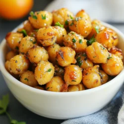 To make tasty garlic herb roasted chickpeas, you need a few key items: - 1 can (15 oz) chickpeas, rinsed and drained - 2 tablespoons olive oil - 4 cloves garlic, minced - 1 teaspoon dried oregano - 1 teaspoon dried thyme - 1 teaspoon smoked paprika - Salt and pepper to taste - Fresh parsley, chopped (for garnish) These main ingredients give the chickpeas a nice crunch and great flavor. You can add other ingredients to change the taste: - A pinch of cayenne pepper for heat - Lemon zest for freshness - Parmesan cheese for a savory touch - Other herbs like rosemary or basil Feel free to mix and match to find your favorite flavor. To make this snack, you will need: - A medium bowl for mixing - A baking sheet lined with parchment paper - A sharp knife and cutting board - An oven for roasting These tools help you prepare and cook the chickpeas easily. Enjoy the process! {{ingredient_image_1}} First, get ready to make your chickpeas. Preheat your oven to 400°F (200°C). This step is key. A hot oven helps the chickpeas turn crispy. While the oven heats, rinse and drain one can of chickpeas. Make sure they are dry. Wet chickpeas will not get crispy. In a medium bowl, add your drained chickpeas. Pour in two tablespoons of olive oil. Next, add four cloves of minced garlic. This gives your chickpeas a strong flavor. Then, sprinkle in one teaspoon each of dried oregano, dried thyme, and smoked paprika. Don’t forget salt and pepper to taste. Mix everything well. Toss the chickpeas until they are fully coated in the oil and spices. Now, it’s time to roast. Spread the seasoned chickpeas on a baking sheet lined with parchment paper. Make sure they are in a single layer. This helps them cook evenly. Place the baking sheet in the oven and roast for 25 to 30 minutes. Stir them halfway through. You want them to be golden brown and crispy. Once done, take them out of the oven and let them cool for a few minutes. Finally, transfer to a bowl and garnish with fresh chopped parsley. Enjoy your tasty snack! To make your chickpeas super crispy, start with dry ones. After rinsing, dry them with a towel. Moisture keeps them from getting crisp. Use a high oven temperature, like 400°F (200°C). This helps the chickpeas roast quickly. Stir them halfway through cooking. This ensures even browning. If you want extra crunch, roast them a bit longer. Just keep an eye on them so they don’t burn. You can change the flavors of your roasted chickpeas easily. Try adding different spices. For a kick, mix in cayenne pepper or chili powder. If you love herbs, add fresh rosemary or basil. These give a nice twist to the taste. You can also sprinkle some nutritional yeast for a cheesy flavor. Experiment with what you like best! Serve your crispy chickpeas as a snack or a topping. They go great on salads or in wraps. You can also use them in grain bowls for extra crunch. Pair them with hummus or yogurt dip for a tasty treat. They make a great snack for movie night too! Enjoy them warm or at room temperature. Pro Tips Dry Your Chickpeas: Before seasoning, make sure to thoroughly dry the chickpeas with a paper towel. This helps them get crispier in the oven. Experiment with Spices: Feel free to mix and match different spices to create your own flavor profile. Try cumin, chili powder, or even a sweet seasoning like cinnamon! Store for Later: These roasted chickpeas can be stored in an airtight container for up to a week. Just re-crisp them in the oven for a few minutes if they lose their crunch. Garnish Creatively: In addition to parsley, try garnishing with lemon zest or a sprinkle of nutritional yeast for an extra flavor boost! {{image_2}} To make your chickpeas spicy, add some heat! Use 1 teaspoon of cayenne pepper or red pepper flakes. Mix it with the garlic, oregano, and other herbs. This will give your snack a nice kick. The heat pairs well with the garlic and herbs. You can adjust the spice to fit your taste. Enjoy a bold flavor with every bite! For a Mediterranean flair, try using lemon zest and feta cheese. Just add 1 tablespoon of lemon zest to the chickpeas. Once they are roasted, sprinkle some crumbled feta on top. This adds a tangy taste that brightens the dish. You can also add some olives or sun-dried tomatoes for extra richness. This twist makes your snack feel like a mini vacation! If you want a cheesy taste without dairy, use nutritional yeast. Mix 2 tablespoons of nutritional yeast with your spices. Coat the chickpeas as usual, then sprinkle the mix on top. The yeast gives a savory flavor that satisfies cheesy cravings. It also adds a nice, golden color once roasted. These chickpeas are a tasty treat for everyone! To store leftover garlic herb roasted chickpeas, let them cool completely. Next, place them in an airtight container. They will stay fresh for about 3 to 5 days in the fridge. Make sure to keep them away from moisture. This helps them stay crispy longer. When you reheat these chickpeas, use the oven for the best results. Preheat your oven to 350°F (175°C). Spread the chickpeas on a baking sheet. Heat them for about 10 minutes. This method helps restore their crunchiness. You can also use an air fryer. It works well too! Just heat at 350°F for 5 to 7 minutes. You can freeze garlic herb roasted chickpeas for later use. First, let them cool down completely. Then, place them in a freezer bag. Remove as much air as possible before sealing. They will last about 2 to 3 months in the freezer. When you're ready to eat them, thaw in the fridge overnight. Reheat as mentioned above for a crispy snack. Yes, you can use dried chickpeas. However, they need to be cooked first. Soak them in water overnight. Then, boil them until soft. This process takes longer than using canned chickpeas. Canned chickpeas save time and still taste great. Chickpeas offer many health benefits. They are high in protein and fiber. This helps you feel full longer. Chickpeas also contain vitamins and minerals. They support heart health and can lower cholesterol. Plus, they are great for digestion. Adding them to your diet is smart. To add spice, try adding cayenne pepper or chili powder. Start with a small amount, like 1/4 teaspoon. Mix it in with the other spices before roasting. You can also add hot sauce after roasting. This gives you control over the heat level. You learned about making garlic herb roasted chickpeas, from ingredients to storage. The steps are easy, so anyone can try this recipe. Remember, you can mix flavors or serve them in fun ways. Storing leftovers is simple, too. Enjoy your tasty chickpeas anytime! I hope you feel inspired to create your own twist on this healthy snack. Happy cooking!