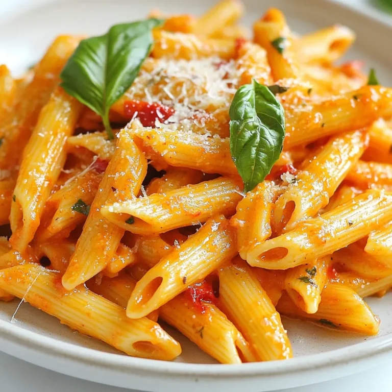 To create a tasty Creamy Roasted Red Pepper Pasta, you'll need the following ingredients: - 12 oz pasta (penne or fettuccine recommended) - 2 large red bell peppers - 3 cloves garlic, minced - 1/2 cup heavy cream or cashew cream (vegan option) - 1/2 cup grated Parmesan cheese or nutritional yeast (vegan option) - 1 tablespoon olive oil - 1 teaspoon smoked paprika - Salt and pepper to taste - Fresh basil leaves for garnish - Optional: red pepper flakes for heat These ingredients work together to create a rich and creamy sauce. The roasted red peppers add a sweet and smoky flavor. Garlic gives it an aromatic touch. You can choose heavy cream for a rich taste or cashew cream for a vegan option. Parmesan cheese brings a salty depth, while nutritional yeast provides a cheesy flavor for vegans. Olive oil adds smoothness, and smoked paprika gives a subtle warmth. This dish is flexible. You can adjust the salt and pepper to suit your tastes. Don't forget the fresh basil! It adds a bright, fresh note. If you like heat, sprinkle in red pepper flakes for an extra kick. Cooking with these ingredients is a simple way to enjoy gourmet flavors at home. {{ingredient_image_1}} - Preheat your oven to 425°F (220°C). - Cut the red bell peppers in half and remove the seeds. - Place them on a baking tray, skin side up. Drizzle with olive oil and sprinkle with salt. - Roast until the skins are charred, about 25-30 minutes. - While the peppers roast, boil water in a large pot. - Add your pasta and cook until al dente, as per package instructions. - Drain the pasta and set it aside for later. - Once the peppers cool, peel off the charred skins and chop the peppers. - In a blender, add the roasted peppers, minced garlic, heavy cream, smoked paprika, and half of the Parmesan cheese. - Blend until smooth and creamy. - In a large skillet over medium heat, pour in the red pepper sauce. - Let it simmer for about 5 minutes, stirring occasionally. - Add the drained pasta to the skillet with the sauce. - Toss well until the pasta is fully coated. - Heat through for an additional 2-3 minutes. - Adjust seasoning with salt and pepper to taste. For this dish, I love using penne or fettuccine. These pasta types hold the sauce well. Penne has small tubes that trap sauce inside. Fettuccine has flat ribbons that coat nicely. Both give you a great bite. You can also try other pasta shapes, but stick to ones that hold sauce well. To make a smooth sauce, blend the roasted red peppers well. You want it creamy and rich. If it's too thick, add a bit more cream. For extra flavor, taste and adjust the salt, pepper, and smoked paprika. If you like it spicier, add red pepper flakes. Garnish your dish with fresh basil leaves. They add a nice green touch and fresh flavor. You can also sprinkle extra Parmesan cheese on top. This makes the dish look great and taste even better. Consider a drizzle of olive oil for added shine. Pro Tips Choose the Right Pasta: For the best texture and sauce adherence, opt for pasta shapes with ridges like penne or fettuccine. Roasting Peppers: Allow the peppers to roast until the skin is well charred; this enhances the smoky flavor of the dish. Blending the Sauce: For an ultra-smooth sauce, blend the ingredients until completely creamy; this will make the pasta even more luxurious. Serving Suggestions: Pair this dish with a side salad or garlic bread for a complete meal that impresses. {{image_2}} To make this dish vegan, you can swap out the cream and cheese. Use cashew cream instead of heavy cream. This gives the sauce a rich texture without dairy. For cheese, try nutritional yeast. It adds a cheesy flavor and is plant-based. Both swaps keep the dish creamy and tasty. You can add protein to this pasta for a heartier meal. Grilled chicken works well; just slice it and toss it in at the end. Shrimp is another great option. Cook them in the skillet before adding the sauce. If you prefer a plant-based option, use tofu. Just cube it and sauté until golden before mixing in. Want more heat? Red pepper flakes can add a kick. Sprinkle them in when you simmer the sauce. You can also try adding diced jalapeños for extra spice. If you prefer milder flavors, skip the heat and focus on herbs. Fresh basil adds a lovely taste and smell without the spice. To keep your Creamy Roasted Red Pepper Pasta fresh, store it in an airtight container. Make sure to let it cool to room temperature first. Refrigerate the pasta for up to three days. This keeps the flavors intact and helps maintain texture. To enjoy your leftovers, reheat gently on the stove. Add a splash of water or cream to help loosen the sauce. Stir often over medium heat until warm. You can also use a microwave. Heat in short bursts, stirring in between. This helps prevent the pasta from drying out. If you want to save some for later, freezing is a great option. Place the cooled pasta in a freezer-safe container. Make sure to leave some space for expansion. You can freeze it for up to three months. To defrost, move it to the fridge overnight. Reheat as mentioned before to enjoy a quick meal. To make this dish gluten-free, choose the right pasta. Look for gluten-free options like: - Brown rice pasta - Chickpea pasta - Quinoa pasta These options cook well and taste good. Always check the package for cooking times. Yes, you can make the sauce ahead of time. Here are some tips: - Roast the peppers and blend them as usual. - Store the sauce in an airtight container in the fridge. - It lasts up to three days. When ready to use, just reheat the sauce on low heat. Stir it well before adding the pasta. This pasta pairs well with many sides. Here are some ideas: - A fresh green salad with vinaigrette - Garlic bread for a crunchy side - Steamed vegetables like broccoli or spinach These sides add color and balance to the meal. Enjoy a complete dining experience with this dish! Creamy Roasted Red Pepper Pasta is a tasty mix of ingredients and steps. We covered how to prepare the peppers, cook the pasta, and make a rich sauce. You can customize your dish with vegan options or added protein. Store leftovers properly to enjoy later. Remember, cooking is fun! Choose your favorite ingredients and try new flavors. Enjoy your meal and share it with others.