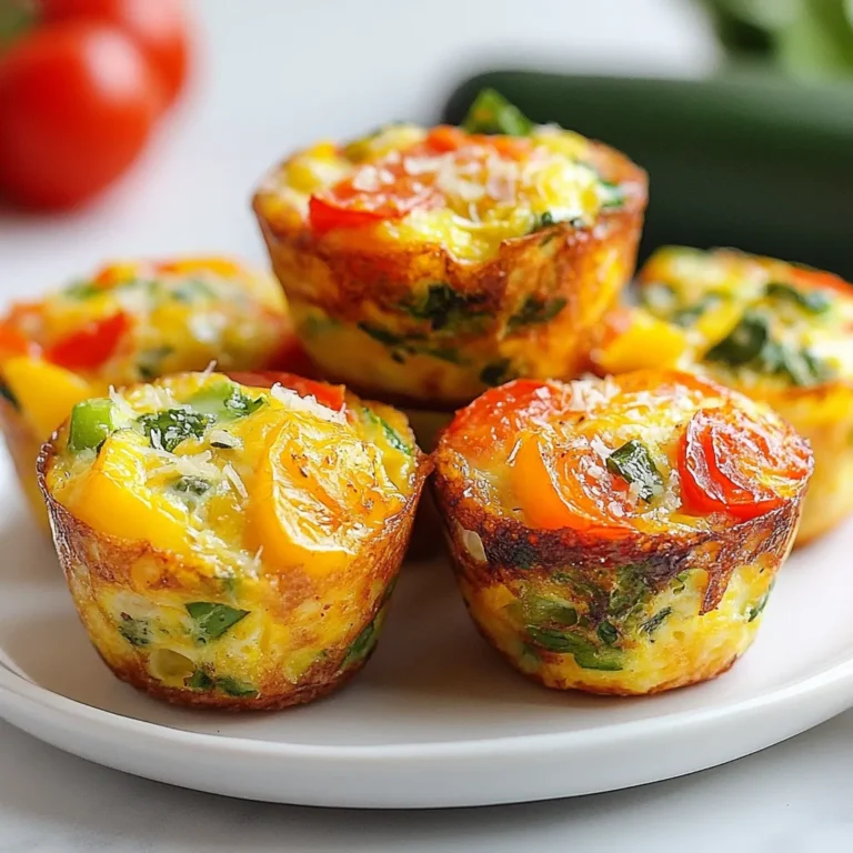 - 6 large eggs - 1 cup spinach, chopped - 1 bell pepper, diced (any color) - 1 small zucchini, grated - 1/2 cup cherry tomatoes, halved - 1/4 cup red onion, finely chopped - 1/2 cup shredded cheese (cheddar or mozzarella) - 1/2 tsp garlic powder - 1/2 tsp onion powder - Salt and pepper to taste - Cooking spray or olive oil for greasing These ingredients make up a simple yet tasty meal. The eggs form the base, giving protein and structure. Spinach adds a nice green touch and nutrients. Bell peppers contribute sweetness and crunch. Zucchini keeps things moist and adds fiber. Cherry tomatoes bring a burst of flavor. Red onion adds sharpness that balances the taste. Cheese adds richness and gooeyness. Garlic and onion powders boost flavor without extra work. Salt and pepper enhance everything. Greasing helps muffins come out easily. - Calories per muffin: About 100 - Macronutrient breakdown: - Protein: 7g - Fat: 6g - Carbohydrates: 3g These muffins offer a great balance of nutrients. They provide protein from eggs and cheese. The veggies add fiber and vitamins. This meal is low in carbs, making it a smart choice. Each muffin is packed with health benefits from the veggies. Spinach is rich in iron, while bell peppers are high in vitamin C. Zucchini is low in calories but high in water, keeping you hydrated. This breakfast option is easy and healthy. You can enjoy it on busy mornings or save some for later. {{ingredient_image_1}} To start, preheat your oven to 350°F (175°C). This step warms the oven for even cooking. Next, grease your muffin tin. You can use cooking spray or olive oil. Both work well to prevent sticking. In a large mixing bowl, crack the six large eggs. Whisk them until the yolks and whites mix well. This helps your muffins rise nicely. After whisking, add your chopped spinach, diced bell pepper, grated zucchini, halved cherry tomatoes, and finely chopped red onion. These veggies add taste and color. Now, sprinkle in the garlic powder, onion powder, salt, and pepper. Mix everything until you see an even blend. Lastly, fold in the shredded cheese. This adds creaminess and flavor. Ensure all veggies and cheese are well coated with the egg mixture. Carefully pour the egg mixture into the muffin tin. Fill each cup about 3/4 full. This gives them room to rise without spilling. Now, it's time to bake! Place the muffin tin in your preheated oven. Bake for 18-20 minutes. Check for doneness by gently pressing the tops. They should feel firm and slightly golden. The centers must set for the best texture. Once done, take the muffins out and let them cool. Use a knife to gently run around the edges. This will help you remove them easily. To make the best veggie-packed egg muffins, follow a few simple steps: - Ensure even cooking: Whisk the eggs until smooth. This helps the muffins cook evenly. Mix the veggies well with the egg. This way, every bite has flavor. - Storing leftovers: Keep the muffins in an airtight container. They stay fresh in the fridge for up to 5 days. You can also freeze them for up to 2 months. Just reheat before serving. Avoid these common errors to ensure your muffins turn out great: - Over-filling muffin cups: Fill each cup only 3/4 full. This allows room for the muffins to rise. If you fill too much, they can overflow. - Skipping greasing: Always grease the muffin tin. Use cooking spray or olive oil. This prevents sticking and makes removal easy. Boost the taste and texture of your muffins with these tips: - Recommended seasonings: Add a pinch of paprika or herbs like thyme. These spices boost the flavor without a lot of effort. - Cheese choices and how they affect taste: Cheddar gives a sharp taste. Mozzarella adds creaminess. Choose cheese based on your flavor preference. Mixing cheeses can also create a new flavor. Pro Tips Fresh Ingredients: Use fresh vegetables for the best flavor and texture in your egg muffins. They will add a vibrant taste and nutrition. Mix and Match: Feel free to customize the veggies based on what you have on hand. Broccoli, carrots, or mushrooms can be great additions! Storage Tips: Store any leftovers in an airtight container in the fridge for up to 5 days. You can also freeze them for longer storage. Perfect Baking: Keep an eye on the muffins as they bake. Ovens vary, so check at the 15-minute mark to avoid overcooking. {{image_2}} You can use many veggies in these egg muffins. Broccoli, kale, or other greens work great. They add color and nutrients. You can also swap in seasonal vegetables. Think about using squash in summer or sweet potatoes in fall. Get creative with what you have! Cheese can really change the flavor. Try adding feta or goat cheese for a tangy twist. If you want more protein, mix in cooked meats like bacon or sausage. They will make the muffins heartier and more satisfying. If you need gluten-free muffins, try using almond flour or coconut flour. These options keep the muffins light. For a dairy-free version, use egg substitutes like flaxseed or chia seeds. These work well and keep the muffins tasty. To keep your veggie-packed egg muffins fresh, use an airtight container. This helps to lock in moisture and flavor. You can store them in the fridge for quick access. If you want to keep them longer, freezing is a great option. Just make sure to wrap each muffin in plastic wrap before putting them in a freezer bag. Reheating muffins can be simple. The best method is to use a microwave. Heat them for about 30 seconds to 1 minute. This keeps them moist. If you prefer a crispy top, try using an oven. Place them on a baking sheet and heat at 350°F for about 10 minutes. This will keep them tasty and warm. In the fridge, these muffins last for about 4 to 5 days. If you freeze them, they can last up to 3 months. For best results, label the freezer bag with the date. This way, you’ll know when to use them. Always check for any signs of spoilage before eating. Enjoy your delicious muffins! Yes, you can make these muffins ahead of time! They store well in the fridge. I suggest making a batch on the weekend. You can enjoy them for breakfast all week. Just let them cool completely and place them in an airtight container. They will stay fresh for up to five days. If you want to skip cheese, you have options! You can use nutritional yeast for a cheesy flavor. Another choice is silken tofu, which adds creaminess. You can also leave it out completely. The muffins will still taste great with the veggies. To check if the muffins are done, look for a golden top. You can also gently press the center. If it springs back, they are ready. If you have a toothpick, insert it into the center. If it comes out clean, the muffins are baked perfectly. Absolutely! Spices and herbs can enhance the flavor. I love adding a pinch of paprika or Italian seasoning. Fresh herbs like basil or parsley work well, too. Just remember to adjust the amount to your taste. Experimenting is part of the fun! Yes, these muffins are very kid-friendly! They are colorful and packed with flavor. Kids often enjoy the fun shapes, too. You can let them help mix the ingredients. This can make them more excited to eat a healthy breakfast. Plus, you can sneak in veggies without them noticing! These egg muffins pack flavor and nutrition. We explored the key ingredients, like fresh veggies and cheese, to create a healthy meal. I shared easy steps to prepare, bake, and store these muffins. Remember, you can customize them with your favorite ingredients too. Avoid common mistakes for the best results. Overall, these muffins make a great breakfast or snack option. Enjoy the bounty of flavors and the health benefits they offer!