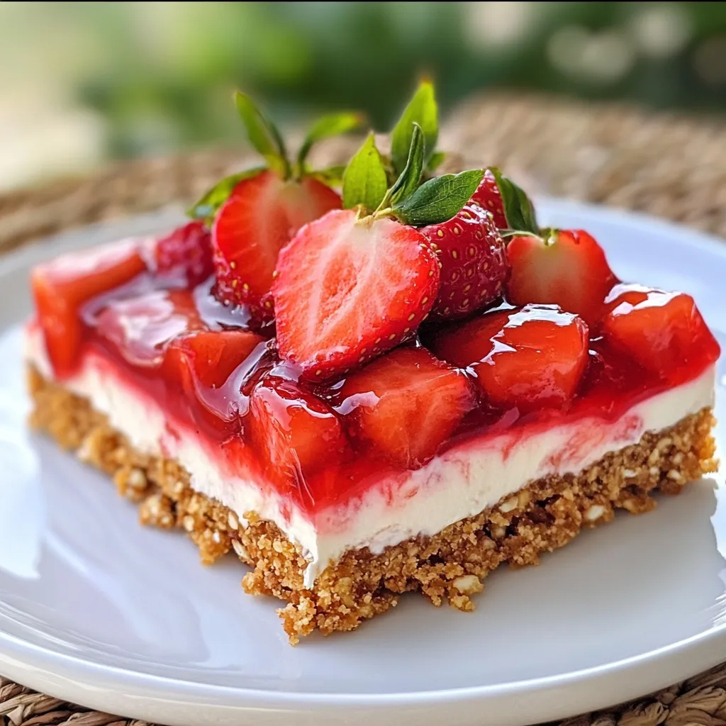 - 2 cups pretzel sticks, crushed - 1/2 cup unsalted butter, melted - 1/4 cup granulated sugar - 8 oz cream cheese, softened - 1 cup powdered sugar - 1 tub (8 oz) whipped topping (like Cool Whip) - 1 cup fresh strawberries, sliced - 1 cup strawberry jelly or preserves - 1/4 cup water These ingredients create a sweet and salty treat. The pretzel crust adds a nice crunch. The cream cheese layer is rich and creamy. Fresh strawberries give it a bright flavor. - Fresh mint leaves for garnish - Additional sliced strawberries for decoration - A splash of lemon juice for added zest These optional items can make your bars even better. Mint adds a fresh taste. More strawberries look pretty and delicious. Lemon juice brightens the flavors. - 9x13 inch baking dish - Mixing bowls - Whisk or electric mixer - Small saucepan - Plastic wrap for chilling Having the right tools makes cooking easier. A good baking dish helps with even cooking. Mixing bowls are needed for combining ingredients. A whisk or mixer saves time when blending. A saucepan is key for melting the jelly. Lastly, plastic wrap keeps your bars fresh while chilling. {{ingredient_image_1}} 1. Preheat the oven: Start by setting your oven to 350°F (175°C). 2. Make the pretzel crust: In a bowl, mix 2 cups of crushed pretzel sticks, 1/2 cup melted unsalted butter, and 1/4 cup granulated sugar. Stir until pretzels are coated well. 3. Press the crust: Take the pretzel mixture and press it firmly into a 9x13 inch baking dish. Make sure it is even all around. 4. Bake the crust: Place the dish in the oven and bake for about 10 minutes. This gives the crust a nice crunch. 5. Cool the crust: After baking, take the dish out and let it cool completely on the counter. 6. Make cream cheese layer: In another bowl, beat 8 oz of softened cream cheese until smooth. Gradually add 1 cup of powdered sugar, mixing until combined. 7. Fold in whipped topping: Gently mix in 1 tub (8 oz) of whipped topping until it is light and fluffy. 8. Spread cream cheese mixture: Once the pretzel crust is cool, spread the cream cheese mix evenly over it. 9. Prepare strawberry topping: In a small saucepan, heat 1 cup of strawberry jelly with 1/4 cup of water over medium heat. Stir until it melts and is smooth. 10. Add fresh strawberries: Remove from heat and stir in 1 cup of sliced fresh strawberries. Make sure they are well coated in the jelly. 11. Top the cream cheese layer: Pour the strawberry mixture over the cream cheese layer. Spread it evenly across the top. 12. Chill the dessert: Cover the dish with plastic wrap and place it in the fridge for at least 4 hours. This helps everything set nicely. 13. Serve: Once chilled, cut into bars and enjoy! To get the best pretzel crust, crush the pretzel sticks well. Aim for small pieces, like crumbs. Mix the crushed pretzels with melted butter and sugar until they stick together. Press the mixture firmly into the baking dish. This helps the crust stay together after baking. Bake it at 350°F for about 10 minutes. This step gives it a nice crunch. Let the crust cool completely before adding any layers. The cream cheese layer adds a rich flavor. Start with softened cream cheese; this makes mixing easier. Beat it until it's smooth. Gradually add powdered sugar to avoid clumps. This will sweeten the cream cheese. Fold in the whipped topping gently. This keeps the layer light and fluffy. Spread it evenly across the cooled crust. Make sure to cover every corner for even taste. Chilling is crucial for these bars. After layering, cover the dish with plastic wrap. Let it chill in the fridge for at least 4 hours. This time allows the layers to set properly. If you can, chill it overnight for the best taste. The longer it chills, the better the flavors blend. When ready to serve, cut into bars and enjoy! Pro Tips Use Fresh Strawberries: Opt for ripe, fresh strawberries for the best flavor and texture. They add a vibrant color and delicious taste to the bars. Let it Chill Properly: Ensure that you chill the bars for at least 4 hours before serving. This allows the layers to set properly and makes cutting easier. Experiment with Flavors: Feel free to substitute the strawberry jelly with other fruit preserves like raspberry or blueberry for a unique twist on the dessert. Perfect Your Presentation: For a stunning presentation, serve the bars on a decorative platter and garnish with mint leaves or extra strawberry slices. {{image_2}} You can change the fruit in these bars. Try using blueberries, raspberries, or peaches. Each fruit brings its own flavor. Blueberries add a sweet burst, while raspberries give a nice tartness. Peaches offer a juicy twist. You can mix fruits too for fun flavors. Just remember, use fresh fruit for the best taste. If you need gluten-free options, use gluten-free pretzels. Many brands make tasty gluten-free pretzels. They work just as well in the crust. You can find them in most stores. Check the label to ensure they are truly gluten-free. This way, everyone can enjoy the bars without worries. Want a lighter option? Swap cream cheese with Greek yogurt. This change makes the bars creamier and adds protein. Choose plain Greek yogurt for the best taste. Mix it with powdered sugar just like cream cheese. The result will be a delicious treat that feels a bit healthier. To keep your Strawberry Pretzel Salad Bars fresh, store them in the fridge. Use an airtight container to prevent them from drying out. You can also cover the dish tightly with plastic wrap. This helps maintain the creamy texture and fruity flavor. Always label your container with the date you made them. This way, you can keep track of freshness. If you want to freeze these bars, cut them into squares first. Wrap each square tightly in plastic wrap. Then, place the wrapped squares in a freezer-safe bag. Make sure to remove as much air as possible. You can freeze them for up to three months. To enjoy, thaw them in the fridge overnight before serving. Strawberry Pretzel Salad Bars last about five days in the fridge. You can tell they are fresh by looking for bright strawberries and a smooth cream cheese layer. If the strawberries start to look dull or mushy, it’s time to toss them. Always trust your senses; if something smells off, it’s better to be safe and discard it. Yes, you can make Strawberry Pretzel Salad Bars ahead of time. They taste even better after chilling overnight. Just prepare them a day in advance. Store them in the fridge until you're ready to serve. This helps the flavors mix nicely. It also gives the bars a firmer texture. To get a firmer texture in your Strawberry Pretzel Salad Bars, chill them longer. Aim for at least six hours in the fridge, but overnight is best. You can also add a bit more gelatin to the jelly mixture. This helps the bars hold their shape when cut. You can use fruit preserves or other fruit spreads. Raspberry or blueberry preserves work great too. If you want a healthier option, try a fruit puree mixed with a bit of sugar. This gives a fresh taste while keeping the bars sweet. Just make sure it is thick enough to coat the strawberries. This blog post covered how to make delicious Strawberry Pretzel Salad Bars. We discussed key ingredients, optional items, and needed equipment. You learned easy preparation and baking steps. We shared tips for a perfect crust and the best ways to chill the bars. Variations helped you explore different fruits and gluten-free options. Finally, we provided storage info to keep your bars fresh. Remember these steps for a tasty treat you can enjoy anytime. Happy baking!