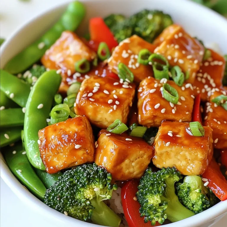 - 1 block (14 oz) firm tofu, pressed and cubed - 2 tablespoons cornstarch - 2 tablespoons vegetable oil - 1 red bell pepper, sliced - 1 cup broccoli florets - 1 cup sugar snap peas - 3 green onions, chopped - 4 cloves garlic, minced - 1 tablespoon ginger, grated - 1/4 cup soy sauce - 1/4 cup maple syrup - 1 tablespoon sesame oil - 1 tablespoon rice vinegar - 1 teaspoon sesame seeds for garnish Each ingredient plays a key role. The firm tofu adds protein. The cornstarch creates a crispy coating. Vegetable oil helps fry the tofu. The veggies add color and crunch. Adjust the amount of soy sauce and maple syrup for sweetness or saltiness. You can swap veggies based on what you have at home. - For tofu, you can use tempeh or seitan if you want a different flavor. - Instead of vegetable oil, try canola oil or peanut oil for frying. - If you don’t have soy sauce, tamari is a great gluten-free option. - Maple syrup can be swapped with honey or agave syrup for sweetness. - Rice vinegar can be replaced with apple cider vinegar for a similar tang. {{ingredient_image_1}} To start, you need to press the tofu. This helps remove extra water. Place the tofu block on a plate. Then, put another plate on top. You can add something heavy, like a can, to press it down. Let it sit for at least 30 minutes. After that, cut the tofu into bite-sized cubes. Next, toss the tofu cubes in cornstarch. Make sure each piece gets a nice coating. This is the secret to making it crispy. Heat 2 tablespoons of vegetable oil in a non-stick skillet or wok over medium-high heat. Once the oil is hot, add the tofu cubes in a single layer. Cook them for about 4-5 minutes on each side. They should turn golden brown and crispy. Once done, take the tofu out and set it aside. Now, it’s time for the veggies! In the same skillet, add the sliced red bell pepper, broccoli florets, and sugar snap peas. Stir-fry these colorful vegetables for about 3-4 minutes. You want them to look bright and slightly tender. Then, add the minced garlic and grated ginger. Cook for another minute until the aroma fills your kitchen. In a small bowl, mix soy sauce, maple syrup, sesame oil, and rice vinegar. This will be your teriyaki sauce. Return the crispy tofu to the skillet. Pour the teriyaki sauce over the tofu and vegetables. Gently toss everything to combine. Cook for another 2-3 minutes until everything is hot and well-coated. Finally, remove from heat and stir in chopped green onions. To get crispy tofu, start by pressing it. Remove extra moisture for at least 30 minutes. The drier the tofu, the better it will crisp up. Cut it into small cubes. Coat these cubes in cornstarch. This step is key for crunch. When you cook them, use enough oil. Heat the oil in your skillet until it's hot. This helps the tofu turn golden brown and crispy. For a great flavor, use fresh garlic and ginger. Mince the garlic finely and grate the ginger. Add these to the hot vegetables for the best taste. When making the teriyaki sauce, mix soy sauce with maple syrup. This combo gives sweetness and depth. Don't forget a splash of sesame oil and rice vinegar. These ingredients add a burst of flavor to your dish. Serve your stir fry in a large bowl. This makes it easy to share. Top it with sesame seeds for a nice crunch. Adding extra chopped green onions brightens the dish. Pair it with steamed rice or quinoa for a filling meal. You can also serve it with a side of pickled vegetables for a tangy kick. Enjoy your colorful and tasty meal! Pro Tips Press Tofu Properly: Ensure you press the tofu for at least 30 minutes to remove as much moisture as possible. This step is crucial for achieving that desired crispy texture. Even Cornstarch Coating: Make sure to coat the tofu evenly with cornstarch to ensure every piece becomes crispy when cooked. Shake off any excess cornstarch before frying. Stir-Fry in Batches: If your skillet is small, consider stir-frying the vegetables in batches. This prevents overcrowding and helps achieve that vibrant, slightly tender texture. Customize Your Sauce: Feel free to adjust the teriyaki sauce ingredients according to your taste. You can add more maple syrup for sweetness or a splash of chili sauce for heat. {{image_2}} You can make this dish even heartier by adding chicken or shrimp. For chicken, use boneless, skinless breasts. Cut them into bite-sized pieces. Cook them in the skillet first until they are golden brown. Then, follow the same steps for the tofu. If you prefer shrimp, use peeled and deveined shrimp. Add them to the pan after the veggies are almost done. Cook until they turn pink. This adds a nice protein boost and flavor. Feel free to switch up the veggies in your stir fry. You can add carrots, bell peppers, or snap peas. Try using zucchini or mushrooms for a different taste. Broccoli and bell peppers work well for color and crunch. Just make sure to cut them into even pieces for even cooking. The more colorful your dish, the more fun it is to eat! You can change the flavor of the sauce too! Instead of teriyaki, try a sweet and sour sauce. A spicy chili sauce adds a kick. You might like a peanut sauce for a nutty taste. Just mix it up in the same way as the teriyaki sauce. Each sauce brings its own flair to the dish. This way, you can enjoy a new meal every time! To store your crispy tofu teriyaki stir fry, let it cool first. Then, place it in an airtight container. Make sure to cover it well to keep it fresh. You can store it in the fridge for up to four days. If you want to keep it longer, freezing is a great option. When reheating, I suggest using a skillet. Heat a little oil over medium heat. Add the stir fry and cook until warm. This method keeps the tofu crispy. If using a microwave, place the stir fry in a microwave-safe dish. Heat in 30-second intervals. Stir in between to ensure even heating. You can freeze this stir fry, but keep a few things in mind. First, store it in a freezer-safe container. It can last up to three months in the freezer. When ready to eat, let it thaw in the fridge overnight. Reheat it in a skillet to regain that crispy texture. Avoid reheating it directly from the freezer, as it may become mushy. The best type of tofu for stir fry is firm tofu. Firm tofu holds its shape well during cooking. It crisps up nicely when cooked, giving you that great texture. Silken or soft tofu can break apart too easily. If you want crunch, go for firm tofu! Yes, you can make this recipe gluten-free. Just use gluten-free soy sauce or tamari. These options taste great and work well in the teriyaki sauce. Always check labels to ensure all your ingredients are gluten-free. It's easy to enjoy this dish without gluten! To store leftover stir fry, place it in an airtight container. Keep it in the fridge for up to three days. When you want to reheat it, use a skillet over medium heat. Stir it well until heated. You can also microwave it for a quick meal. Just make sure to cover it! In this blog post, we explored the essentials for a great stir fry. We covered the ingredients you need, from tofu to seasonings. I shared steps to prepare and cook tofu for a crispy texture. We also discussed tips for flavor and serving ideas. Variations included protein choices, vegetable swaps, and sauces. Lastly, I provided guidance on storage and reheating methods. Remember, you can customize this stir fry to fit your taste. Enjoy experimenting with different flavors and enjoy your meal!