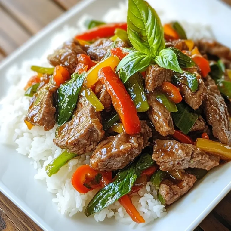 For this tasty dish, you will need: - 500g beef sirloin, thinly sliced - 4 cloves garlic, minced - 2 red chilies, sliced (adjust to taste) - 1 bell pepper, sliced (any color) - 1 cup fresh Thai basil leaves - 3 tablespoons soy sauce - 2 tablespoons oyster sauce - 1 tablespoon fish sauce - 1 tablespoon brown sugar - 2 tablespoons vegetable oil - Cooked jasmine rice for serving These ingredients work together to create a savory and fragrant meal. If you can't find something, don't worry! Here are some swaps: - Beef: You can use chicken, pork, or tofu for a different taste. - Fish sauce: Try soy sauce or tamari for a vegetarian option. - Brown sugar: Honey or coconut sugar works well too. - Bell pepper: You can use any color or even snap peas. These substitutions still keep the dish delicious. Fresh basil is key for flavor. Here are my tips: - Look for bright green leaves. Avoid brown or wilted ones. - Smell the basil. It should have a strong, sweet scent. - Choose leaves that feel soft and smooth, not rough or dry. Using the best basil makes your Thai Basil Beef Stir Fry shine! {{ingredient_image_1}} Start by mixing the sauce. In a small bowl, combine the soy sauce, oyster sauce, fish sauce, and brown sugar. Stir until the sugar dissolves. This sauce gives your dish a rich, savory taste. Set it aside for now. It will blend perfectly with the beef and veggies. Next, heat the oil. Use a large wok or frying pan. Pour in the vegetable oil and turn the heat to medium-high. Let it get hot but not smoking. You want to create a nice sizzle when you add the beef. This step is key for a great stir-fry. Now it’s time to cook the beef. Add the thinly sliced sirloin to the hot oil in a single layer. Don’t stir right away! Let it sear for about 1-2 minutes. This gives it a nice brown color and locks in flavor. After that, stir-fry for another 1-2 minutes until it’s nearly cooked through. Once the beef is almost done, add the garlic and chilies. Toss them in and stir-fry for about 30 seconds. The smell will be amazing! The garlic adds depth, and the chilies give a kick. You can adjust the chili if you like it milder. Now, add the sliced bell pepper to the pan. Stir-fry for about one minute. You want them to soften a bit but still stay crisp. This adds color and a nice crunch to your dish. Timing is important; don’t overcook them. It’s time to bring it all together. Pour the sauce over the beef and veggies. Then, add the fresh Thai basil leaves. Stir everything together and cook for another 1-2 minutes. The sauce should heat through, and the basil will wilt nicely. Now your dish is ready to serve! Stir-frying is quick and fun. Use a hot wok or pan. Heat the oil until it shimmers. This helps the meat sear well. Add the beef in one layer. Don't crowd the pan. Let it cook without stirring for a minute. This makes it brown nicely. Keep the food moving once you start stirring. This way, everything cooks evenly. Spice can make or break a dish. For a mild flavor, use one chili. If you love heat, add more. You can also remove the seeds from the chilies. This takes away some heat but keeps the flavor. Taste as you go. You can always add more spice, but it’s hard to take it away. To keep beef tender, slice it thinly against the grain. This breaks up the muscle fibers. Marinate the beef for 15-30 minutes before cooking. A mix of soy sauce and a touch of sugar works well. Cook it just until it’s no longer pink. Overcooking makes it tough. Enjoy that perfect, juicy bite! Pro Tips Use High Heat: Cooking on high heat allows the beef to sear properly, locking in flavor and moisture, resulting in a juicy stir-fry. Fresh Basil is Key: Always use fresh Thai basil for the best flavor; the aroma and taste are unmatched compared to dried herbs. Customize Spice Level: Adjust the number of red chilies based on your preference for heat; you can also use milder peppers if desired. Rest the Beef: Allow the beef to rest for a few minutes after slicing; this helps retain juices for a more tender bite. {{image_2}} You can switch the beef for chicken or tofu. Chicken works well and takes about the same time to cook. Use thin slices of chicken breast for a quick stir-fry. Tofu is a great choice for a plant-based meal. Choose firm tofu, press it to remove water, and cut it into cubes. This way, it absorbs all the tasty sauce. To make this dish vegetarian or vegan, simply replace the beef with tofu or tempeh. For sauces, check that your oyster sauce is vegan or use a mushroom sauce. You can also add more veggies like mushrooms or snap peas for extra nutrition. This keeps the dish flavorful while being meat-free. You can mix and match the veggies in this stir-fry. Try adding broccoli, carrots, or zucchini. Snow peas add a nice crunch. Use what you have at home or what is in season. Each veggie brings its own flavor and texture, keeping your meals exciting and fresh. To store your Thai Basil Beef Stir Fry, let it cool first. Place it in an airtight container. This keeps the meal fresh and tasty. You can store it in the fridge for up to three days. Make sure to keep the rice separate. This way, it stays fluffy and doesn't get soggy. When you reheat the stir fry, do it gently. Use a skillet over medium heat. Add a splash of water or broth to keep it moist. Stir often until it's heated through. If using a microwave, cover it with a lid to trap steam. Heat it in short bursts, stirring in between for even warming. You can freeze the Thai Basil Beef Stir Fry too. Just cool it down completely before freezing. Use freezer-safe bags or containers. Try to remove as much air as you can to prevent freezer burn. It can last up to three months in the freezer. When ready to eat, thaw it overnight in the fridge. Reheat it as mentioned above. This dish takes about 20 minutes from start to finish. You spend 10 minutes prepping the ingredients. Cooking takes another 10 minutes. It's quick, perfect for busy days. You can use dried basil, but fresh is best. Fresh Thai basil adds a bright flavor. If you must use dried, use less. About one tablespoon of dried for every cup of fresh works. I love serving this stir fry with jasmine rice. The rice soaks up the sauce nicely. You could also pair it with noodles or a simple salad for a lighter meal. Yes, it can be spicy due to the red chilies. To reduce the heat, use fewer chilies or remove the seeds. You can also add more bell peppers for sweetness and balance. Absolutely! You can mix the sauce a day ahead. Store it in the fridge until you are ready to cook. This saves time and lets the flavors blend well. In this blog post, we explored how to make Thai Basil Beef Stir Fry. We covered all the key ingredients and offered easy substitutes. I shared tips on picking the best fresh basil and step-by-step instructions to ensure great texture and flavor. We talked about various options, from proteins to veggies, and how to store your dish properly for later. Now you can confidently cook this dish, impressing yourself and others. Enjoy your cooking adventure!