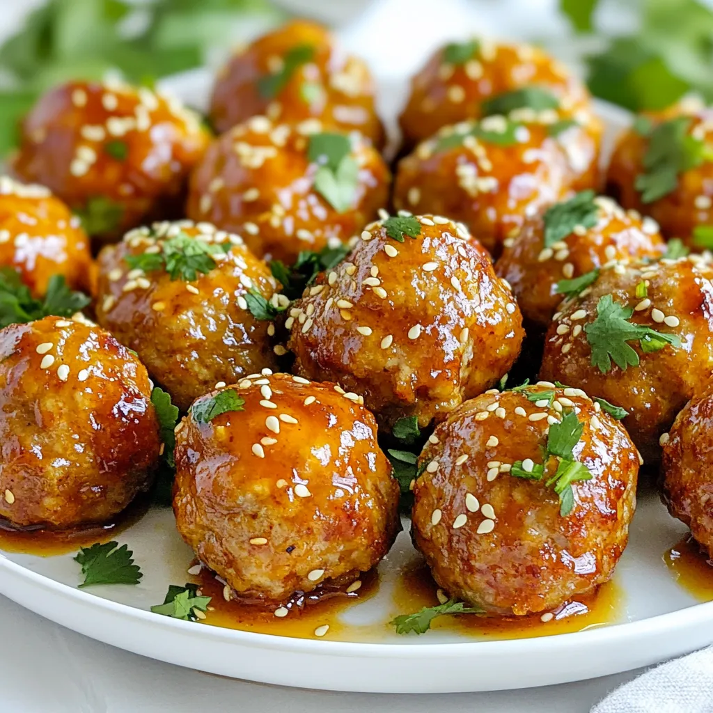 To make Honey Sriracha Meatballs, gather these simple ingredients: - 1 pound ground chicken (or turkey) - 1/2 cup breadcrumbs - 1/4 cup minced green onions - 2 cloves garlic, minced - 1 egg, beaten - 1 tablespoon soy sauce - 1 teaspoon grated ginger - 1/3 cup honey - 1/4 cup Sriracha sauce - 1 tablespoon rice vinegar - Salt and pepper to taste - Optional garnishes: sesame seeds, fresh cilantro Each ingredient plays a key role in flavor and texture. Ground chicken or turkey is lean and tender. Breadcrumbs help bind the meatballs. Minced green onions add freshness. Garlic gives a savory depth. The egg helps hold everything together. Soy sauce adds umami. Grated ginger brings warmth. Honey and Sriracha deliver the sweet and spicy kick. Rice vinegar balances the flavors. Salt and pepper enhance everything. Lastly, garnishes like sesame seeds and cilantro add a nice touch. These ingredients are easy to find. You can swap ground chicken with turkey or even pork for a different taste. Enjoy mixing these flavors together! {{ingredient_image_1}} 1. Preheating the oven Start by setting your oven to 400°F (200°C). This will get it hot and ready for your meatballs. Preheating helps cook them evenly. 2. Preparing the baking sheet Line a baking sheet with parchment paper. This makes cleanup easy and stops the meatballs from sticking. 3. Mixing the meatball ingredients In a large bowl, mix together 1 pound of ground chicken, 1/2 cup of breadcrumbs, 1/4 cup of minced green onions, and 2 minced garlic cloves. Add 1 beaten egg, 1 tablespoon of soy sauce, 1 teaspoon of grated ginger, salt, and pepper. Mix well until everything is combined. 4. Forming the meatballs Shape the mixture into small balls, about 1-inch in size. Place them on your lined baking sheet, giving them some space. 1. Whisking the glaze In a separate bowl, whisk together 1/3 cup of honey, 1/4 cup of Sriracha sauce, and 1 tablespoon of rice vinegar. Mix until smooth. Set aside a little sauce for later. 2. Coating the meatballs Brush or drizzle the glaze over the meatballs. Make sure each one is well coated for the best flavor. 3. Baking time and temperature Bake the meatballs in the oven for 18-20 minutes. They should be cooked through and golden brown when done. 4. Applying the glaze before serving Once the meatballs are out of the oven, brush them with the reserved glaze. This adds an extra kick of flavor. Baking is my go-to for these Honey Sriracha Meatballs. It keeps them juicy and tender. Frying can add a crispy edge but may also add unwanted grease. If you want to bake, preheat your oven to 400°F (200°C). It’s the best temperature for a golden brown finish. To shape perfect meatballs, wet your hands with water. This helps prevent the meat from sticking. Aim for about 1-inch rounds. This size ensures even cooking and great flavor in every bite. You can easily adjust the spiciness level. If you like it mild, reduce the Sriracha. For a kick, add more. Taste as you mix, and find your sweet spot. Consider adding more herbs or spices. Fresh cilantro adds brightness. You might also try garlic powder or onion powder for depth. Don't be afraid to get creative! Pro Tips Choose the Right Meat: Ground chicken or turkey works best for a lighter option, but you can also use ground beef for a richer flavor. Keep it Juicy: Make sure not to overmix the meatball mixture to keep them tender and juicy after baking. Adjust the Heat: Modify the amount of Sriracha in the glaze according to your spice preference for a milder or spicier kick. Perfect Serving: Serve these meatballs with toothpicks as an appetizer or over rice for a complete meal. {{image_2}} You can change the ground chicken if you want. Ground turkey works well too. It has a similar taste and texture. For a lighter meatball, consider using ground pork. Each option gives a unique flavor. If you need gluten-free breadcrumbs, try crushed rice cakes or cornflakes. You can also use ground oats as a healthy option. They bind well and keep the meatballs moist. Want to switch up the sauce? Try adding orange juice for a sweet twist. Mixing hoisin sauce with Sriracha gives a deeper flavor. You can also add lime juice for extra zest. Each change can make the dish exciting. For vegetarian or vegan options, use lentils or chickpeas instead of meat. Mash them well and mix with your other ingredients. For the glaze, substitute honey with maple syrup. This keeps the sweetness while making it plant-based. To keep your Honey Sriracha Meatballs fresh, store them in an airtight container. This helps lock in moisture and flavor. For best results, place them in the fridge right after they cool down. They will stay tasty for up to four days. If you want to save them for later, freezing is a great option. Just place the meatballs in a single layer on a baking sheet. Freeze them for a couple of hours until firm. Then, transfer them to a freezer-safe bag. They can last up to three months in the freezer. When you're ready to eat them, thaw the meatballs in the fridge overnight. This helps them warm evenly. How long do Honey Sriracha Meatballs last in the fridge? They stay fresh in the fridge for about four days. Always check for signs of spoilage before eating. If they smell off or look strange, it’s best to toss them. For frozen meatballs, use them within three months for the best taste. They may still be safe after that, but the flavor might change. Always mark your containers with dates to track freshness easily. Yes, you can make Honey Sriracha Meatballs ahead of time. Prepare the meatballs and bake them. Once done, let them cool. Store them in an airtight container in the fridge. They will stay fresh for up to three days. You can reheat them in the oven or microwave later. Honey Sriracha Meatballs go well with many sides. Here are some tasty options: - Steamed rice - Fried rice - Roasted vegetables - Asian-style slaw - Noodles These sides balance the sweet and spicy flavors of the meatballs. Absolutely! You can use other meats for this recipe. Ground turkey, beef, or pork works well. Each type will give a different taste. Choose what you like best. Just remember to adjust cooking time if needed. To change the sweetness, add more or less honey. For spiciness, adjust the Sriracha sauce. Start with a small amount and taste as you go. You can always add more. This way, you can make the dish just right for your taste buds. This blog post covered how to make Honey Sriracha Meatballs from start to finish. We discussed the key ingredients and their roles, from ground chicken to honey. I shared simple steps for preparing and baking, along with tips for perfect meatballs. Variations let you customize for taste or dietary needs. Finally, I provided storage tips to keep leftovers fresh. Enjoy making these meatballs at home, and don't be afraid to experiment!