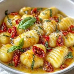 - 1 lb (450g) potato gnocchi - 1 cup sun-dried tomatoes in oil, drained and chopped - 1 cup heavy cream - 1/2 cup parmesan cheese, grated - 2 cloves garlic, minced - 1 teaspoon dried basil - 1 teaspoon dried oregano - Salt and pepper to taste - 2 tablespoons olive oil - Fresh basil leaves for garnish The main ingredient is gnocchi. You need one pound, which is about 450 grams. For flavor, use one cup of sun-dried tomatoes. They should be in oil and chopped. You will also need one cup of heavy cream to make it rich and creamy. Add half a cup of grated parmesan cheese for that cheesy goodness. Two cloves of garlic add nice flavor. You can also use one teaspoon each of dried basil and dried oregano for a herby touch. Don’t forget salt and pepper to taste. Finally, two tablespoons of olive oil help cook the garlic and tomatoes. For the garnish, use fresh basil leaves. If you want a lighter dish, you can replace heavy cream with half-and-half. You can also use nutritional yeast instead of parmesan for a vegan option. For a different flavor, try roasted red peppers instead of sun-dried tomatoes. If you like a kick, add some red pepper flakes. For a fresh touch, toss in some spinach or kale. These swaps can make this dish even more fun and tasty. {{ingredient_image_1}} Start by boiling water in a big pot. Add salt to the water. When the water boils, add 1 pound of potato gnocchi. Cook until they float, then drain them. Set the gnocchi aside. This step is quick and easy, taking about 3-5 minutes. Floating gnocchi means they are ready! In a large skillet, heat 2 tablespoons of olive oil over medium heat. Once hot, add 2 cloves of minced garlic. Sauté the garlic for 1 minute. It should smell great! Next, add 1 cup of chopped sun-dried tomatoes. Stir in 1 teaspoon of dried basil and 1 teaspoon of dried oregano. Cook this mix for 2-3 minutes to bring out the flavors. Lower the heat and pour in 1 cup of heavy cream. Stir well and let it simmer for about 5 minutes. This will help the sauce thicken a bit. Finally, add 1/2 cup of grated parmesan cheese. Mix until it melts and becomes creamy. Season with salt and pepper to taste. Now, gently add the cooked gnocchi to your creamy sauce. Toss them carefully to ensure every piece is coated in the sauce. Cook for an extra 2 minutes until everything is warm. Serve your dish hot. For a nice touch, garnish with fresh basil leaves and an extra sprinkle of parmesan if you like. Enjoy your creamy sun-dried tomato gnocchi! To make smooth and soft gnocchi, start with the right potatoes. Use starchy potatoes like russets. Boil them with their skin on, as this helps keep them dry. After boiling, let them cool before peeling. This step ensures the gnocchi stay light. When you mix the dough, avoid overworking it. Gnocchi should be fluffy, not dense. Sun-dried tomatoes pack a lot of flavor. To boost this, add fresh herbs. Fresh basil adds brightness, while oregano gives depth. You can also add a pinch of red pepper flakes for heat. Experiment with different cheeses, too. A mix of parmesan and pecorino can add richness. A squeeze of lemon juice at the end brightens the dish. One common mistake is cooking the gnocchi too long. They should float to the top, then you’re done. Overcooking makes them mushy. Another mistake is skimping on seasoning. Don’t forget salt and pepper in the sauce. Lastly, avoid rushing the sauce. Letting it simmer helps develop the flavors. Take your time for a better meal. Pro Tips Use Fresh Gnocchi: For the best texture and flavor, opt for fresh gnocchi instead of frozen or dried. Fresh gnocchi cooks quickly and has a delightful, pillowy texture. Adjust the Creaminess: If you prefer a lighter sauce, you can substitute half of the heavy cream with vegetable or chicken broth. This will still give you a delicious flavor without the extra richness. Customize Your Herbs: Feel free to experiment with different herbs! Fresh thyme or rosemary can add a lovely depth to the sauce if you want to switch things up from the dried basil and oregano. Leftover Storage: Store any leftovers in an airtight container in the fridge for up to 3 days. Reheat gently on the stovetop, adding a splash of cream or broth to loosen the sauce. {{image_2}} You can easily add protein to your creamy sun-dried tomato gnocchi. Chicken and shrimp work well. For chicken, use boneless, skinless breasts. Cook the chicken in the skillet before adding garlic. Cook until golden brown, then remove and chop. Add it back in with the gnocchi. For shrimp, sauté them until they turn pink. This will take about 3 minutes. Mix them in right before serving. Both options boost flavor and make the meal more filling. Adding vegetables is a smart way to enhance this dish. Spinach is a great choice. Just stir it in right after you add the cream. It wilts quickly and adds color. You can also use bell peppers for a crunchy texture. Chop them and sauté with garlic. This adds a sweet flavor to the dish. Other great options are zucchini or cherry tomatoes. Feel free to mix and match your favorite veggies! If you want a lighter or dairy-free version, there are options. Use coconut cream instead of heavy cream. It gives a rich texture without dairy. You can also try cashew cream. Just soak cashews in water, blend them, and add to the sauce. For cheese, try nutritional yeast. It adds a cheesy flavor without dairy. This way, you can enjoy creamy sun-dried tomato gnocchi while keeping it light and health-focused! After you make your creamy sun-dried tomato gnocchi, you might have leftovers. Store them in an airtight container. This keeps the gnocchi fresh and tasty for up to three days in the fridge. Make sure the dish cools down before sealing it. If you leave it out too long, it can spoil quickly. You can also freeze this creamy dish if you want to save it for later. Place the cooled gnocchi in a freezer-safe container. Remember to leave space at the top, as the gnocchi may expand. It keeps well for about one month. To thaw, put the container in the fridge overnight. When you’re ready to eat, reheat the gnocchi gently. Use a pan on low heat to warm it up. Stir in a splash of cream or water to keep it creamy. You can also use the microwave if you're in a hurry. Heat it in short bursts, stirring often. This will help it heat evenly and stay delicious. Enjoy your creamy sun-dried tomato gnocchi! Yes, you can use fresh gnocchi! Fresh gnocchi cooks quickly and has a great texture. Just remember to adjust the cooking time. Fresh gnocchi usually takes only a few minutes to float to the top of boiling water. Follow the same steps in the recipe for a creamy finish. To make this dish vegetarian, focus on your ingredients. The recipe is already meat-free! Just ensure your parmesan cheese is vegetarian. Some brands use animal rennet. You can also add extra veggies, like spinach or mushrooms, for more flavor and nutrition. Customizing flavors is easy! Here are a few ideas: - Herbs: Add thyme or rosemary for a different twist. - Spices: A pinch of red pepper flakes gives a spicy kick. - Cheese: Try using goat cheese for a tangy taste. - Veggies: Mix in bell peppers or zucchini for extra crunch. Feel free to experiment! The creamy sauce pairs well with many flavors. This blog post guided you through making delicious gnocchi with a creamy sauce. You learned about key ingredients, measurement tips, and alternatives. I shared steps for preparing the gnocchi, making the sauce, and perfecting the dish. We explored ways to enhance flavor and avoid common mistakes. I also covered storage tips and answered common questions. Now, you can create a tasty meal that fits your taste and needs. Enjoy your new skills and feel free to experiment with different flavors!