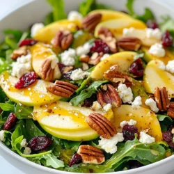 - 4 cups mixed salad greens - 1 large apple (sweet variety) - 1/2 cup pecans - 1/4 cup dried cranberries or cherries - 1/4 cup crumbled goat cheese or feta cheese (optional) - 2 tablespoons red onion - 1/4 cup maple syrup - 2 tablespoons apple cider vinegar - 1 tablespoon Dijon mustard - 1/4 cup olive oil - Salt and pepper to taste In this Apple Pecan Salad, each ingredient plays a key role. The mixed salad greens form a fresh base. I love using arugula, spinach, and romaine for varied flavors. You want a sweet apple, like Honeycrisp or Fuji. It adds a nice crunch and sweetness. Toasting the pecans brings out their rich nutty flavor. Just toast them in a skillet over medium heat for about five minutes. The dried cranberries or cherries add a pop of color and sweetness. If you want, crumble goat cheese or feta on top. It adds a creamy, tangy layer. Don't forget the red onion for a bit of sharpness. For the maple vinaigrette, mix maple syrup, apple cider vinegar, Dijon mustard, and olive oil. This dressing is sweet and tangy. Adjust the salt and pepper to your taste. This simple dressing ties all the flavors together in the salad. {{ingredient_image_1}} - First, I preheat a skillet over medium heat. - I add 1/2 cup of pecans to the hot skillet. - I cook them for about 5 minutes. I stir often to avoid burning. - When the pecans smell nice and toasty, I remove them from the heat and set them aside. - In a small bowl, I whisk together 1/4 cup of maple syrup, 2 tablespoons of apple cider vinegar, 1 tablespoon of Dijon mustard, and 1/4 cup of olive oil. - I mix until it looks smooth and well blended. - Then, I taste the vinaigrette and add salt and pepper to fit my liking. I adjust the sweetness or acidity if needed. - In a large bowl, I combine 4 cups of mixed salad greens, 1 large thinly sliced apple, the toasted pecans, 1/4 cup of dried cranberries, and 2 tablespoons of finely chopped red onion. - If I want, I can add 1/4 cup of crumbled goat cheese or feta cheese. - I drizzle the maple vinaigrette over the salad and toss everything gently. - To serve, I like to top the salad with extra pecans and cheese for a pretty look. Choosing the right apple makes a big difference. Sweet apples like Honeycrisp or Fuji work best. They add nice flavor and balance to the salad. Tart apples, like Granny Smith, can also be used. They give a nice contrast but can make the salad more sour. Think about texture too. Crunchy apples hold up well in salads. They stay crisp, which adds to the dish's overall appeal. Avoid softer apples as they may become mushy when mixed. You can add more flavor with spices or extra ingredients. A pinch of cinnamon can bring warmth. You might also try adding a sprinkle of nutmeg for a cozy taste. For extra crunch, consider adding some toasted seeds. Sunflower seeds or pumpkin seeds work well. They add a nice contrast to the pecans and apples. Making your salad look great is key. A simple garnish of extra pecans adds texture. You can also sprinkle some cheese on top for a pop of color. When serving guests, use a large bowl. This allows everyone to see the beautiful colors. You can also use small plates for individual servings. It makes the meal feel special. Pro Tips Choose the Right Apple: Opt for a sweet, crisp apple variety like Honeycrisp or Fuji for the best flavor and texture in your salad. Toast the Pecans: Always toast your pecans to enhance their flavor and add a delightful crunch to your salad. Adjust the Dressing: Taste your vinaigrette and adjust the sweetness or acidity to match your preference. A little extra maple syrup or vinegar can make a big difference! Serve Fresh: For the best taste and texture, serve the salad immediately after tossing with the dressing to keep the greens crisp. {{image_2}} You can boost this salad with protein. If you want meat, add grilled chicken or turkey. They add great taste and fill you up. For a vegetarian option, try chickpeas or quinoa. Both are tasty and healthy. This salad is fun to change with the seasons. In fall or winter, add roasted butternut squash or Brussels sprouts. They add warmth and flavor. In summer, fresh berries are a great swap. Strawberries or blueberries bring a sweet burst. If you need gluten-free options, this salad works well. Just check the labels on your ingredients. For a vegan twist, skip the cheese and use maple syrup. Both options keep the salad delicious and safe for everyone. To keep your Apple Pecan Salad fresh, refrigerate it right away. Use a clean, airtight container. This will help keep the greens crisp. Store it in the fridge for up to two days. If you mix in the dressing, eat it within a day. The greens can wilt if they sit too long. You should not freeze the salad as a whole. Freezing can ruin the texture and taste. However, some parts can freeze well. You can freeze the toasted pecans. They will stay crunchy and fresh. Just seal them in a bag before freezing. Store your greens and dressing separately. This will keep your salad fresh longer. Place the greens in a sealed container with a paper towel. The towel absorbs extra moisture. For the dressing, use a small jar with a lid. This keeps it fresh and ready to use. When you are ready to eat, just mix them together! Yes, you can use other nuts. Almonds, walnuts, or cashews work well. Each nut adds its own flavor. Almonds give a light crunch. Walnuts have a rich taste. Cashews are soft and buttery. Feel free to mix and match for a fun twist! To prep this salad ahead, keep the dressing separate. Chop and store the greens in a bag. Slice apples just before serving to prevent browning. You can toast the nuts in advance too. Store them in an airtight container for freshness. Assemble right before you eat for the best taste! This salad pairs great with grilled chicken. It also goes well with a hearty soup. Try it alongside a sandwich for lunch. You can serve it as a side dish or a light main course. Add a slice of crusty bread to complete your meal! This blog post shared how to create a delicious salad with fresh, healthy ingredients. We covered the key components, like the greens, apples, and nuts, as well as how to make a tasty maple vinaigrette. Remember, you can customize this salad by adding proteins or seasonal veggies. Store it properly to enjoy leftovers. Keep experimenting with flavors and get creative with your presentations. Each bite can be a new experience, so enjoy every salad you make!
