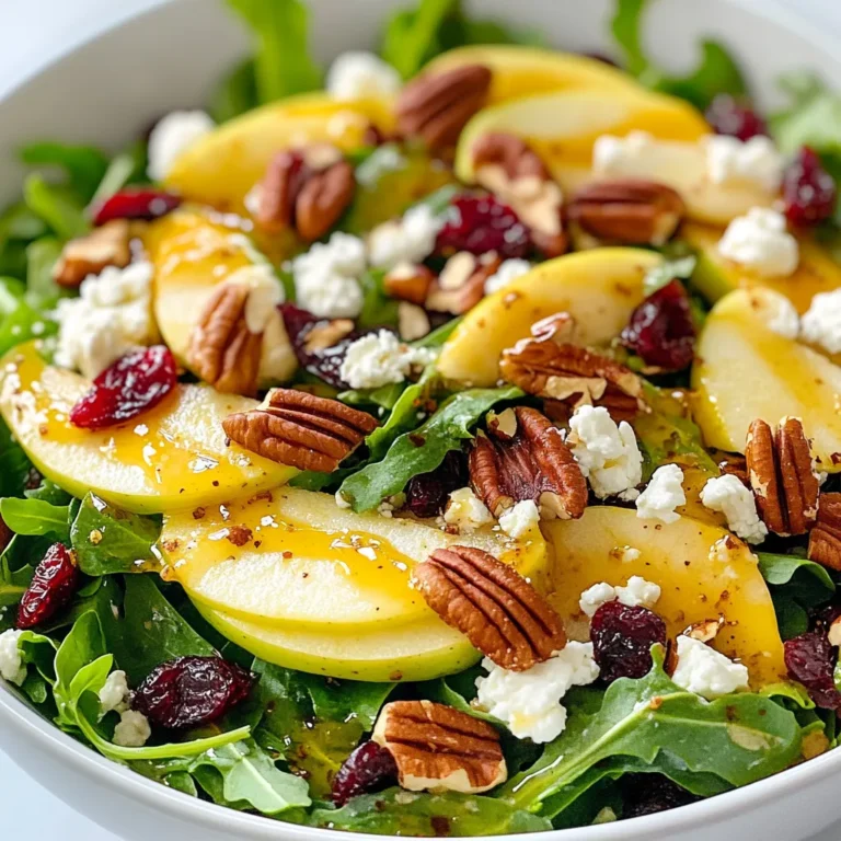 - 4 cups mixed salad greens - 1 large apple (sweet variety) - 1/2 cup pecans - 1/4 cup dried cranberries or cherries - 1/4 cup crumbled goat cheese or feta cheese (optional) - 2 tablespoons red onion - 1/4 cup maple syrup - 2 tablespoons apple cider vinegar - 1 tablespoon Dijon mustard - 1/4 cup olive oil - Salt and pepper to taste In this Apple Pecan Salad, each ingredient plays a key role. The mixed salad greens form a fresh base. I love using arugula, spinach, and romaine for varied flavors. You want a sweet apple, like Honeycrisp or Fuji. It adds a nice crunch and sweetness. Toasting the pecans brings out their rich nutty flavor. Just toast them in a skillet over medium heat for about five minutes. The dried cranberries or cherries add a pop of color and sweetness. If you want, crumble goat cheese or feta on top. It adds a creamy, tangy layer. Don't forget the red onion for a bit of sharpness. For the maple vinaigrette, mix maple syrup, apple cider vinegar, Dijon mustard, and olive oil. This dressing is sweet and tangy. Adjust the salt and pepper to your taste. This simple dressing ties all the flavors together in the salad. {{ingredient_image_1}} - First, I preheat a skillet over medium heat. - I add 1/2 cup of pecans to the hot skillet. - I cook them for about 5 minutes. I stir often to avoid burning. - When the pecans smell nice and toasty, I remove them from the heat and set them aside. - In a small bowl, I whisk together 1/4 cup of maple syrup, 2 tablespoons of apple cider vinegar, 1 tablespoon of Dijon mustard, and 1/4 cup of olive oil. - I mix until it looks smooth and well blended. - Then, I taste the vinaigrette and add salt and pepper to fit my liking. I adjust the sweetness or acidity if needed. - In a large bowl, I combine 4 cups of mixed salad greens, 1 large thinly sliced apple, the toasted pecans, 1/4 cup of dried cranberries, and 2 tablespoons of finely chopped red onion. - If I want, I can add 1/4 cup of crumbled goat cheese or feta cheese. - I drizzle the maple vinaigrette over the salad and toss everything gently. - To serve, I like to top the salad with extra pecans and cheese for a pretty look. Choosing the right apple makes a big difference. Sweet apples like Honeycrisp or Fuji work best. They add nice flavor and balance to the salad. Tart apples, like Granny Smith, can also be used. They give a nice contrast but can make the salad more sour. Think about texture too. Crunchy apples hold up well in salads. They stay crisp, which adds to the dish's overall appeal. Avoid softer apples as they may become mushy when mixed. You can add more flavor with spices or extra ingredients. A pinch of cinnamon can bring warmth. You might also try adding a sprinkle of nutmeg for a cozy taste. For extra crunch, consider adding some toasted seeds. Sunflower seeds or pumpkin seeds work well. They add a nice contrast to the pecans and apples. Making your salad look great is key. A simple garnish of extra pecans adds texture. You can also sprinkle some cheese on top for a pop of color. When serving guests, use a large bowl. This allows everyone to see the beautiful colors. You can also use small plates for individual servings. It makes the meal feel special. Pro Tips Choose the Right Apple: Opt for a sweet, crisp apple variety like Honeycrisp or Fuji for the best flavor and texture in your salad. Toast the Pecans: Always toast your pecans to enhance their flavor and add a delightful crunch to your salad. Adjust the Dressing: Taste your vinaigrette and adjust the sweetness or acidity to match your preference. A little extra maple syrup or vinegar can make a big difference! Serve Fresh: For the best taste and texture, serve the salad immediately after tossing with the dressing to keep the greens crisp. {{image_2}} You can boost this salad with protein. If you want meat, add grilled chicken or turkey. They add great taste and fill you up. For a vegetarian option, try chickpeas or quinoa. Both are tasty and healthy. This salad is fun to change with the seasons. In fall or winter, add roasted butternut squash or Brussels sprouts. They add warmth and flavor. In summer, fresh berries are a great swap. Strawberries or blueberries bring a sweet burst. If you need gluten-free options, this salad works well. Just check the labels on your ingredients. For a vegan twist, skip the cheese and use maple syrup. Both options keep the salad delicious and safe for everyone. To keep your Apple Pecan Salad fresh, refrigerate it right away. Use a clean, airtight container. This will help keep the greens crisp. Store it in the fridge for up to two days. If you mix in the dressing, eat it within a day. The greens can wilt if they sit too long. You should not freeze the salad as a whole. Freezing can ruin the texture and taste. However, some parts can freeze well. You can freeze the toasted pecans. They will stay crunchy and fresh. Just seal them in a bag before freezing. Store your greens and dressing separately. This will keep your salad fresh longer. Place the greens in a sealed container with a paper towel. The towel absorbs extra moisture. For the dressing, use a small jar with a lid. This keeps it fresh and ready to use. When you are ready to eat, just mix them together! Yes, you can use other nuts. Almonds, walnuts, or cashews work well. Each nut adds its own flavor. Almonds give a light crunch. Walnuts have a rich taste. Cashews are soft and buttery. Feel free to mix and match for a fun twist! To prep this salad ahead, keep the dressing separate. Chop and store the greens in a bag. Slice apples just before serving to prevent browning. You can toast the nuts in advance too. Store them in an airtight container for freshness. Assemble right before you eat for the best taste! This salad pairs great with grilled chicken. It also goes well with a hearty soup. Try it alongside a sandwich for lunch. You can serve it as a side dish or a light main course. Add a slice of crusty bread to complete your meal! This blog post shared how to create a delicious salad with fresh, healthy ingredients. We covered the key components, like the greens, apples, and nuts, as well as how to make a tasty maple vinaigrette. Remember, you can customize this salad by adding proteins or seasonal veggies. Store it properly to enjoy leftovers. Keep experimenting with flavors and get creative with your presentations. Each bite can be a new experience, so enjoy every salad you make!